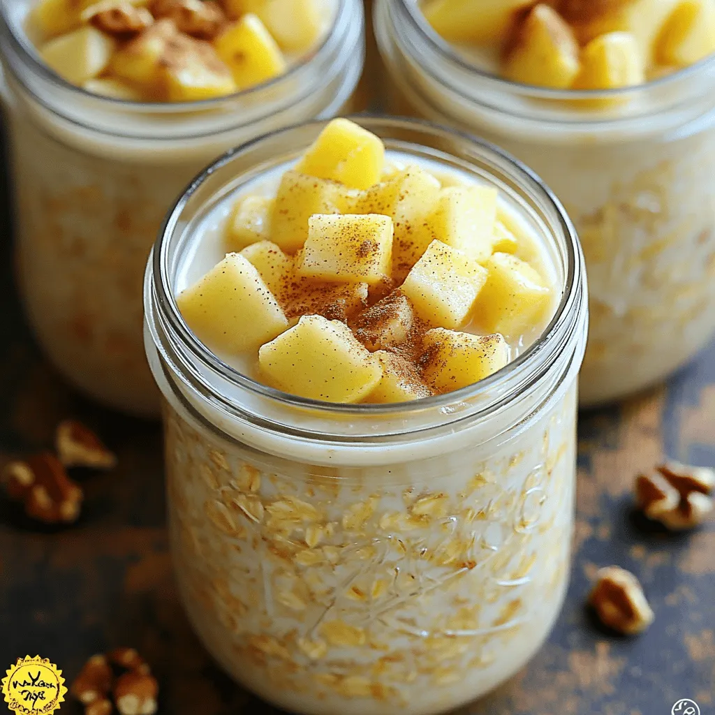 To make Apple Cinnamon Overnight Oats, you will need the following ingredients: - 1 cup rolled oats - 1 ½ cups almond milk (or any milk of your choice) - 1 medium apple, diced (preferably a sweet variety like Fuji or Honeycrisp) - 1 teaspoon ground cinnamon - 2 tablespoons maple syrup (or honey) - 1 tablespoon chia seeds (optional for added texture) - ¼ cup Greek yogurt (for creaminess, can be omitted for dairy-free) - A pinch of salt - Chopped walnuts or pecans for topping (optional) These ingredients blend well. The rolled oats give a hearty base. Almond milk adds creaminess. Diced apples bring sweetness and crunch. Cinnamon enhances warmth and flavor. Maple syrup or honey provides natural sweetness. Chia seeds add a fun texture. Greek yogurt makes it creamy, while salt balances flavors. Topping with nuts gives a nice crunch. Make sure to pick a sweet apple for the best taste. You can customize by using different types of milk or sweeteners. For a dairy-free option, just skip the yogurt. You can find the full recipe in the main article. Enjoy your healthy breakfast! 1. Combine rolled oats, almond milk, cinnamon, syrup, chia seeds, and salt. In a medium bowl, mix 1 cup of rolled oats, 1 ½ cups of almond milk, 1 teaspoon of ground cinnamon, 2 tablespoons of maple syrup, 1 tablespoon of chia seeds, and a pinch of salt. Stir until everything is well mixed. 2. Fold in diced apple and Greek yogurt (if using). Take 1 medium diced apple and gently fold it into the oat mixture. If you want extra creaminess, add ¼ cup of Greek yogurt. 3. Divide into jars and refrigerate. Pour the mixture into two jars or airtight containers. Seal them and place them in your fridge. Let them chill overnight or for at least 4 hours. - How to stir and add consistency in the morning. In the morning, take out your jars of oats. Stir them well. If they seem too thick, add a splash of almond milk to loosen them up. - Topping ideas for enhanced flavor. You can top your oats with more diced apples, a sprinkle of cinnamon, or some chopped walnuts or pecans. These toppings add great flavor and crunch! Enjoy your tasty Apple Cinnamon Overnight Oats from the Full Recipe! When making apple cinnamon overnight oats, choosing the right oats is key. I always use rolled oats. They soak up the liquid well and give a nice, chewy texture. Avoid instant oats; they can turn mushy. Keep your oats fresh by checking the date on the package. Adjusting sweetness is another important step. If you like sweeter oats, add more maple syrup or honey. Start with two tablespoons, then taste. You can always add more later. Keep in mind that the apple adds natural sweetness too. You can easily make this recipe dairy-free or vegan. For a dairy-free version, just skip the Greek yogurt. Use almond milk or another plant-based milk. This keeps it creamy and delicious without dairy. Feel free to mix in different fruits and nuts. Berries or bananas can add a fun twist. You could also try nuts like almonds or pecans. They add great crunch and flavor. Don’t hesitate to get creative and make it your own! For the full recipe, check out the details above. {{image_2}} You can change the flavor of your Apple Cinnamon Overnight Oats easily. Try adding spices like nutmeg or ginger. These spices give a warm twist to the dish. If you want a different sweet taste, swap maple syrup for agave or honey. This small change can make your oats feel fresh and new. Texture is key in any dish. To add crunch, include seeds, nuts, or granola. Walnuts or pecans work great on top. They give a nice bite and extra flavor. You can also adjust the yogurt amount for creaminess. If you want it thick, add more yogurt. For a lighter feel, use less. These tweaks can change how you enjoy your oats. Check the full recipe for more ideas. To keep your apple cinnamon overnight oats fresh, store them in the fridge. Use airtight jars or containers. This keeps the oats moist and prevents odors from other foods. Make sure to seal them tightly. These oats will last about 3 to 5 days in the fridge. If you see any mold or the oats smell sour, it’s best to toss them. Always check for signs of spoilage before eating. If you want to enjoy your oats warm, reheating is easy. Pour the oats into a bowl and microwave them for about 30 seconds. Stir them halfway through to heat evenly. To keep the oats creamy, add a splash of almond milk or water before reheating. This helps maintain their nice texture. Enjoy your warm oats with fresh toppings for an extra treat! How long do overnight oats last in the fridge? Overnight oats can last in the fridge for up to five days. This makes them great for meal prep. Just store them in airtight containers to keep them fresh. Can I use quick oats instead of rolled oats? Yes, you can use quick oats. However, they will absorb more liquid and may become mushy. Rolled oats give a better texture and chew. What’s the best way to meal prep overnight oats? To meal prep overnight oats, prepare several jars at once. Layer your ingredients in jars, seal them, and store them in the fridge. This saves time and makes mornings easy. Can I substitute almond milk with other types of milk? Absolutely! You can use any milk you like, such as cow's milk, soy milk, or oat milk. Each will give a slightly different flavor and texture. Apple cinnamon overnight oats are easy to make and tasty. You combine oats with milk, apples, and spices for a great meal. You can customize the recipe with various fruits or nuts. Remember to store your oats in the fridge for freshness. This simple dish gives you a healthy start to your day. Enjoy your creations and make them your own!