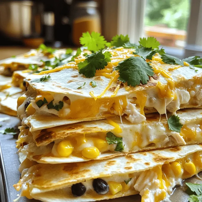 - 2 cups cooked chicken, shredded - 4 large flour tortillas - 1 cup Alfredo sauce (store-bought or homemade) - 2 cups shredded mozzarella cheese - 1 cup shredded cheddar cheese - 1/2 cup corn (canned or frozen) - 1/2 cup black beans, rinsed and drained - Seasonings: garlic powder, onion powder, chili powder, salt, and pepper - Fresh cilantro (for garnish) Gathering the right ingredients is key to making Chicken and Cheese Quesadilla Alfredo Casserole. Start by using two cups of cooked chicken, shredded from a rotisserie or leftover roast. Flour tortillas work best, and you’ll need four large ones. Next, you have the option to use a cup of Alfredo sauce, which you can buy or make from scratch. For cheese, I suggest two cups of shredded mozzarella. It melts beautifully. Add one cup of shredded cheddar for a rich flavor. Don’t forget the extras! A half-cup of corn adds sweetness, while black beans give protein and texture. Season your mix with garlic powder, onion powder, and chili powder to bring warmth. Salt and pepper balance the flavors. Finally, a sprinkle of fresh cilantro on top adds color and freshness. Once you have these ingredients, you are ready to create a delicious meal. You can find the full recipe to guide you through the cooking process. - Preheat the oven to 350°F (175°C). - In a large bowl, mix shredded chicken, Alfredo sauce, corn, black beans, garlic powder, onion powder, chili powder, salt, and pepper. Stir until all ingredients are well combined. - Lightly grease a 9x13 inch baking dish. Place two tortillas flat in the dish to cover the bottom. - Spread half of the chicken mixture over the tortillas. Sprinkle 1 cup of shredded mozzarella cheese on top. - Add two more tortillas on the cheese layer. Use the remaining chicken mixture on top of these tortillas. - Finish by topping with the rest of the mozzarella and cheddar cheese, spreading it evenly. - Cover the dish with aluminum foil and bake for 25 minutes. - After 25 minutes, remove the foil. Continue to bake until the cheese is bubbly and golden brown, about 10-15 more minutes. This method creates a delicious Chicken and Cheese Quesadilla Alfredo Casserole that is sure to please. For the full recipe, check out the details above! To get the best texture for your Chicken and Cheese Quesadilla Alfredo Casserole, focus on the bake time and temperature. I recommend baking it at 350°F (175°C). This heat allows the cheese to melt slowly and evenly. Cover the dish with foil for the first 25 minutes. This keeps the moisture in. After that, remove the foil to let the cheese brown nicely. Even melting of the cheese is key. Use a mix of mozzarella and cheddar for a great flavor blend. Spread the cheese evenly across the top. This helps it melt uniformly and creates a gooey texture throughout. When serving, I like to present the casserole hot from the oven. Garnish it with fresh cilantro for a pop of color. It looks appealing and adds a fresh taste. Consider pairing this dish with sides like sour cream and salsa. These add creaminess and zest. You can also serve it with a side salad for some crunch and freshness. For this recipe, a 9x13 inch baking dish works best. It provides enough space for layers and allows even cooking. Use a spatula for mixing the ingredients and a sharp knife for slicing the casserole. These tools help you serve the dish easily. Check out the Full Recipe for more details on ingredient prep and cooking steps! {{image_2}} You can use different proteins in this casserole. If you want a change from chicken, try turkey. Shredded turkey works great and has a similar taste. You can also use ground beef for a heartier option. Just cook it first and drain the fat. For a vegetarian twist, use black beans or lentils. These options add protein and flavor without meat. You can choose between homemade and store-bought Alfredo sauce. Homemade sauce tastes fresh and creamy. It usually has butter, cream, and cheese. Store-bought is quick and easy. Check the label for good quality. You can also try other sauces. A spicy cheese sauce can add heat. A creamy salsa sauce brings a zesty kick. Mix and match to find your favorite flavor. Adding vegetables can enhance your casserole. Bell peppers add sweetness and color. Onions bring a nice crunch. You can also try spinach or corn for extra nutrients. If you like spice, add jalapeños. They give a nice heat and flavor boost. Just chop them up and mix them in with the chicken. Use these ideas to make your dish unique. For the full recipe, refer to the section above. After enjoying your Chicken and Cheese Quesadilla Alfredo Casserole, cool it down. Place it in a shallow dish. This helps it cool faster. Use airtight containers for the best storage. Glass or plastic containers work well. Make sure to seal them tightly to keep the flavors fresh. To reheat, the oven works best. Preheat it to 350°F (175°C). Place the casserole in an oven-safe dish. Cover with foil to keep it moist. Heat for about 20 minutes, or until warm. You can also microwave individual portions. Heat for one to two minutes, checking to avoid hot spots. If you want to freeze it, do so before baking. Wrap it tightly in plastic wrap and foil. Thaw it in the fridge overnight before baking. Store leftovers in the fridge for up to three days. If you freeze it, it lasts up to three months. Check for signs of spoilage, like off smells or mold. If it looks or smells strange, toss it out. Remember, safe storage keeps your meal delicious and healthy. For the full recipe, feel free to explore other sections. Yes, you can prepare this casserole ahead of time. First, make the chicken mixture as directed. Layer the tortillas, chicken, and cheese in your dish. Cover it tightly with foil. Store in the fridge for up to 24 hours. When ready, bake it directly from the fridge. Just add a few extra minutes to the baking time to ensure it heats through. This makes it easy to serve at a later time. You can use corn or flour tortillas. Flour tortillas are softer and easier to layer. They also give a nice texture in the casserole. Corn tortillas have a great flavor and crisp up well. If you choose corn, you might want to soften them in the microwave first. This helps them bend without breaking. Both types work well, so pick your favorite! If you don’t have Alfredo sauce, you can make your own. Mix heavy cream, butter, garlic, and Parmesan cheese for a quick version. You can also use cream cheese or sour cream for a different twist. For a lighter option, consider a white sauce made with low-fat milk. You can even try salsa or a spicy sauce for a fun change. Toppings can elevate your casserole. Fresh cilantro adds a burst of flavor. You can also use sliced jalapeños for some heat. Sour cream is perfect for cooling things down. Chopped green onions add crunch and color. Serve with salsa or guacamole on the side. These toppings make each bite even more delightful! This blog post covers a tasty chicken casserole that’s easy to make. We discussed key ingredients, instructions, and helpful tips to create the best texture. Plus, I shared ideas for variations to match your taste. With simple steps and a few ingredients, you can enjoy this meal anytime. Experiment with flavors and toppings, and don't forget to store leftovers correctly. Your family will love this comforting dish, and you'll feel great serving it!