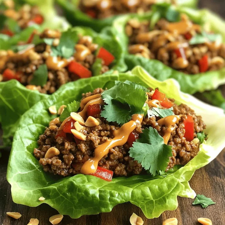 - 1 lb ground beef - 2 tablespoons sesame oil - 2 tablespoons soy sauce - 1 tablespoon sriracha - 3 garlic cloves, minced - 1-inch piece ginger, grated - 1 red bell pepper, diced - 1 green onion, chopped - 1 head of butter lettuce (or iceberg lettuce), separated into leaves - 1 tablespoon honey - 1 tablespoon rice vinegar - 1/4 cup water chestnuts, finely chopped - Fresh cilantro leaves for garnish - Chopped peanuts for crunch When I cook spicy beef lettuce wraps, I focus on fresh ingredients. Ground beef forms the base. I like to use sesame oil for cooking. It adds a warm, nutty flavor. The fresh produce makes the dish vibrant. Garlic and ginger give it a rich aroma. Red bell pepper adds sweetness and color. Green onion brings a fresh bite. Always pick crisp lettuce for wrapping. Butter lettuce is my favorite, but iceberg works too. For a little extra flavor, I use optional add-ins. Honey balances the spice from sriracha. Rice vinegar gives a tangy kick. Water chestnuts add crunch. Fresh cilantro offers a burst of brightness. And chopped peanuts? They add the best crunch on top. For the full recipe, check the section above! Start by measuring out all your ingredients. Use a scale for the ground beef and tablespoons for the liquids. Next, chop your veggies. Dice the red bell pepper and slice the green onion. Mince the garlic and grate the ginger. Keeping your workspace neat helps you work faster. Lay out all your ingredients for easy access. This makes cooking smooth and fun. Heat the sesame oil in a large skillet over medium heat. Wait until it shimmers, then add the ground beef. Cook the beef for 5-7 minutes. Break it apart with a spatula as it cooks. Look for a nice brown color. This shows it is done. Next, add the minced garlic and grated ginger. Stir for 1-2 minutes until you smell that great aroma. Now it's time to mix in the sauces. Pour in the soy sauce, sriracha, rice vinegar, and honey. Stir everything well. Let it simmer for 2-3 minutes. This helps all the flavors blend. After that, add the diced red bell pepper and chopped water chestnuts. Cook for another 2 minutes to soften the veggies. This adds crunch and color to your dish. To serve, take a leaf from your butter lettuce. Spoon a good amount of the beef mixture onto it. You can also use iceberg lettuce if you prefer it. For a nice finish, top with fresh cilantro. If you want extra crunch, sprinkle chopped peanuts on top. These wraps are tasty and fun to eat. Enjoy them with friends or family. For the full recipe, check the section above. To boost the taste of your spicy beef lettuce wraps, choose the right spices. Use fresh garlic and ginger. These two bring great depth to the dish. Consider adding a bit of cumin or paprika for warmth. You can also play with the heat. Adjust the sriracha based on your taste. If you like it hot, add more sriracha. If you prefer milder flavors, reduce the amount. Cooking the beef properly is key. Start with medium heat and make sure the skillet is hot. This helps brown the beef well. Break it up into small pieces while cooking. This gives you a nice texture. For the veggies, make sure they stay crunchy. Add them towards the end of cooking. This way, they keep their color and bite. For sides, serve these wraps with rice or noodles. They balance the spicy beef nicely. You can also add a fresh salad for a crunch. When it comes to dipping sauces, consider hoisin or peanut sauce. These pair well with the wraps. They add a rich flavor and extra creaminess. For the full recipe, check the link above. {{image_2}} You can switch up the protein in this dish. Ground turkey or chicken works great. These meats have a lighter taste. They also soak up flavors well. You can use them in the same way as beef. Just cook them until they are no longer pink. For a vegetarian option, consider using tofu. Firm tofu is best for this recipe. Press it to remove extra water, then crumble it. Cook it in the same way as the beef. Add your favorite spices to boost the flavor. If you need a gluten-free option, look for gluten-free soy sauce. This sauce gives the same salty flavor without gluten. You can also use tamari as a great substitute. Feel free to add more veggies. Carrots, snap peas, or mushrooms can add crunch and color. Just chop them small and throw them in when cooking. They will add extra nutrients and taste. Get creative with herbs. Cilantro is a classic choice, but mint or basil can surprise you. These herbs can add a fresh twist to your wraps. You can also add fruit for sweetness. Diced pineapple or mango can balance the heat. Toss in small pieces right before serving. This makes the dish more fun and flavorful. For the full recipe, check the previous section. To store your spicy beef lettuce wraps, use airtight containers. This keeps the beef fresh and prevents odors from mixing. Place any leftover beef mixture in one container. Keep the lettuce leaves in another container with a damp paper towel. This towel helps keep the lettuce crisp. You can freeze the spicy beef mixture. Just let it cool before placing it in a freezer-safe bag. Squeeze out any air to prevent freezer burn. When you want to eat it, thaw the mixture in the fridge overnight. To reheat, warm it in a skillet over low heat until hot. For easy meal prep, chop your veggies ahead of time. Store them in separate containers. You can also cook the beef mixture and refrigerate it. This way, you can assemble wraps quickly. Keep the lettuce leaves in a cool spot to ensure they stay fresh. This makes weeknight dinners a breeze. Enjoy your meals without stress! For the full recipe, check out the ingredients and instructions. To make spicy beef lettuce wraps milder, you can adjust the sriracha levels. Start with half the amount. Taste and add more if needed. This way, you control the heat. You can also substitute sriracha with milder sauces. Try using sweet chili sauce or hoisin sauce. These options add flavor without extra heat. Butter lettuce is a great choice for wraps. Its leaves are soft and easy to fold. They hold the filling well. Iceberg lettuce is another option. It has a nice crunch but can be harder to wrap. Other lettuce options include romaine and green leaf lettuce. Each type has its unique texture. Choose what you like best for your wraps. Yes, you can prepare spicy beef lettuce wraps in advance. Cook the beef mixture and store it in the fridge. This keeps the flavors fresh. For fresh toppings, keep them separate. Chopped veggies and herbs stay crisp this way. Add them just before serving for the best taste. Check the Full Recipe for more tips on meal prep. In this article, we explored the tasty world of spicy beef lettuce wraps. We looked at key ingredients, cooking steps, and helpful tips to make your wraps shine. You can play with flavors by trying different proteins or veggies. Storing leftovers properly will keep your wraps fresh. Enjoy crafting these delicious wraps and impressing your friends and family. With a few simple steps, you’ll make a meal that’s both fun and satisfying. Dive in, experiment, and enjoy every bite!