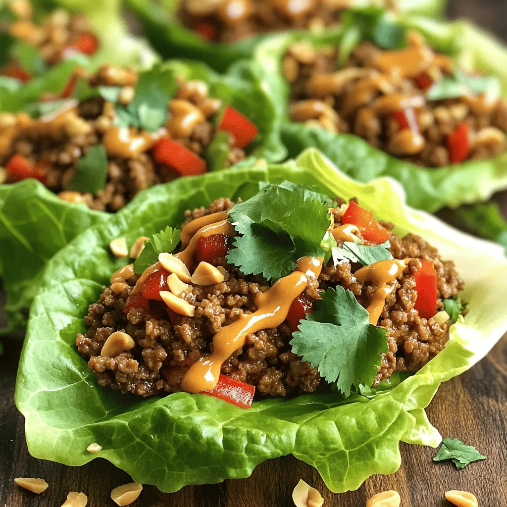 - 1 lb ground beef - 2 tablespoons sesame oil - 2 tablespoons soy sauce - 1 tablespoon sriracha - 3 garlic cloves, minced - 1-inch piece ginger, grated - 1 red bell pepper, diced - 1 green onion, chopped - 1 head of butter lettuce (or iceberg lettuce), separated into leaves - 1 tablespoon honey - 1 tablespoon rice vinegar - 1/4 cup water chestnuts, finely chopped - Fresh cilantro leaves for garnish - Chopped peanuts for crunch When I cook spicy beef lettuce wraps, I focus on fresh ingredients. Ground beef forms the base. I like to use sesame oil for cooking. It adds a warm, nutty flavor. The fresh produce makes the dish vibrant. Garlic and ginger give it a rich aroma. Red bell pepper adds sweetness and color. Green onion brings a fresh bite. Always pick crisp lettuce for wrapping. Butter lettuce is my favorite, but iceberg works too. For a little extra flavor, I use optional add-ins. Honey balances the spice from sriracha. Rice vinegar gives a tangy kick. Water chestnuts add crunch. Fresh cilantro offers a burst of brightness. And chopped peanuts? They add the best crunch on top. For the full recipe, check the section above! Start by measuring out all your ingredients. Use a scale for the ground beef and tablespoons for the liquids. Next, chop your veggies. Dice the red bell pepper and slice the green onion. Mince the garlic and grate the ginger. Keeping your workspace neat helps you work faster. Lay out all your ingredients for easy access. This makes cooking smooth and fun. Heat the sesame oil in a large skillet over medium heat. Wait until it shimmers, then add the ground beef. Cook the beef for 5-7 minutes. Break it apart with a spatula as it cooks. Look for a nice brown color. This shows it is done. Next, add the minced garlic and grated ginger. Stir for 1-2 minutes until you smell that great aroma. Now it's time to mix in the sauces. Pour in the soy sauce, sriracha, rice vinegar, and honey. Stir everything well. Let it simmer for 2-3 minutes. This helps all the flavors blend. After that, add the diced red bell pepper and chopped water chestnuts. Cook for another 2 minutes to soften the veggies. This adds crunch and color to your dish. To serve, take a leaf from your butter lettuce. Spoon a good amount of the beef mixture onto it. You can also use iceberg lettuce if you prefer it. For a nice finish, top with fresh cilantro. If you want extra crunch, sprinkle chopped peanuts on top. These wraps are tasty and fun to eat. Enjoy them with friends or family. For the full recipe, check the section above. To boost the taste of your spicy beef lettuce wraps, choose the right spices. Use fresh garlic and ginger. These two bring great depth to the dish. Consider adding a bit of cumin or paprika for warmth. You can also play with the heat. Adjust the sriracha based on your taste. If you like it hot, add more sriracha. If you prefer milder flavors, reduce the amount. Cooking the beef properly is key. Start with medium heat and make sure the skillet is hot. This helps brown the beef well. Break it up into small pieces while cooking. This gives you a nice texture. For the veggies, make sure they stay crunchy. Add them towards the end of cooking. This way, they keep their color and bite. For sides, serve these wraps with rice or noodles. They balance the spicy beef nicely. You can also add a fresh salad for a crunch. When it comes to dipping sauces, consider hoisin or peanut sauce. These pair well with the wraps. They add a rich flavor and extra creaminess. For the full recipe, check the link above. {{image_2}} You can switch up the protein in this dish. Ground turkey or chicken works great. These meats have a lighter taste. They also soak up flavors well. You can use them in the same way as beef. Just cook them until they are no longer pink. For a vegetarian option, consider using tofu. Firm tofu is best for this recipe. Press it to remove extra water, then crumble it. Cook it in the same way as the beef. Add your favorite spices to boost the flavor. If you need a gluten-free option, look for gluten-free soy sauce. This sauce gives the same salty flavor without gluten. You can also use tamari as a great substitute. Feel free to add more veggies. Carrots, snap peas, or mushrooms can add crunch and color. Just chop them small and throw them in when cooking. They will add extra nutrients and taste. Get creative with herbs. Cilantro is a classic choice, but mint or basil can surprise you. These herbs can add a fresh twist to your wraps. You can also add fruit for sweetness. Diced pineapple or mango can balance the heat. Toss in small pieces right before serving. This makes the dish more fun and flavorful. For the full recipe, check the previous section. To store your spicy beef lettuce wraps, use airtight containers. This keeps the beef fresh and prevents odors from mixing. Place any leftover beef mixture in one container. Keep the lettuce leaves in another container with a damp paper towel. This towel helps keep the lettuce crisp. You can freeze the spicy beef mixture. Just let it cool before placing it in a freezer-safe bag. Squeeze out any air to prevent freezer burn. When you want to eat it, thaw the mixture in the fridge overnight. To reheat, warm it in a skillet over low heat until hot. For easy meal prep, chop your veggies ahead of time. Store them in separate containers. You can also cook the beef mixture and refrigerate it. This way, you can assemble wraps quickly. Keep the lettuce leaves in a cool spot to ensure they stay fresh. This makes weeknight dinners a breeze. Enjoy your meals without stress! For the full recipe, check out the ingredients and instructions. To make spicy beef lettuce wraps milder, you can adjust the sriracha levels. Start with half the amount. Taste and add more if needed. This way, you control the heat. You can also substitute sriracha with milder sauces. Try using sweet chili sauce or hoisin sauce. These options add flavor without extra heat. Butter lettuce is a great choice for wraps. Its leaves are soft and easy to fold. They hold the filling well. Iceberg lettuce is another option. It has a nice crunch but can be harder to wrap. Other lettuce options include romaine and green leaf lettuce. Each type has its unique texture. Choose what you like best for your wraps. Yes, you can prepare spicy beef lettuce wraps in advance. Cook the beef mixture and store it in the fridge. This keeps the flavors fresh. For fresh toppings, keep them separate. Chopped veggies and herbs stay crisp this way. Add them just before serving for the best taste. Check the Full Recipe for more tips on meal prep. In this article, we explored the tasty world of spicy beef lettuce wraps. We looked at key ingredients, cooking steps, and helpful tips to make your wraps shine. You can play with flavors by trying different proteins or veggies. Storing leftovers properly will keep your wraps fresh. Enjoy crafting these delicious wraps and impressing your friends and family. With a few simple steps, you’ll make a meal that’s both fun and satisfying. Dive in, experiment, and enjoy every bite!
