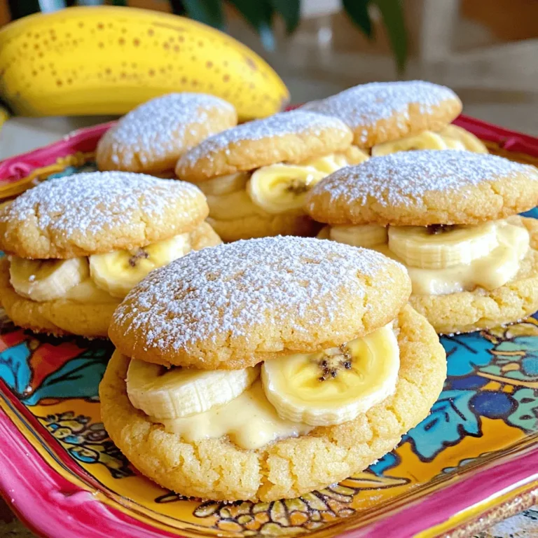 - 1 cup ripe bananas, mashed - 1/2 cup unsalted butter, softened - 1/2 cup packed brown sugar To make stuffed banana pudding cookies, you need ripe bananas. I use about two large bananas. When bananas are ripe, they are sweet and soft, perfect for mashing. You also need unsalted butter. Softened butter helps create a smooth dough. Brown sugar adds moisture and a rich flavor. - 1 1/2 cups all-purpose flour - 1/2 teaspoon baking soda - 1/2 teaspoon salt The dry ingredients are key for structure. All-purpose flour gives the cookies their shape. Baking soda helps them rise and become fluffy. Salt balances the sweetness and enhances flavor. - 1 cup instant vanilla pudding mix - 1/2 cup mini chocolate chips - 1/2 cup chopped walnuts (optional) For extra creaminess, I add instant vanilla pudding mix. It makes the cookies taste richer. Mini chocolate chips give a delightful sweet bite. If you like, you can add chopped walnuts for crunch. They add a nice texture and flavor contrast. For the full recipe, check the section above. Each ingredient works together to create a delicious treat that you’ll love! First, preheat your oven to 350°F (175°C). Line a baking sheet with parchment paper. This step is key to avoid any sticking. Next, in a large mixing bowl, cream together the softened butter, brown sugar, and granulated sugar. Use an electric mixer at medium speed until it is light and fluffy. This should take about 2-3 minutes. Now, add the mashed bananas, egg, and vanilla extract. Mix until all ingredients are well combined. In another bowl, sift together the all-purpose flour, baking soda, and salt. Slowly add this dry mixture to the wet ingredients. Mix just until combined. Be careful not to overmix, as this can make the cookies tough. Gently fold in the instant vanilla pudding mix, chopped walnuts (if using), and mini chocolate chips. Use a tablespoon to scoop out portions of dough and roll them into balls. Place half of the dough balls on the prepared baking sheet, leaving space between each. With your finger, create a small indentation in each dough ball. Carefully spoon about a teaspoon of prepared banana pudding into each indentation. Take the other dough balls and flatten them slightly before placing one on each filled cookie. Press the edges to seal the filling inside. Now, place the baking sheet in the preheated oven. Bake for 10-12 minutes. The cookies should turn golden brown at the edges but stay soft in the center. Once baked, allow them to cool on the sheet for about 5 minutes. Then transfer them to a wire rack to cool completely. For the full recipe, check the earlier section. How to know when cookies are done To check if your cookies are done, look for a golden edge. They should stay soft in the center. You can also gently press the top. If it springs back, they are ready! Importance of not overmixing Overmixing makes cookies tough. Mix just until you see no dry flour. This keeps your cookies soft and chewy, which is what we want! Presentation tips for stuffed cookies For a stunning look, arrange the cookies on a bright platter. Dust them with powdered sugar for a sweet touch. Add fresh banana slices around them for color. This makes your treat look fancy! Ideal pairings and beverages These cookies pair well with a cold glass of milk. You can also try them with hot tea or coffee. The flavors mix nicely and enhance the experience. Enjoy every bite! {{image_4}} You can switch up the filling for fun. One great option is to use chocolate banana pudding. This adds a rich, sweet twist to each bite. Just replace the vanilla pudding with chocolate pudding. You will get a lovely chocolatey flavor that pairs perfectly with bananas. Another tasty option is to mix almond or peanut butter into the dough. This adds a nutty taste that goes well with bananas. Just add about 1/4 cup of your favorite nut butter when you mix the butter and sugars. This small change makes a big flavor difference! If you need gluten-free cookies, don’t worry! You can easily swap all-purpose flour with a gluten-free blend. Just ensure the blend contains xanthan gum for the best texture. This way, you can enjoy these cookies without gluten! For dairy-free options, replace the butter with a dairy-free alternative. You can use coconut oil or a plant-based butter. This keeps the cookies soft and tasty while being dairy-free. Everyone can enjoy these delicious treats! To keep your stuffed banana pudding cookies fresh, let them cool completely. Place them on a wire rack after baking. Once cool, store the cookies in an airtight container. This keeps them soft and tasty. You can also layer parchment paper between the cookies to prevent sticking. Enjoy them within a week for the best flavor and texture. If you want to enjoy these cookies later, freezing is a great option. Place the cooled cookies in a single layer on a baking sheet. Freeze them for about an hour. Once frozen, transfer them to a freezer-safe bag. Remove as much air as possible. These cookies can last in the freezer for up to three months. When stored in an airtight container, the shelf life is about one week. They may dry out after that, so be sure to eat them while they are still soft and delicious. For the full recipe, check out the details above. How can I make these cookies without bananas? You can use applesauce as a great banana substitute. Use 1 cup of unsweetened applesauce for each cup of mashed banana. This will keep the cookies moist and add a nice flavor. You can also try pureed pumpkin or even yogurt for a different twist. Can I use freshly made banana pudding instead of instant? Yes, you can use freshly made banana pudding. Just make sure it cools before you fill the cookies. This will keep the cookies from getting too wet. Fresh pudding adds a rich flavor and a creamy texture to your cookies. What can I substitute for the walnuts? If you want to skip the walnuts, you have many great options. You can use pecans or almonds for a nutty flavor. If you have nut allergies, try using sunflower seeds or even oats for texture. These substitutes will keep your cookies tasty and fun! For the full recipe, check out the detailed instructions above! These stuffed banana pudding cookies mix ripe bananas with chocolate and walnuts. We covered key ingredients, like bananas and chocolate chips, and provided easy steps to bake these delicious treats. I shared tips on baking, serving, and storing, plus variations to try. Whether you love classic flavors or new twists, these cookies satisfy every taste. Enjoy experimenting with your favorite ingredients and sharing them with friends and family! Baking can be fun, so get started and enjoy each bite.