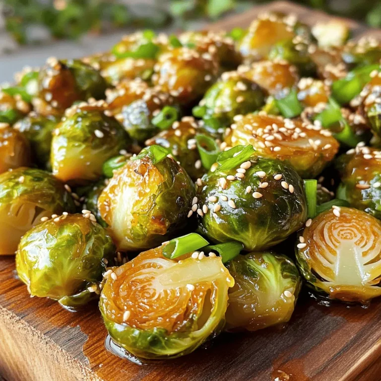 - 1 pound Brussels sprouts, trimmed and halved - 2 tablespoons olive oil - 1/4 cup honey - 4 cloves garlic, minced - 1 tablespoon soy sauce - 1 teaspoon sesame oil - Salt and pepper to taste - 2 tablespoons sesame seeds (for garnish) - Green onions, chopped (for garnish) - Additional spices or herbs - Alternative sweeteners To make Honey Garlic Brussels Sprouts, you need simple, fresh ingredients. The base is the Brussels sprouts. They have a nice crunch after cooking. You also need olive oil for roasting. The honey adds sweetness, while garlic gives a lovely flavor. The soy sauce and sesame oil add depth to the dish. You can adjust the salt and pepper to your taste. For garnish, I like to use sesame seeds and chopped green onions. They add a nice touch and crunch. If you want to change things up, consider adding spices or herbs. You can use chili flakes for heat or thyme for earthiness. You might also swap honey for maple syrup if you prefer. Using these ingredients, you can create a dish that is tasty and easy to prepare. For the full recipe, check the section above. - Preheat the oven to 425°F (220°C). - Trim and halve the Brussels sprouts. This helps them cook evenly. - Toss the halved Brussels sprouts with olive oil, salt, and pepper. - Spread them on a baking sheet for roasting. Make sure they have space to crisp up. - Combine honey, minced garlic, soy sauce, and sesame oil in a small saucepan. - Simmer the mixture over medium heat until it thickens, usually about 2-3 minutes. This sauce adds a sweet and savory touch to your dish. You can find the full recipe for Honey Garlic Brussels Sprouts to guide you through these steps! To get those crispy edges, roast the Brussels sprouts at a high heat. I like to set my oven to 425°F (220°C). This temperature helps them brown nicely. To ensure even cooking, shake the pan halfway through roasting. If your oven runs hot or cool, check the sprouts a few minutes early or late. Every oven is different, and a few minutes can make a big difference. The honey garlic sauce can really shine with a few tweaks. Try adding a splash of fresh lemon juice for brightness. This makes the flavor pop and adds a nice tang. You can also sprinkle in some crushed red pepper for a hint of heat. When serving, these Brussels sprouts pair well with grilled chicken or fish. They also complement rice dishes beautifully. The sweet and savory taste balances well with many foods. For the full recipe, check out the section above. {{image_2}} To make honey garlic Brussels sprouts even more exciting, you can add some spice! A pinch of chili flakes or a drizzle of Sriracha can kick up the heat. Just sprinkle the chili flakes on top of the roasted sprouts before serving. If you like Sriracha, drizzle a bit over the finished dish for a spicy twist. You can also brighten the flavor with citrus. Squeeze some fresh lemon or orange juice over the sprouts right before serving. The citrus balances the sweet honey and adds a nice zing. You can even add zest for extra flavor! If you want to keep this dish vegan, you can swap honey for maple syrup. It gives a similar sweetness and works well with the garlic. You can also use agave nectar if you prefer. For gluten-free eaters, make sure to use gluten-free soy sauce. Many brands offer this option, so check the label. This way, everyone can enjoy the dish without worry! These simple changes allow you to customize the dish to fit your needs while keeping it tasty. Try these variations for a new spin on this yummy recipe! For the full recipe, check here: Honey Garlic Brussels Sprouts. To keep your Honey Garlic Brussels Sprouts fresh, follow these steps: - Refrigeration: Place leftovers in the fridge within two hours of cooking. This keeps them safe to eat. - Best Containers: Use airtight containers for storage. Glass containers work well and keep flavors intact. If you use plastic, make sure it's BPA-free. When you're ready to enjoy your leftovers, here’s how to reheat them: - Maintain Texture: To keep sprouts crispy, use the oven. Preheat to 350°F (175°C) and spread the sprouts on a baking sheet. Heat for about 10-15 minutes until warm. - Microwave Timing: If you're in a hurry, you can use the microwave. Heat for 1-2 minutes, but this may soften the sprouts. Check every 30 seconds to avoid overcooking. By storing and reheating properly, you can savor those tasty sprouts again! For the complete recipe, check out the Full Recipe section. To make Honey Garlic Brussels Sprouts from scratch, follow these easy steps: 1. Preheat your oven to 425°F (220°C). 2. In a large bowl, mix halved Brussels sprouts with olive oil. 3. Spread them on a baking sheet and season with salt and pepper. 4. Roast for 20 minutes, shaking the pan halfway through. 5. While they roast, prepare the honey garlic sauce. Combine honey, minced garlic, soy sauce, and sesame oil in a small pan. Heat until it thickens. 6. After roasting, drizzle the sauce over the sprouts. Toss gently to coat. 7. Return to the oven for 5 more minutes. 8. Garnish with sesame seeds and chopped green onions before serving. This recipe truly highlights the sweet and savory flavors. You can find the full recipe for more details. Yes, you can use frozen Brussels sprouts. However, their texture may change. Frozen sprouts can be softer and less crisp than fresh ones. If you use frozen, thaw them first and pat them dry. This helps reduce moisture. Roasting them may take a bit longer. Keep an eye on them to ensure they get golden. Honey Garlic Brussels Sprouts pair well with many dishes. Here are some ideas: - Grilled chicken or pork for a hearty meal. - Quinoa or rice for a plant-based option. - A fresh salad to balance the flavors. - Roasted sweet potatoes for a comforting side. These pairings create a great meal that everyone will enjoy. To add heat to your honey garlic sauce, consider these options: - Add chili flakes for a mild kick. - Mix in Sriracha for more heat. - Use minced fresh ginger for a warm spice. You can adjust the amount based on your taste. Just remember to start small and add more if needed. This way, you can control the heat level in your sauce. This blog post detailed how to make Honey Garlic Brussels Sprouts. We covered the needed ingredients, step-by-step cooking instructions, and tips for a perfect roast. You learned about variations, dietary options, and the best ways to store leftovers too. I hope this guide inspires you to try this tasty dish. It's simple and packed with flavor. Enjoy your cooking and have fun with your food!