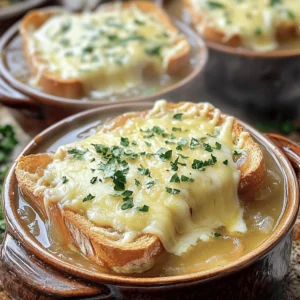 - 4 large onions, thinly sliced - 4 tablespoons unsalted butter - 1 tablespoon olive oil - 4 cups beef broth (or vegetable broth) - 1 teaspoon sugar - 1 sprig of fresh thyme - 1 bay leaf - 1 teaspoon salt - 1/2 teaspoon black pepper - 1 tablespoon balsamic vinegar - Optional: Fresh parsley for garnish - 4 slices of baguette, toasted - 1 ½ cups grated Gruyère cheese Classic French onion soup needs sweet, rich flavors. The onions bring that sweetness. Onions are the star. You want to slice them thinly for even cooking. Use a heavy pot to help with the caramelization. Butter and olive oil work great together. Butter adds creaminess, while olive oil gives flavor. The broth is the base. Beef broth adds depth. You can also use vegetable broth if you prefer. For seasoning, sugar helps the onions caramelize. Thyme and bay leaf bring herbal notes. Salt and pepper round out the taste. Balsamic vinegar adds a nice tang. For toppings, you need toasted baguette slices. They soak up the soup and add crunch. Gruyère cheese melts beautifully on top, creating a cheesy layer. I recommend checking out the full recipe for detailed steps to make this comforting dish. - Melt butter and oil in a pot. - Add onions and sugar, and cook until caramelized. Start with a heavy pot. I use my trusty Dutch oven for even heat. Melt 4 tablespoons of unsalted butter with 1 tablespoon of olive oil over medium heat. The blend gives a rich flavor. Next, add 4 large, thinly sliced onions and 1 teaspoon of sugar. Stir them well so they coat in the butter and oil. This sugar helps the onions turn a lovely golden brown. Cook them slowly for about 25-30 minutes. Stir often to prevent burning. Be patient, as caramelization brings out the sweet notes in the onions. - Pour in the broth and add seasonings. - Bring to a gentle simmer and cook. Once the onions are caramelized, it's time to add the broth. Pour in 4 cups of beef broth, or use vegetable broth for a lighter taste. Add 1 sprig of fresh thyme, 1 bay leaf, 1 teaspoon of salt, 1/2 teaspoon of black pepper, and 1 tablespoon of balsamic vinegar. These seasonings give depth to the soup. Bring the soup to a gentle simmer. Let it cook uncovered for about 20 minutes. This time allows the flavors to blend well together. It will smell amazing! - Preheat the oven to broil. - Prepare bowls with bread and cheese for broiling. Before finishing, preheat your oven to broil. Remove the thyme sprig and bay leaf from the soup. Ladle the soup into oven-safe bowls. For the topping, place a toasted slice of baguette on each bowl. Then, sprinkle 1 ½ cups of grated Gruyère cheese on top. The cheese should be generous; it melts beautifully and creates a rich layer. Now, place the bowls on a baking sheet and broil them for about 3-5 minutes. Watch closely to avoid burning! You want the cheese to be bubbly and golden. Take them out carefully and let them cool slightly. If you like, garnish with fresh parsley before serving. Enjoy your comforting bowl of French onion soup! For the full recipe, check out the details above. To make great French onion soup, you need to cook the onions slowly. This step is key. Start over medium heat. Stir the onions often to help them cook evenly. Add a pinch of salt to draw out moisture. Be patient. It can take 25 to 30 minutes for the onions to turn golden brown. Watch closely to avoid burning. If you notice browning too fast, lower the heat. A little sugar can help speed up caramelization, but don't let it burn. Broiling the cheese adds a perfect touch. First, preheat your oven to broil. Ladle the soup into oven-safe bowls. Place a slice of toasted baguette on top of each bowl. Then, sprinkle a generous amount of Gruyère cheese on top. Position the bowls on a baking sheet. This makes it easy to remove them from the oven. Broil for 3 to 5 minutes. Keep an eye on the cheese. You want it bubbly and golden, not burnt. Using different broths can change the flavor. Beef broth gives a rich taste, but vegetable broth works well too. For an extra kick, add a splash of white wine. It adds depth and pairs well with the onions. Feel free to experiment! You can even mix broths for a unique flavor. Adding a tablespoon of balsamic vinegar can also brighten the soup. It balances the sweetness of the onions. For more tips and a full recipe, check out the [Full Recipe]. {{image_2}} You can make a vegetarian version of French onion soup. Start by using vegetable broth instead of beef broth. This broth gives the soup a rich flavor without meat. You can also add extra vegetables. Try carrots, celery, or even leeks. These veggies add sweetness and depth to the soup. Cheese plays a big role in this dish. You can try different cheeses for fun. Gruyère is classic, but Comté or Emmental work well too. These cheeses melt nicely and add a creamy texture. Grate your cheese finely for even melting. Each cheese brings a unique flavor to the soup. You can personalize your soup with add-ins. Fresh herbs like basil or oregano can brighten the dish. Just sprinkle them in before serving. You can also add sautéed mushrooms for an umami boost. Mushrooms add earthiness and enhance the soup’s flavor. Mix and match these ideas to make your perfect bowl of comfort. Check out the Full Recipe for more tips! To keep your soup fresh, let it cool first. After it cools, pour it into a clean, airtight container. Seal the lid tightly. Store the soup in the fridge for up to five days. When you are ready to eat, heat it on the stove or in the microwave. Stir well to make sure it warms up evenly. Freezing soup is easy and convenient. First, let the soup cool completely. Then, use freezer-safe containers or bags. Pour the soup into containers, leaving some space at the top. This allows it to expand. You can freeze it for up to three months. To reheat, thaw it overnight in the fridge. Then, heat it on the stove until it’s hot. You can also add a little broth if it seems too thick. Fresh ingredients are key for great soup. Onions last about two weeks if stored in a cool, dark place. Keep them away from potatoes. Butter can last months in the fridge if sealed tight. Broth can stay good for up to a week in the fridge. Always check for any signs of spoilage before cooking. Fresh ingredients lead to the best flavors in your soup. The classic choice is Gruyère cheese. It melts well and has a rich flavor. Emmental cheese is also great. It adds a nutty taste. For a twist, try Comté or Fontina. These cheeses bring depth and creaminess. Mix different cheeses to create your own blend. Yes, you can make French onion soup ahead of time. Cook the soup and store it in the fridge. It stays fresh for about three days. Just reheat it before serving. You can also freeze it for up to three months. Thaw in the fridge overnight before reheating. A toasted baguette is the best choice for French onion soup. It adds crunch and holds the cheese well. You can also use sourdough or ciabatta. These breads give a nice flavor and texture. Avoid soft bread, as it may fall apart in the soup. Look for a deep golden-brown color in the onions. They should be soft and sweet in taste. This process takes about 25 to 30 minutes. Stir them often to avoid burning. If you see dark spots or they smell bitter, reduce the heat. Classic French onion soup combines simple ingredients for rich flavor. Using onions, butter, and broth creates a warm, comforting dish. Remember to caramelize the onions slowly for depth and to broil cheese to perfection. You can also customize the soup with different broths and cheeses for a unique twist. Whether you’re enjoying it on a cold night or sharing with friends, this soup warms the heart. Embrace your creativity and make this recipe your own!