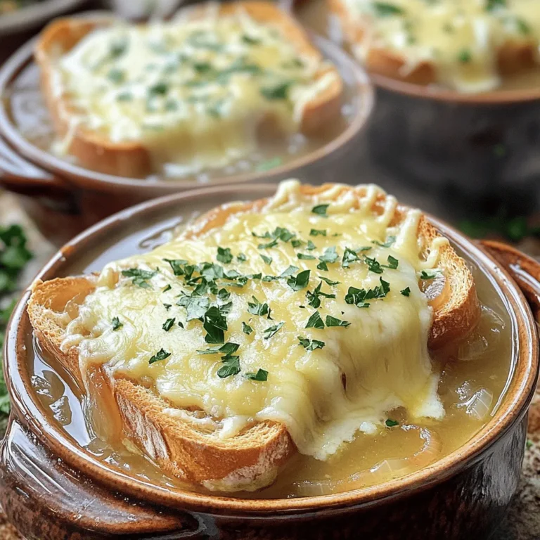 - 4 large onions, thinly sliced - 4 tablespoons unsalted butter - 1 tablespoon olive oil - 4 cups beef broth (or vegetable broth) - 1 teaspoon sugar - 1 sprig of fresh thyme - 1 bay leaf - 1 teaspoon salt - 1/2 teaspoon black pepper - 1 tablespoon balsamic vinegar - Optional: Fresh parsley for garnish - 4 slices of baguette, toasted - 1 ½ cups grated Gruyère cheese Classic French onion soup needs sweet, rich flavors. The onions bring that sweetness. Onions are the star. You want to slice them thinly for even cooking. Use a heavy pot to help with the caramelization. Butter and olive oil work great together. Butter adds creaminess, while olive oil gives flavor. The broth is the base. Beef broth adds depth. You can also use vegetable broth if you prefer. For seasoning, sugar helps the onions caramelize. Thyme and bay leaf bring herbal notes. Salt and pepper round out the taste. Balsamic vinegar adds a nice tang. For toppings, you need toasted baguette slices. They soak up the soup and add crunch. Gruyère cheese melts beautifully on top, creating a cheesy layer. I recommend checking out the full recipe for detailed steps to make this comforting dish. - Melt butter and oil in a pot. - Add onions and sugar, and cook until caramelized. Start with a heavy pot. I use my trusty Dutch oven for even heat. Melt 4 tablespoons of unsalted butter with 1 tablespoon of olive oil over medium heat. The blend gives a rich flavor. Next, add 4 large, thinly sliced onions and 1 teaspoon of sugar. Stir them well so they coat in the butter and oil. This sugar helps the onions turn a lovely golden brown. Cook them slowly for about 25-30 minutes. Stir often to prevent burning. Be patient, as caramelization brings out the sweet notes in the onions. - Pour in the broth and add seasonings. - Bring to a gentle simmer and cook. Once the onions are caramelized, it's time to add the broth. Pour in 4 cups of beef broth, or use vegetable broth for a lighter taste. Add 1 sprig of fresh thyme, 1 bay leaf, 1 teaspoon of salt, 1/2 teaspoon of black pepper, and 1 tablespoon of balsamic vinegar. These seasonings give depth to the soup. Bring the soup to a gentle simmer. Let it cook uncovered for about 20 minutes. This time allows the flavors to blend well together. It will smell amazing! - Preheat the oven to broil. - Prepare bowls with bread and cheese for broiling. Before finishing, preheat your oven to broil. Remove the thyme sprig and bay leaf from the soup. Ladle the soup into oven-safe bowls. For the topping, place a toasted slice of baguette on each bowl. Then, sprinkle 1 ½ cups of grated Gruyère cheese on top. The cheese should be generous; it melts beautifully and creates a rich layer. Now, place the bowls on a baking sheet and broil them for about 3-5 minutes. Watch closely to avoid burning! You want the cheese to be bubbly and golden. Take them out carefully and let them cool slightly. If you like, garnish with fresh parsley before serving. Enjoy your comforting bowl of French onion soup! For the full recipe, check out the details above. To make great French onion soup, you need to cook the onions slowly. This step is key. Start over medium heat. Stir the onions often to help them cook evenly. Add a pinch of salt to draw out moisture. Be patient. It can take 25 to 30 minutes for the onions to turn golden brown. Watch closely to avoid burning. If you notice browning too fast, lower the heat. A little sugar can help speed up caramelization, but don't let it burn. Broiling the cheese adds a perfect touch. First, preheat your oven to broil. Ladle the soup into oven-safe bowls. Place a slice of toasted baguette on top of each bowl. Then, sprinkle a generous amount of Gruyère cheese on top. Position the bowls on a baking sheet. This makes it easy to remove them from the oven. Broil for 3 to 5 minutes. Keep an eye on the cheese. You want it bubbly and golden, not burnt. Using different broths can change the flavor. Beef broth gives a rich taste, but vegetable broth works well too. For an extra kick, add a splash of white wine. It adds depth and pairs well with the onions. Feel free to experiment! You can even mix broths for a unique flavor. Adding a tablespoon of balsamic vinegar can also brighten the soup. It balances the sweetness of the onions. For more tips and a full recipe, check out the [Full Recipe]. {{image_2}} You can make a vegetarian version of French onion soup. Start by using vegetable broth instead of beef broth. This broth gives the soup a rich flavor without meat. You can also add extra vegetables. Try carrots, celery, or even leeks. These veggies add sweetness and depth to the soup. Cheese plays a big role in this dish. You can try different cheeses for fun. Gruyère is classic, but Comté or Emmental work well too. These cheeses melt nicely and add a creamy texture. Grate your cheese finely for even melting. Each cheese brings a unique flavor to the soup. You can personalize your soup with add-ins. Fresh herbs like basil or oregano can brighten the dish. Just sprinkle them in before serving. You can also add sautéed mushrooms for an umami boost. Mushrooms add earthiness and enhance the soup’s flavor. Mix and match these ideas to make your perfect bowl of comfort. Check out the Full Recipe for more tips! To keep your soup fresh, let it cool first. After it cools, pour it into a clean, airtight container. Seal the lid tightly. Store the soup in the fridge for up to five days. When you are ready to eat, heat it on the stove or in the microwave. Stir well to make sure it warms up evenly. Freezing soup is easy and convenient. First, let the soup cool completely. Then, use freezer-safe containers or bags. Pour the soup into containers, leaving some space at the top. This allows it to expand. You can freeze it for up to three months. To reheat, thaw it overnight in the fridge. Then, heat it on the stove until it’s hot. You can also add a little broth if it seems too thick. Fresh ingredients are key for great soup. Onions last about two weeks if stored in a cool, dark place. Keep them away from potatoes. Butter can last months in the fridge if sealed tight. Broth can stay good for up to a week in the fridge. Always check for any signs of spoilage before cooking. Fresh ingredients lead to the best flavors in your soup. The classic choice is Gruyère cheese. It melts well and has a rich flavor. Emmental cheese is also great. It adds a nutty taste. For a twist, try Comté or Fontina. These cheeses bring depth and creaminess. Mix different cheeses to create your own blend. Yes, you can make French onion soup ahead of time. Cook the soup and store it in the fridge. It stays fresh for about three days. Just reheat it before serving. You can also freeze it for up to three months. Thaw in the fridge overnight before reheating. A toasted baguette is the best choice for French onion soup. It adds crunch and holds the cheese well. You can also use sourdough or ciabatta. These breads give a nice flavor and texture. Avoid soft bread, as it may fall apart in the soup. Look for a deep golden-brown color in the onions. They should be soft and sweet in taste. This process takes about 25 to 30 minutes. Stir them often to avoid burning. If you see dark spots or they smell bitter, reduce the heat. Classic French onion soup combines simple ingredients for rich flavor. Using onions, butter, and broth creates a warm, comforting dish. Remember to caramelize the onions slowly for depth and to broil cheese to perfection. You can also customize the soup with different broths and cheeses for a unique twist. Whether you’re enjoying it on a cold night or sharing with friends, this soup warms the heart. Embrace your creativity and make this recipe your own!