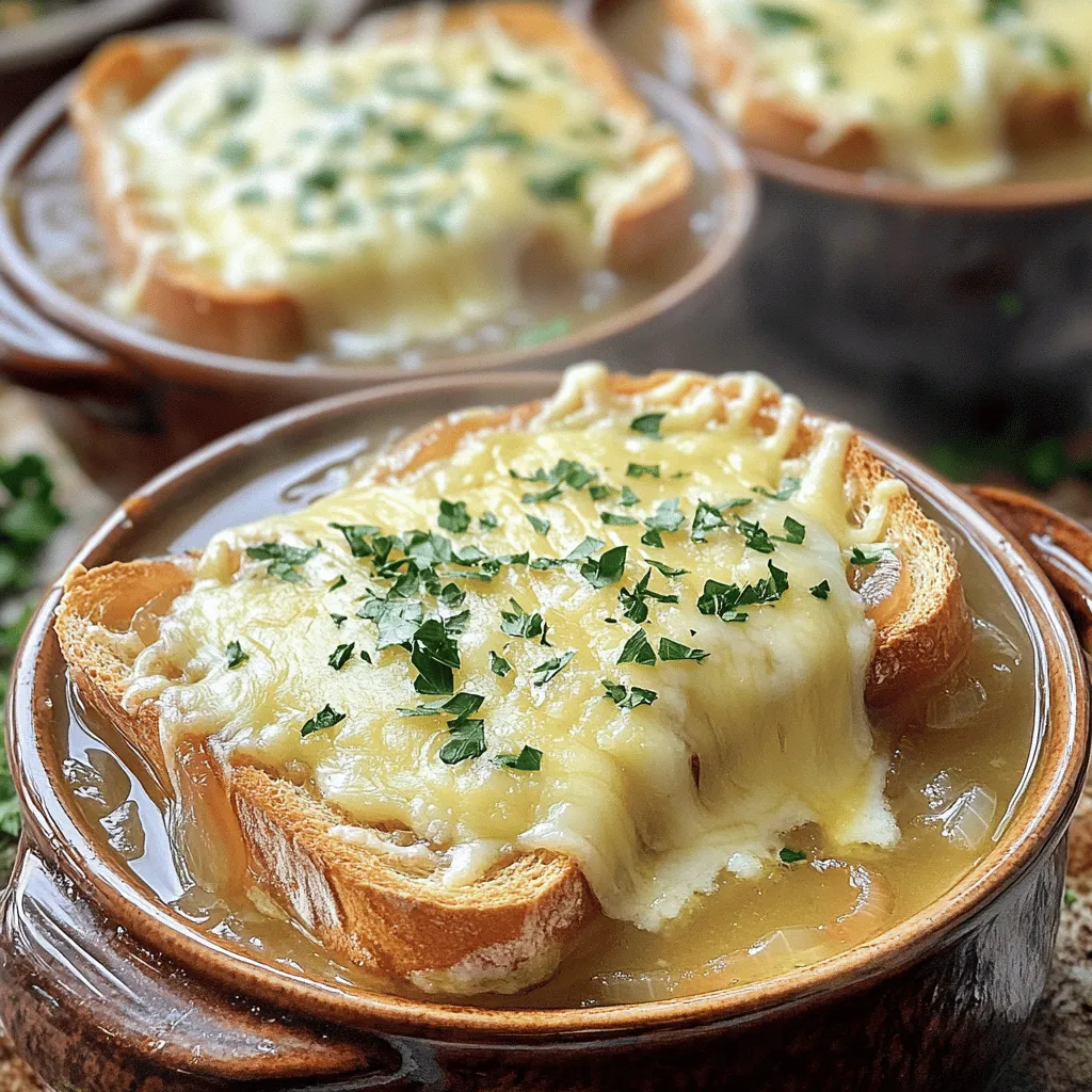 - 4 large onions, thinly sliced - 4 tablespoons unsalted butter - 1 tablespoon olive oil - 4 cups beef broth (or vegetable broth) - 1 teaspoon sugar - 1 sprig of fresh thyme - 1 bay leaf - 1 teaspoon salt - 1/2 teaspoon black pepper - 1 tablespoon balsamic vinegar - Optional: Fresh parsley for garnish - 4 slices of baguette, toasted - 1 ½ cups grated Gruyère cheese Classic French onion soup needs sweet, rich flavors. The onions bring that sweetness. Onions are the star. You want to slice them thinly for even cooking. Use a heavy pot to help with the caramelization. Butter and olive oil work great together. Butter adds creaminess, while olive oil gives flavor. The broth is the base. Beef broth adds depth. You can also use vegetable broth if you prefer. For seasoning, sugar helps the onions caramelize. Thyme and bay leaf bring herbal notes. Salt and pepper round out the taste. Balsamic vinegar adds a nice tang. For toppings, you need toasted baguette slices. They soak up the soup and add crunch. Gruyère cheese melts beautifully on top, creating a cheesy layer. I recommend checking out the full recipe for detailed steps to make this comforting dish. - Melt butter and oil in a pot. - Add onions and sugar, and cook until caramelized. Start with a heavy pot. I use my trusty Dutch oven for even heat. Melt 4 tablespoons of unsalted butter with 1 tablespoon of olive oil over medium heat. The blend gives a rich flavor. Next, add 4 large, thinly sliced onions and 1 teaspoon of sugar. Stir them well so they coat in the butter and oil. This sugar helps the onions turn a lovely golden brown. Cook them slowly for about 25-30 minutes. Stir often to prevent burning. Be patient, as caramelization brings out the sweet notes in the onions. - Pour in the broth and add seasonings. - Bring to a gentle simmer and cook. Once the onions are caramelized, it's time to add the broth. Pour in 4 cups of beef broth, or use vegetable broth for a lighter taste. Add 1 sprig of fresh thyme, 1 bay leaf, 1 teaspoon of salt, 1/2 teaspoon of black pepper, and 1 tablespoon of balsamic vinegar. These seasonings give depth to the soup. Bring the soup to a gentle simmer. Let it cook uncovered for about 20 minutes. This time allows the flavors to blend well together. It will smell amazing! - Preheat the oven to broil. - Prepare bowls with bread and cheese for broiling. Before finishing, preheat your oven to broil. Remove the thyme sprig and bay leaf from the soup. Ladle the soup into oven-safe bowls. For the topping, place a toasted slice of baguette on each bowl. Then, sprinkle 1 ½ cups of grated Gruyère cheese on top. The cheese should be generous; it melts beautifully and creates a rich layer. Now, place the bowls on a baking sheet and broil them for about 3-5 minutes. Watch closely to avoid burning! You want the cheese to be bubbly and golden. Take them out carefully and let them cool slightly. If you like, garnish with fresh parsley before serving. Enjoy your comforting bowl of French onion soup! For the full recipe, check out the details above. To make great French onion soup, you need to cook the onions slowly. This step is key. Start over medium heat. Stir the onions often to help them cook evenly. Add a pinch of salt to draw out moisture. Be patient. It can take 25 to 30 minutes for the onions to turn golden brown. Watch closely to avoid burning. If you notice browning too fast, lower the heat. A little sugar can help speed up caramelization, but don't let it burn. Broiling the cheese adds a perfect touch. First, preheat your oven to broil. Ladle the soup into oven-safe bowls. Place a slice of toasted baguette on top of each bowl. Then, sprinkle a generous amount of Gruyère cheese on top. Position the bowls on a baking sheet. This makes it easy to remove them from the oven. Broil for 3 to 5 minutes. Keep an eye on the cheese. You want it bubbly and golden, not burnt. Using different broths can change the flavor. Beef broth gives a rich taste, but vegetable broth works well too. For an extra kick, add a splash of white wine. It adds depth and pairs well with the onions. Feel free to experiment! You can even mix broths for a unique flavor. Adding a tablespoon of balsamic vinegar can also brighten the soup. It balances the sweetness of the onions. For more tips and a full recipe, check out the [Full Recipe]. {{image_2}} You can make a vegetarian version of French onion soup. Start by using vegetable broth instead of beef broth. This broth gives the soup a rich flavor without meat. You can also add extra vegetables. Try carrots, celery, or even leeks. These veggies add sweetness and depth to the soup. Cheese plays a big role in this dish. You can try different cheeses for fun. Gruyère is classic, but Comté or Emmental work well too. These cheeses melt nicely and add a creamy texture. Grate your cheese finely for even melting. Each cheese brings a unique flavor to the soup. You can personalize your soup with add-ins. Fresh herbs like basil or oregano can brighten the dish. Just sprinkle them in before serving. You can also add sautéed mushrooms for an umami boost. Mushrooms add earthiness and enhance the soup’s flavor. Mix and match these ideas to make your perfect bowl of comfort. Check out the Full Recipe for more tips! To keep your soup fresh, let it cool first. After it cools, pour it into a clean, airtight container. Seal the lid tightly. Store the soup in the fridge for up to five days. When you are ready to eat, heat it on the stove or in the microwave. Stir well to make sure it warms up evenly. Freezing soup is easy and convenient. First, let the soup cool completely. Then, use freezer-safe containers or bags. Pour the soup into containers, leaving some space at the top. This allows it to expand. You can freeze it for up to three months. To reheat, thaw it overnight in the fridge. Then, heat it on the stove until it’s hot. You can also add a little broth if it seems too thick. Fresh ingredients are key for great soup. Onions last about two weeks if stored in a cool, dark place. Keep them away from potatoes. Butter can last months in the fridge if sealed tight. Broth can stay good for up to a week in the fridge. Always check for any signs of spoilage before cooking. Fresh ingredients lead to the best flavors in your soup. The classic choice is Gruyère cheese. It melts well and has a rich flavor. Emmental cheese is also great. It adds a nutty taste. For a twist, try Comté or Fontina. These cheeses bring depth and creaminess. Mix different cheeses to create your own blend. Yes, you can make French onion soup ahead of time. Cook the soup and store it in the fridge. It stays fresh for about three days. Just reheat it before serving. You can also freeze it for up to three months. Thaw in the fridge overnight before reheating. A toasted baguette is the best choice for French onion soup. It adds crunch and holds the cheese well. You can also use sourdough or ciabatta. These breads give a nice flavor and texture. Avoid soft bread, as it may fall apart in the soup. Look for a deep golden-brown color in the onions. They should be soft and sweet in taste. This process takes about 25 to 30 minutes. Stir them often to avoid burning. If you see dark spots or they smell bitter, reduce the heat. Classic French onion soup combines simple ingredients for rich flavor. Using onions, butter, and broth creates a warm, comforting dish. Remember to caramelize the onions slowly for depth and to broil cheese to perfection. You can also customize the soup with different broths and cheeses for a unique twist. Whether you’re enjoying it on a cold night or sharing with friends, this soup warms the heart. Embrace your creativity and make this recipe your own!