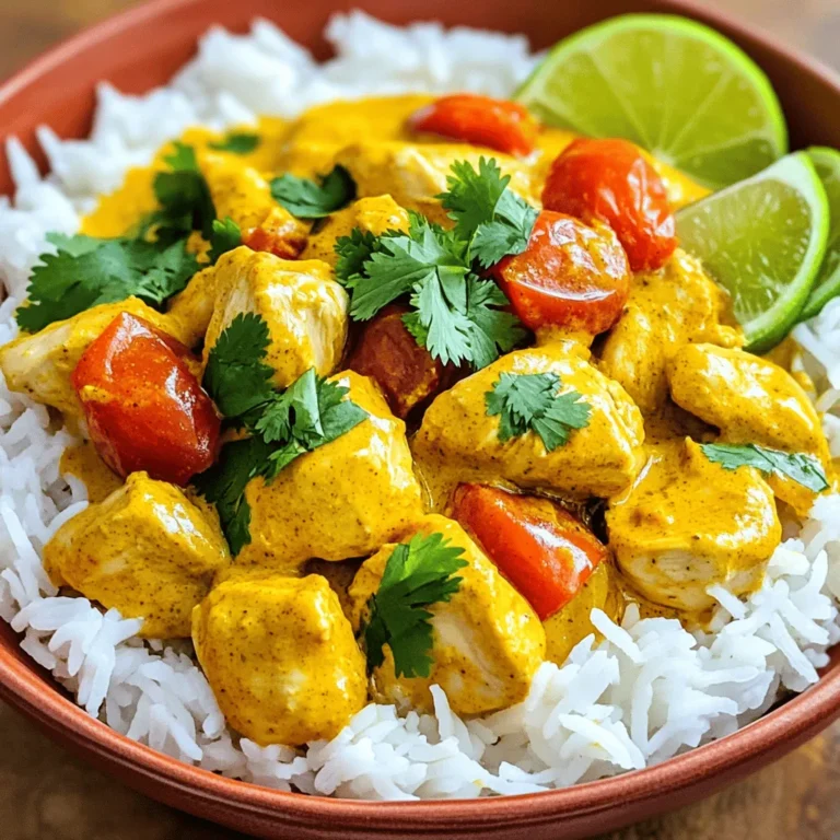 To make easy chicken curry, gather these ingredients: - 500g chicken breast, cut into bite-sized pieces - 1 large onion, finely chopped - 2 cloves garlic, minced - 1 tablespoon ginger, grated - 1 tablespoon curry powder - 1 teaspoon ground turmeric - 1 teaspoon garam masala - 400ml coconut milk - 1 can (400g) diced tomatoes - 2 tablespoons vegetable oil - Salt and pepper to taste - Fresh coriander leaves for garnish - Cooked rice, for serving If you need to swap out some items, here are good options: - Use chicken thighs instead of chicken breast for more flavor. - Swap coconut milk with almond milk for a lighter version. - If you can't find garam masala, mix equal parts cinnamon, cumin, and coriander. - For a vegetarian option, use chickpeas or tofu instead of chicken. Choosing fresh ingredients can make a big difference. Here are some tips: - Look for chicken that is pink and moist, not slimy or discolored. - Choose onions with firm, smooth skins; avoid soft spots. - Fresh garlic should be firm and plump, with no sprouting. - Buy ginger that feels firm and heavy; it should not be dried out. - For spices, check the expiration date for the best flavor. Feel free to check the Full Recipe to dive deeper into the cooking process. 1. Heat the vegetable oil in a large pot over medium heat. 2. Add the finely chopped onion and sauté for 5-7 minutes until it turns translucent. 3. Stir in the minced garlic and grated ginger. Cook for one more minute until fragrant. 4. Add the curry powder, ground turmeric, and garam masala. Toast these spices for about 2 minutes. Keep stirring to avoid burning. 5. Incorporate the chicken pieces into the pot. Season with salt and pepper. Cook for 5-6 minutes until the chicken browns on all sides. 6. Pour in the diced tomatoes and their juices along with the coconut milk. Stir everything well to combine. 7. Bring the curry to a gentle simmer. Reduce the heat and cover the pot. Cook for about 20 minutes, stirring occasionally. The chicken will become tender. 8. Adjust seasoning if needed, adding more salt or pepper to taste. 9. Once ready, remove from heat. Let it rest for a few minutes before serving. - Use fresh spices for better flavor. Old spices lose their punch. - Cut the chicken into even pieces. This helps it cook evenly. - Stir often to prevent the bottom from burning. - Taste the curry before serving. Adjust seasoning as you like. - Letting it sit for a few minutes allows flavors to meld. - Overcooking the chicken can make it dry. Monitor the cooking time closely. - Skipping the toasting step for the spices can dull the taste. - Not using enough salt can leave the dish bland. - Using low-quality coconut milk can affect creaminess. Choose a good brand. - Forgetting to rest the curry before serving may mask the flavors. To boost flavor, add spices at the right time. Toasting spices brings out their rich notes. You can also add fresh herbs like cilantro for a fresh taste. A squeeze of lime juice brightens the dish. If you like heat, add chopped chili peppers during cooking. Cook chicken until it's just done. This keeps it moist and tender. Cut chicken into small pieces for even cooking. Sear the chicken in batches if your pot is small. This helps to get a nice color without steaming the meat. Serve your chicken curry over fluffy rice. This pairs well and soaks up the sauce. You can also add naan bread for dipping. A side of yogurt cools the heat nicely. For extra crunch, serve with a fresh salad on the side. Enjoy the full recipe for more details! {{image_2}} You can swap chicken for other proteins. Try using shrimp, beef, or lamb. For a vegetarian dish, use chickpeas, tofu, or cauliflower. Each option brings a new taste. Just adjust the cooking time based on what you choose. Tofu needs less time than chicken, while beef may need more. You can change the heat level of your chicken curry. Add more chili powder or fresh chilies for spice. If you want a sweet touch, add a tablespoon of sugar or honey. You can also use fruits like mango or pineapple. This adds sweetness and a fruity flavor. Serve chicken curry over rice for a classic meal. You can also pair it with naan bread, which is great for scooping. For a twist, serve it on a bed of quinoa or couscous. If you want something lighter, serve it with a fresh salad. Each option offers a new way to enjoy the dish. For the complete recipe, check out the Easy Chicken Curry section above! After you enjoy your chicken curry, let it cool down. Place leftovers in an airtight container. Store it in the fridge for up to three days. This keeps the flavors fresh while preventing spoilage. You can easily freeze chicken curry for later. Use a freezer-safe container or a heavy-duty freezer bag. Make sure to leave some space for expansion. It will stay good for up to three months. When you’re ready to eat, just thaw it in the fridge overnight. To reheat chicken curry, you have a few options. The best way is to use the stove. Pour the curry into a pot over low heat. Stir it often until it’s hot. You can also use a microwave. Heat it in short bursts, stirring in between, to avoid hot spots. For best results, serve with fresh rice. For more details, check out the Full Recipe. The best type of chicken to use is boneless, skinless chicken breast. It cooks quickly and stays tender. You can also use thighs for more flavor. Both cuts work well in this recipe. Yes, you can make this chicken curry in advance. It tastes even better the next day! Just store it in an airtight container in the fridge. Reheat it gently on the stove before serving. To make your curry spicier, add more curry powder or some chili powder. You can also add fresh chopped chilies or a splash of hot sauce. Taste it as you go to find just the right heat for you. Yes, you can use fresh tomatoes instead of canned. Chop about 4 medium tomatoes and add them in. You may need to cook them longer to break down and create a sauce. If you want to substitute coconut milk, try using heavy cream or almond milk. You could also use broth for a lighter option. Just know that it will change the flavor and texture a bit. For the full recipe, check out the Easy Chicken Curry section! You now have all the steps to make a great chicken curry. We covered ingredients, cooking tips, and how to store leftovers. Remember to choose fresh items for the best taste. Don't shy away from experimenting with flavors. Substitute ingredients if needed, and enjoy your unique touches. With these tips, you can avoid common mistakes and serve a dish everyone will love. I hope you feel ready to cook and share this delightful meal!