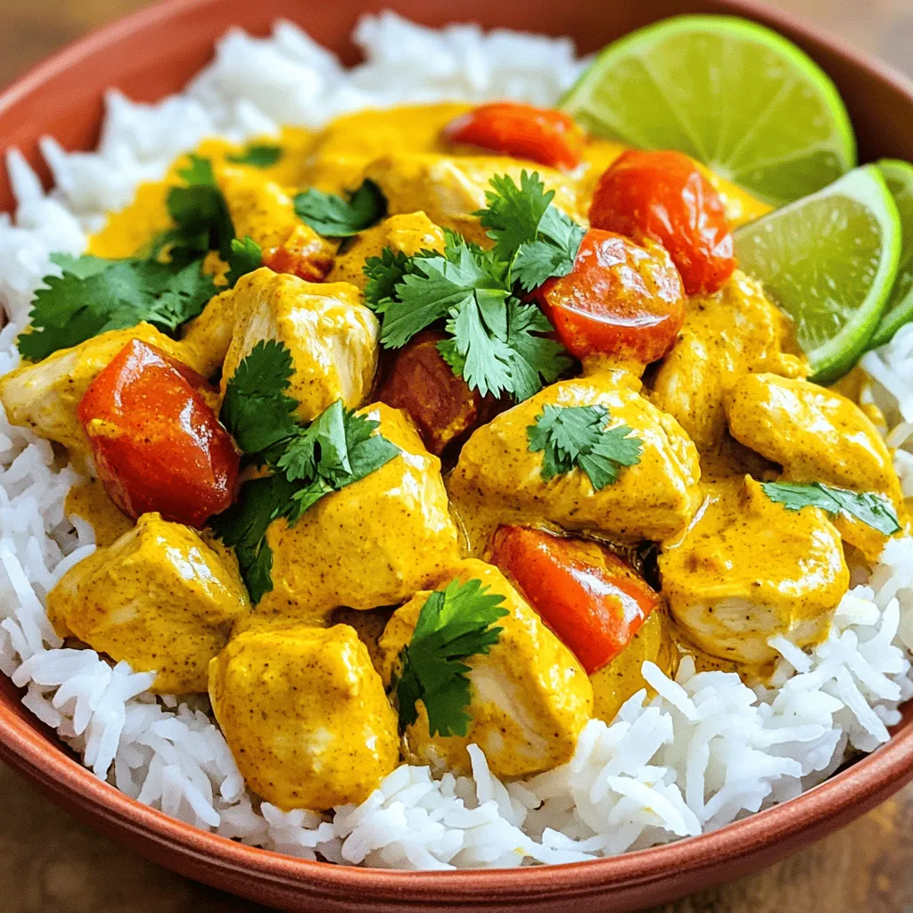To make easy chicken curry, gather these ingredients: - 500g chicken breast, cut into bite-sized pieces - 1 large onion, finely chopped - 2 cloves garlic, minced - 1 tablespoon ginger, grated - 1 tablespoon curry powder - 1 teaspoon ground turmeric - 1 teaspoon garam masala - 400ml coconut milk - 1 can (400g) diced tomatoes - 2 tablespoons vegetable oil - Salt and pepper to taste - Fresh coriander leaves for garnish - Cooked rice, for serving If you need to swap out some items, here are good options: - Use chicken thighs instead of chicken breast for more flavor. - Swap coconut milk with almond milk for a lighter version. - If you can't find garam masala, mix equal parts cinnamon, cumin, and coriander. - For a vegetarian option, use chickpeas or tofu instead of chicken. Choosing fresh ingredients can make a big difference. Here are some tips: - Look for chicken that is pink and moist, not slimy or discolored. - Choose onions with firm, smooth skins; avoid soft spots. - Fresh garlic should be firm and plump, with no sprouting. - Buy ginger that feels firm and heavy; it should not be dried out. - For spices, check the expiration date for the best flavor. Feel free to check the Full Recipe to dive deeper into the cooking process. 1. Heat the vegetable oil in a large pot over medium heat. 2. Add the finely chopped onion and sauté for 5-7 minutes until it turns translucent. 3. Stir in the minced garlic and grated ginger. Cook for one more minute until fragrant. 4. Add the curry powder, ground turmeric, and garam masala. Toast these spices for about 2 minutes. Keep stirring to avoid burning. 5. Incorporate the chicken pieces into the pot. Season with salt and pepper. Cook for 5-6 minutes until the chicken browns on all sides. 6. Pour in the diced tomatoes and their juices along with the coconut milk. Stir everything well to combine. 7. Bring the curry to a gentle simmer. Reduce the heat and cover the pot. Cook for about 20 minutes, stirring occasionally. The chicken will become tender. 8. Adjust seasoning if needed, adding more salt or pepper to taste. 9. Once ready, remove from heat. Let it rest for a few minutes before serving. - Use fresh spices for better flavor. Old spices lose their punch. - Cut the chicken into even pieces. This helps it cook evenly. - Stir often to prevent the bottom from burning. - Taste the curry before serving. Adjust seasoning as you like. - Letting it sit for a few minutes allows flavors to meld. - Overcooking the chicken can make it dry. Monitor the cooking time closely. - Skipping the toasting step for the spices can dull the taste. - Not using enough salt can leave the dish bland. - Using low-quality coconut milk can affect creaminess. Choose a good brand. - Forgetting to rest the curry before serving may mask the flavors. To boost flavor, add spices at the right time. Toasting spices brings out their rich notes. You can also add fresh herbs like cilantro for a fresh taste. A squeeze of lime juice brightens the dish. If you like heat, add chopped chili peppers during cooking. Cook chicken until it's just done. This keeps it moist and tender. Cut chicken into small pieces for even cooking. Sear the chicken in batches if your pot is small. This helps to get a nice color without steaming the meat. Serve your chicken curry over fluffy rice. This pairs well and soaks up the sauce. You can also add naan bread for dipping. A side of yogurt cools the heat nicely. For extra crunch, serve with a fresh salad on the side. Enjoy the full recipe for more details! {{image_2}} You can swap chicken for other proteins. Try using shrimp, beef, or lamb. For a vegetarian dish, use chickpeas, tofu, or cauliflower. Each option brings a new taste. Just adjust the cooking time based on what you choose. Tofu needs less time than chicken, while beef may need more. You can change the heat level of your chicken curry. Add more chili powder or fresh chilies for spice. If you want a sweet touch, add a tablespoon of sugar or honey. You can also use fruits like mango or pineapple. This adds sweetness and a fruity flavor. Serve chicken curry over rice for a classic meal. You can also pair it with naan bread, which is great for scooping. For a twist, serve it on a bed of quinoa or couscous. If you want something lighter, serve it with a fresh salad. Each option offers a new way to enjoy the dish. For the complete recipe, check out the Easy Chicken Curry section above! After you enjoy your chicken curry, let it cool down. Place leftovers in an airtight container. Store it in the fridge for up to three days. This keeps the flavors fresh while preventing spoilage. You can easily freeze chicken curry for later. Use a freezer-safe container or a heavy-duty freezer bag. Make sure to leave some space for expansion. It will stay good for up to three months. When you’re ready to eat, just thaw it in the fridge overnight. To reheat chicken curry, you have a few options. The best way is to use the stove. Pour the curry into a pot over low heat. Stir it often until it’s hot. You can also use a microwave. Heat it in short bursts, stirring in between, to avoid hot spots. For best results, serve with fresh rice. For more details, check out the Full Recipe. The best type of chicken to use is boneless, skinless chicken breast. It cooks quickly and stays tender. You can also use thighs for more flavor. Both cuts work well in this recipe. Yes, you can make this chicken curry in advance. It tastes even better the next day! Just store it in an airtight container in the fridge. Reheat it gently on the stove before serving. To make your curry spicier, add more curry powder or some chili powder. You can also add fresh chopped chilies or a splash of hot sauce. Taste it as you go to find just the right heat for you. Yes, you can use fresh tomatoes instead of canned. Chop about 4 medium tomatoes and add them in. You may need to cook them longer to break down and create a sauce. If you want to substitute coconut milk, try using heavy cream or almond milk. You could also use broth for a lighter option. Just know that it will change the flavor and texture a bit. For the full recipe, check out the Easy Chicken Curry section! You now have all the steps to make a great chicken curry. We covered ingredients, cooking tips, and how to store leftovers. Remember to choose fresh items for the best taste. Don't shy away from experimenting with flavors. Substitute ingredients if needed, and enjoy your unique touches. With these tips, you can avoid common mistakes and serve a dish everyone will love. I hope you feel ready to cook and share this delightful meal!
