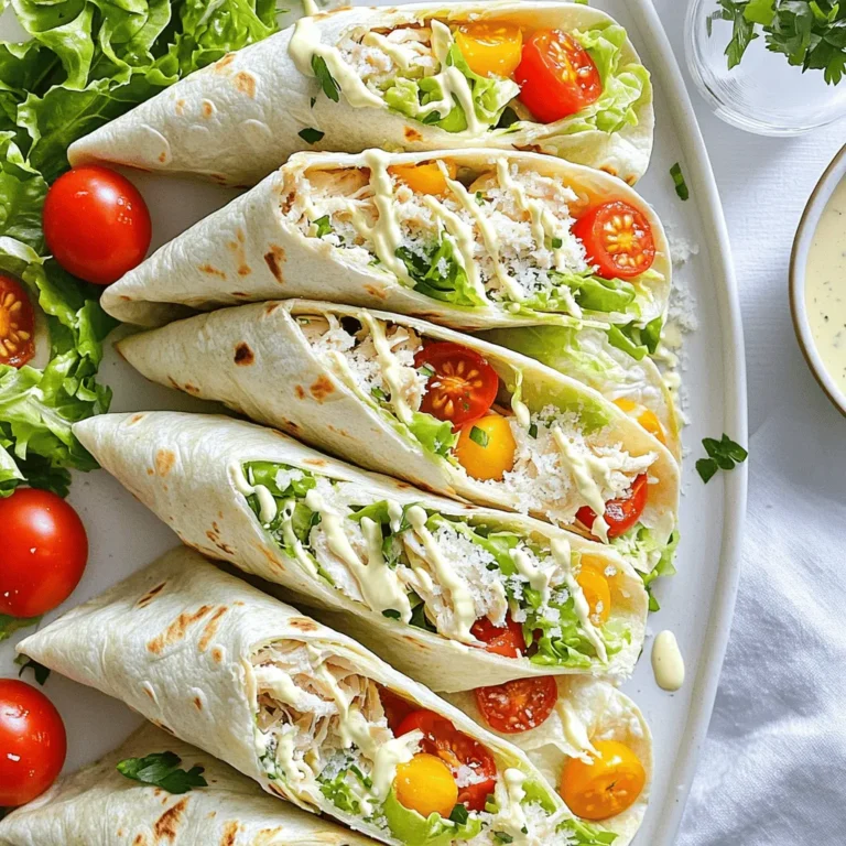 To make Easy Chicken Caesar Wraps, gather these simple ingredients: - 2 cups cooked chicken, shredded or diced - 1 cup romaine lettuce, chopped - ½ cup Caesar dressing - ½ cup grated Parmesan cheese - 1 cup cherry tomatoes, halved - 4 large whole wheat tortillas - Salt and pepper to taste You can add your own twist to the wraps with these options: - Croutons for crunch - Avocado slices for creaminess - Sliced cucumbers for freshness - Grated carrots for color and flavor These wraps are not just tasty; they are also nutritious. Here’s a quick look at the key nutritional facts per serving: - Calories: 350 - Protein: 30g - Carbohydrates: 35g - Fat: 15g - Fiber: 5g This makes the Easy Chicken Caesar Wraps a balanced meal for lunch or dinner. You can find the full recipe above for more cooking details! First, gather your ingredients. You need cooked chicken, romaine lettuce, Caesar dressing, Parmesan cheese, cherry tomatoes, and tortillas. In a large bowl, mix the cooked chicken, chopped romaine, halved cherry tomatoes, and grated Parmesan. This mix brings the fresh flavors together. Drizzle the Caesar dressing over the mixture. Add salt and pepper to taste. Then, gently toss everything to coat well. This step is key for a tasty wrap. Now it’s time to build your wrap. Lay a tortilla flat on a clean surface. Spoon the chicken Caesar mixture onto the center. Make sure to leave space at the edges. If you want extra crunch, sprinkle a few croutons on top. This adds a nice texture. Next, fold the sides of the tortilla inward. Then, roll it tightly from the bottom up. This keeps all the yummy filling inside. Repeat this with the remaining tortillas and filling. Finally, slice each wrap in half diagonally. This makes them easy to eat. To make the best wraps, use fresh ingredients. Fresh lettuce and ripe tomatoes boost flavor. Make sure not to overfill the wraps. Too much filling can make them messy. When rolling, start tight but not so tight that the wrap tears. If you find it hard to roll, warm the tortillas slightly. This makes them more flexible. Serve the wraps on a platter with extra dressing for dipping. A sprinkle of Parmesan on top adds a nice touch. For more details, check the Full Recipe. Serve your Easy Chicken Caesar Wraps with a side of crunchy veggie sticks. Carrot and cucumber sticks add freshness. You can also pair these wraps with a light soup for a warm touch. Consider a tomato basil soup or a creamy potato soup. For a fun twist, cut the wraps into pinwheels. This makes them great for parties or lunches. To take your wraps up a notch, try adding more toppings. You can include sliced avocado for creaminess. Some diced red onion adds a nice bite. A sprinkle of fresh herbs, like parsley or basil, brightens the dish. If you love a bit of heat, add some sliced jalapeños. A squeeze of lemon juice gives a fresh pop too. You can also mix in some chopped olives for a briny flavor. Don’t skip the salt and pepper. They bring out the flavors in your wraps. Make sure your chicken is not too dry. Overcooked chicken can ruin the texture. When tossing the salad, do it gently. You want to keep the ingredients intact. If you over-mix, the wraps become mushy. Lastly, avoid overfilling your tortillas. Too much filling makes wrapping difficult and messy. Keep the filling within the edges for a clean wrap. {{image_2}} You can easily change this recipe to make it vegetarian. Instead of chicken, use grilled veggies like bell peppers, zucchini, and mushrooms. You can also add chickpeas or black beans for protein. They give a great texture and flavor. Toss in your favorite veggies like cucumbers or carrots for extra crunch. This way, you can enjoy a tasty wrap that fits your diet. While Caesar dressing is classic, you can try other dressings for a twist. Ranch dressing adds a creamy taste that works well with chicken. For a zesty kick, use a chipotle or avocado dressing. If you prefer a lighter option, a simple vinaigrette with lemon juice and olive oil is refreshing. Feel free to mix and match to find your favorite flavor. If you want gluten-free wraps, look for corn or rice tortillas. They are just as tasty and hold the filling well. For a low-carb option, use lettuce leaves instead of tortillas. This makes a fresh and crunchy wrap. You can also try almond flour tortillas, which are low in carbs and high in fiber. These options keep your meal light while still being delicious. To keep your Easy Chicken Caesar Wraps fresh, store them in the fridge. Place them in an airtight container. This helps to keep them from drying out. Enjoy the wraps within 2-3 days for the best taste and texture. If you have extra dressing, store it separately. This way, the wraps stay crisp and tasty. Reheating is simple. First, unwrap the tortilla. Place it on a microwave-safe plate. Heat it for 30 seconds to 1 minute. Check that it's warm all the way through. If you prefer a crispy wrap, use a skillet. Heat it on medium for about 2-3 minutes on each side. This gives a nice crunch. You can freeze these wraps for later use. First, wrap each one tightly in plastic wrap. Then, place them in a freezer bag. Make sure to squeeze out as much air as possible. They can last up to 2 months in the freezer. When you're ready to eat, thaw them in the fridge overnight before reheating. Yes, you can prepare these wraps in advance. Just make the filling and store it in the fridge. Keep the tortillas separate until you are ready to eat. This way, the wraps stay fresh and do not get soggy. I recommend eating them within 24 hours for the best taste. If you want a different protein, try grilled shrimp or diced turkey. For a vegetarian option, use chickpeas or grilled veggies. These swaps still give you great flavor and texture. You can even use tofu for a plant-based choice. To make the wraps healthier, you can use low-fat Caesar dressing. Opt for whole-grain tortillas instead of regular ones. Add more veggies like spinach or bell peppers for extra nutrients. You can also skip the cheese or use a smaller amount. This way, you keep the taste while lightening the meal. You can find the Full Recipe in the article for more details on making these delicious wraps! This blog post covered everything you need to make tasty Easy Chicken Caesar Wraps. We explored the key ingredients and offered ways to personalize your wrap. You learned step-by-step instructions for preparation and assembly, plus tips for a perfect wrap. We also shared ideas for serving and flavor boosts. You discovered variations for different diets and storage tips to keep your leftovers fresh. In summary, cooking wraps can be simple and fun. Experiment with flavors to make them your own. Enjoy your delicious wraps!
