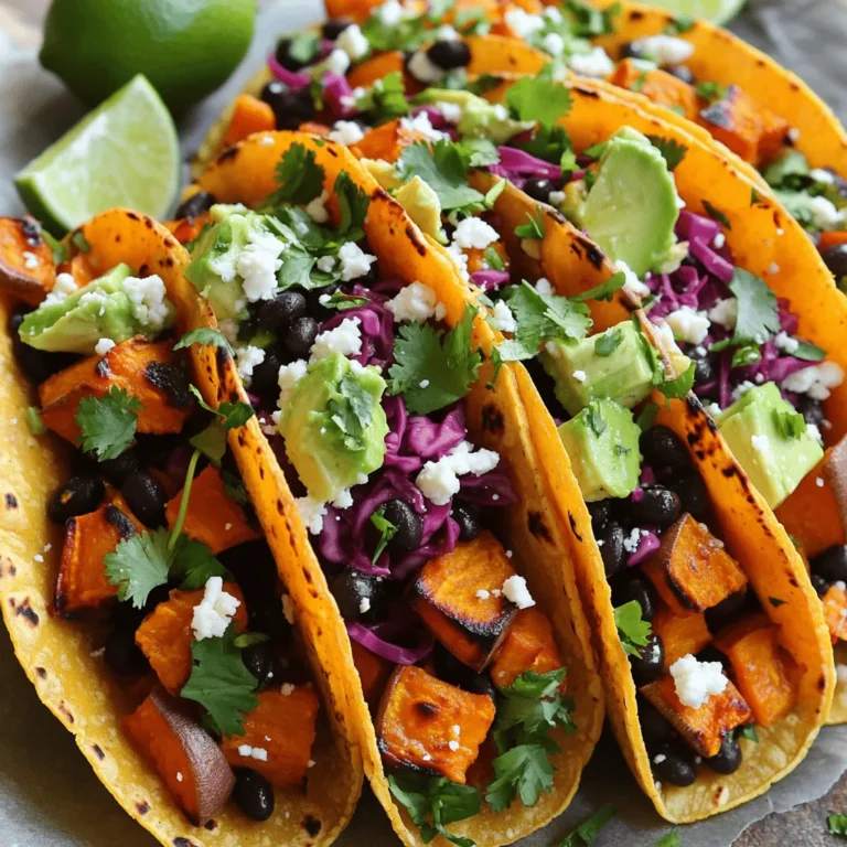 For these Cilantro Lime Sweet Potato Tacos, you will need: - 2 medium sweet potatoes, peeled and diced - 1 tablespoon olive oil - 1 teaspoon cumin - 1 teaspoon smoked paprika - Salt and pepper to taste - 1 cup black beans, rinsed and drained - 1 avocado, diced - 1/2 cup red cabbage, finely shredded - 1/4 cup fresh cilantro, chopped - 2 tablespoons lime juice - 8 small corn tortillas - Optional toppings: crumbled feta cheese, jalapeño slices, lime wedges Peeling and dicing sweet potatoes can seem tricky, but it's simple. Start by using a sharp peeler to remove the skin. Hold the sweet potato firmly, and peel from top to bottom. Once peeled, cut them into even cubes. This helps them cook at the same time. For chopping vegetables efficiently, keep your knife sharp. A dull knife makes cutting harder and can lead to accidents. Use a cutting board that doesn’t slip. Place a damp cloth under it for extra grip. When chopping red cabbage, slice it in half first. This makes it easier to shred. These tacos are not only tasty but also healthy. Each serving has about: - Calories: 350 - Protein: 10 grams - Fiber: 8 grams These numbers may vary based on the toppings you choose. Enjoy these tacos knowing they are good for you! For the full recipe, visit the link provided. First, set your oven to 400°F (200°C). This temperature helps the sweet potatoes cook perfectly. Next, peel and dice two medium sweet potatoes into small cubes. In a large bowl, toss the sweet potatoes with one tablespoon of olive oil. Add one teaspoon of cumin, one teaspoon of smoked paprika, salt, and pepper to taste. Make sure each piece is well coated with the seasoning. This step brings out the sweet flavor and adds a nice smoky touch. Spread the seasoned sweet potatoes on a baking sheet in a single layer. Roast them in the preheated oven for 25-30 minutes. This brings out their natural sweetness and gives them a great texture. Stir the sweet potatoes halfway through cooking. Stirring helps them brown evenly and prevents them from sticking. Keep an eye on them as they roast. You want them to be tender and slightly caramelized. While the sweet potatoes roast, prepare the taco filling. In a small bowl, mix one cup of black beans, one diced avocado, and half a cup of finely shredded red cabbage. Then, add a quarter cup of chopped cilantro and two tablespoons of lime juice. This mixture adds freshness and creaminess to the tacos. Taste it and add a pinch of salt if needed. The lime juice brightens all the flavors and balances the dish perfectly. Now, you can assemble the tacos! Warm eight small corn tortillas in a skillet or microwave. Place a generous amount of the sweet potato mixture on each tortilla. Top with the black bean and avocado mix. Enjoy your delightful Cilantro Lime Sweet Potato Tacos! For the full recipe, check out the detailed instructions above. To make these tacos truly yours, adjust the spices. If you like heat, add more smoked paprika or a pinch of cayenne. For a sweeter taste, sprinkle a bit of cinnamon. Taste as you go to find your perfect blend. For the sweet potatoes, achieving the right texture is key. Roast them until they are tender but not mushy. Stir halfway through cooking to ensure even crispness. This adds flavor and keeps them from sticking together. Pair these tacos with a fresh salad or a side of rice. A simple corn salad goes well with the flavors too. When it comes to drinks, a light beer or sparkling water with lime works great. Presentation matters! Serve your tacos on a colorful platter. Add lime wedges and extra cilantro for a bright look. This will impress your guests and make the meal feel special. One big mistake is overcooking the sweet potatoes. Check for doneness after 25 minutes. They should be soft but still hold their shape. Another common error is not warming the tortillas. Cold tortillas can break when you fill them. Warm them in a skillet or microwave for a few seconds before adding your filling. This small step makes a big difference in enjoying your tacos. For the complete recipe, check the [Full Recipe]. {{image_2}} To make these tacos vegan and gluten-free, choose the right ingredients. Most of the main ingredients are already vegan. The corn tortillas are gluten-free, but check the label to be sure. If you want to swap out the olive oil, use avocado or coconut oil. You can also add nutritional yeast for a cheesy flavor. This makes the recipe friendly for everyone. Want to add protein? Tofu or tempeh work great here. Just cube the tofu and marinate it in lime juice, cumin, and smoked paprika. Then, sauté it until golden brown. If using tempeh, steam it first to soften it. After that, add your spices and sauté. This way, you keep the flavor strong without losing the essence of the dish. You can change the flavor of your tacos easily. Try adding spices like chili powder or garlic powder for extra taste. For a spicy version, toss in some sliced jalapeños. You can also mix in chipotle sauce for a smoky kick. This way, you can create your perfect taco experience. Remember to taste as you go for the best results. For the full recipe, make sure to check out the details! To keep your cilantro lime sweet potato tacos fresh, store them in the fridge. First, separate the sweet potato filling from the tortillas. Use airtight containers to prevent moisture loss. Place the sweet potatoes and toppings in one container, and keep the tortillas in another. They will stay better this way. Aim to eat leftovers within 3 days for the best taste. When it's time to enjoy your tacos again, reheat the sweet potato filling in a skillet. This method warms them evenly and keeps their texture. To avoid soggy tortillas, warm them separately. You can use a microwave for about 10 seconds or heat them in a dry skillet for a few seconds on each side. This way, they stay soft and pliable. Freezing is a great option for meal prep. To freeze, place the sweet potato filling in a freezer-safe bag. Remove as much air as possible before sealing. Freeze tortillas separately in a different bag. This keeps them fresh for up to 3 months. When you're ready to eat, thaw the filling overnight in the fridge. Reheat it in a skillet and warm the tortillas as described above for the best results. Yes, you can. To save time, roast the sweet potatoes ahead. Store them in an airtight container in the fridge. You can also mix the black beans, avocado, cabbage, and cilantro together. Just keep the lime juice separate until you are ready to serve. This helps keep the avocado fresh. Warm your tortillas just before serving for the best taste. If you want something different, try flour tortillas. You can also use lettuce leaves for a low-carb option. Another idea is to use whole grain or gluten-free tortillas. Each choice adds a unique taste and texture to your tacos. To add heat, you can use jalapeños or serrano peppers. Mix them into the black bean filling for a kick. You can also drizzle hot sauce on top. For an extra spicy twist, sprinkle some chili powder on the sweet potatoes before roasting. There are many great toppings! I love adding crumbled feta cheese for creaminess. Sliced radishes add crunch and color. You can also use fresh lime wedges for an extra zing. Chopped green onions or a dollop of sour cream can enhance the flavor too. Absolutely! These tacos are great for meal prep. You can prepare and store each component separately. When you are ready to eat, just assemble the tacos. This keeps everything fresh and tasty. Plus, it makes lunch or dinner quick and easy. For the full recipe, check the earlier section. This blog post covered everything about making delicious sweet potato tacos. We discussed key ingredients like sweet potatoes, black beans, and spices. You learned how to prepare and cook them for the best flavor. We also explored tips for perfecting the tacos, storage options, and variations to meet different diets. In closing, these tacos are not just tasty; they are easy to make. Feel free to get creative with your ingredients and spices. Enjoy this fun, healthy dish any day of the week.
