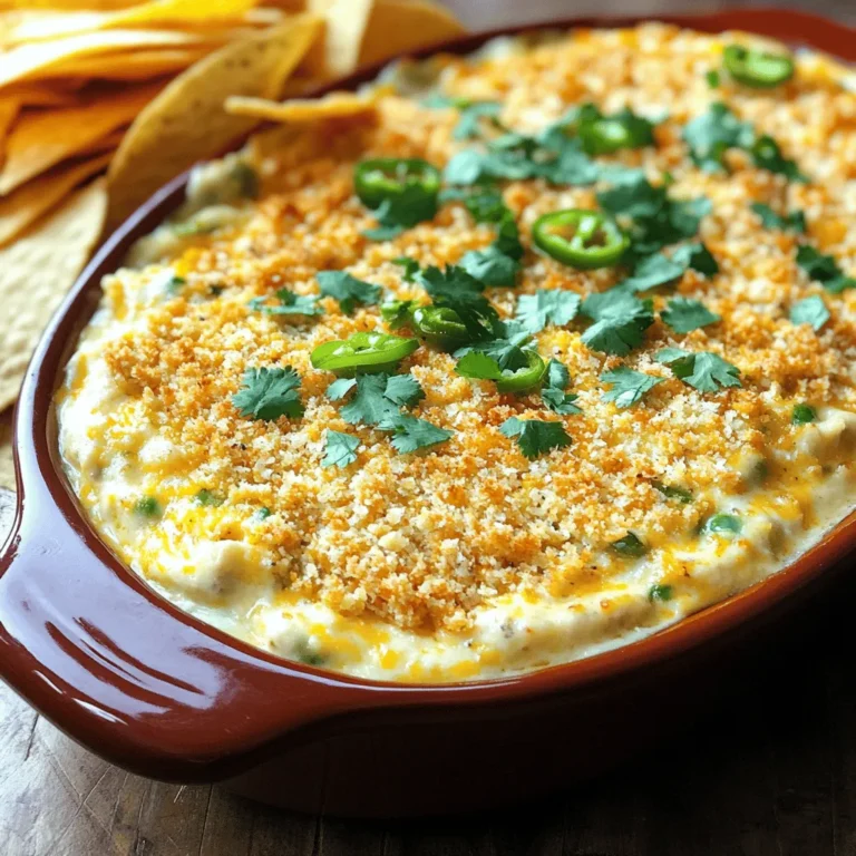 To make a tasty Jalapeño Popper Dip, you need a few simple ingredients. Here’s what you will need: - 8 oz cream cheese, softened - 1 cup sour cream - 1 cup shredded cheddar cheese - 1 cup shredded mozzarella cheese - 2-3 fresh jalapeños, finely chopped - 1/2 cup canned jalapeños, drained and chopped - 1/2 teaspoon garlic powder - 1/2 teaspoon onion powder - Salt and pepper to taste - 1/4 cup breadcrumbs (optional) - Fresh cilantro for garnish (optional) These ingredients blend to create a rich and creamy dip. The jalapeños add a great kick. If you prefer less heat, use fewer fresh jalapeños. You can also swap in different cheeses if you like. Try pepper jack for extra spice! Remember, this dip is all about your taste. So feel free to adjust as you go. For the full recipe, check out the detailed instructions above. 1. Preheat your oven to 350°F (175°C). While it heats, lightly grease a baking dish. An 8x8 inch dish works great for this dip. 2. In a large bowl, mix the softened cream cheese and sour cream. Blend until smooth and creamy. This creates a rich base. 3. Incorporate the shredded cheeses next. Add 1 cup of cheddar and 1 cup of mozzarella. Stir until everything is evenly mixed. 1. Add jalapeños and seasonings to the cheese mixture. Include both fresh and canned jalapeños for extra flavor. 2. Transfer the dip mixture into your greased baking dish. Spread it evenly across the dish. 3. If you want a crunchy topping, sprinkle breadcrumbs over the dip. This adds great texture. 4. Bake in your oven for 20-25 minutes. Look for a bubbly dip with a light golden top. 5. After baking, remove the dip from the oven. Let it cool slightly before serving. For the full recipe, refer to the section above. Enjoy your delicious Jalapeño Popper Dip with chips or bread! To get a great dip, start with the cream cheese. It should be very soft. This helps mix it with sour cream easily. If your cream cheese is cold, the dip will be lumpy. For spice lovers, you can adjust the heat. Use more fresh jalapeños if you want it spicier. If you prefer less heat, use fewer fresh jalapeños. The canned jalapeños add flavor without too much heat. Baking is key for texture. Bake the dip for 20 to 25 minutes. The top should be golden and bubbly. This means it’s ready to serve! Serve the dip warm. It pairs well with tortilla chips or sliced bread. Use sturdy chips for dipping to avoid breakage. For a colorful touch, add fresh cilantro on top. This not only looks nice but adds flavor too. You can also serve extra jalapeños on the side for those who want more heat. For the full recipe, check out the detailed steps to create this delicious dish. {{image_2}} If you're looking for gluten-free options, you can skip the breadcrumbs. Instead, use crushed corn chips or gluten-free crackers on top. These choices add crunch without gluten. Many people enjoy the same creamy texture without the gluten! For a vegan version, swap the cream cheese and sour cream for vegan alternatives. Use cashew cream or almond cream cheese. Nutritional yeast can add a cheesy flavor without dairy. Vegan shredded cheese also works well. This way, everyone can enjoy the dip! To make your dip even tastier, try adding spices. Smoked paprika gives a warm, smoky flavor. Cumin adds earthiness, while cayenne pepper can boost the heat. Just remember to taste as you go. You can always add more spice, but you can't take it out! Another fun twist is to mix in crispy bacon pieces. Bacon adds a savory crunch that many people love. You can also toss in extra veggies like bell peppers or corn for added texture and flavor. These options turn your dip into a hearty treat! For the full recipe, check out the details above and get ready to impress your guests! To keep your Jalapeño Popper Dip fresh, store it in an airtight container. This method helps lock in flavor and moisture. You can refrigerate it for up to four days. If you want to keep it longer, freeze the dip for up to two months. Just remember to thaw it in the fridge before reheating. For the best taste and texture, reheat your dip in the oven. Preheat it to 350°F (175°C) and place the dip in an oven-safe dish. Cover it with foil to keep it moist. Bake for about 15-20 minutes until warm. To avoid sogginess, don’t microwave it for long periods. Microwaving can make it watery. If you must use the microwave, heat it in short bursts, stirring in between. Enjoy your dip warm for the best flavor! How long does it take to prepare? It takes about 10 minutes to prepare this dip. After that, baking it takes around 20 to 25 minutes. So, in total, you will spend about 35 minutes from start to finish. Can I make this dip ahead of time? Yes, you can make this dip ahead of time. Prepare the dip and store it in the fridge. Bake it when you are ready to serve. This way, you save time on busy days or for gatherings. What goes well with Jalapeño Popper Dip? This dip pairs great with tortilla chips, sliced baguette, or fresh veggies. You can also serve it with crackers or pita chips for a tasty snack. If you want more heat, add extra jalapeños on the side. Can I serve it cold? I recommend serving Jalapeño Popper Dip warm. The flavors shine best when it is hot and bubbly. However, if you have leftovers, you can enjoy it cold. Just keep in mind that the texture will change a bit. This blog post covered how to make a delicious Jalapeño Popper Dip. You learned about the key ingredients, easy-to-follow steps, and handy tips. I shared variations for diets and flavor. For best results, don’t rush baking time and adjust spice levels to your taste. Enjoy this dip hot with chips or bread. With proper storage, you can savor leftovers too. Now, it’s time to create your own perfect dip and impress everyone at your next gathering.