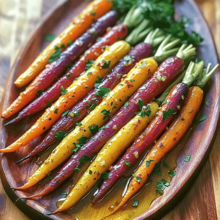 - 1 pound rainbow carrots, peeled and cut into even-sized pieces - 3 tablespoons olive oil - 3 cloves garlic, minced - 1 teaspoon fresh rosemary, chopped - 1 teaspoon fresh thyme, chopped - 1 teaspoon fresh parsley, chopped - 1 tablespoon honey or maple syrup - Zest of 1 lemon - Salt and pepper to taste This dish shines with the bright colors of rainbow carrots. Using fresh herbs adds a wonderful touch. The garlic gives it a robust flavor, while honey or maple syrup adds sweetness. Don't forget the lemon zest; it gives a great citrus kick! Each ingredient plays a role in making this dish special. You can find the full recipe for Garlic Herb Roasted Rainbow Carrots to create this vibrant side dish. - Preheat the oven to 425°F (220°C). - Prepare the baking sheet with parchment paper. First, I love to start by preheating the oven. This step ensures that the carrots roast evenly. Parchment paper helps the carrots not stick to the baking sheet. It also makes cleanup easier. - Combine olive oil, garlic, herbs, honey, lemon zest, salt, and pepper in a bowl. - Toss rainbow carrots in the herb mixture until coated. Next, I mix my ingredients. In a bowl, I combine olive oil, minced garlic, fresh herbs, honey, lemon zest, salt, and pepper. The mix adds great flavor to the carrots. After mixing, I add the rainbow carrots to the bowl. I toss them until they're evenly coated. Each carrot gets a nice layer of the herb mix. - Arrange carrots on the baking sheet in a single layer. - Roasting time and temperature: 20-25 minutes at 425°F (220°C). Now, I arrange the carrots on the baking sheet. I place them in a single layer for even roasting. I roast them for 20 to 25 minutes at 425°F (220°C). Halfway through, I turn the carrots to help them caramelize. They will be tender and slightly sweet when done. This simple dish is a true delight! If you want the full recipe, check it out here. To ensure even roasting, cut your rainbow carrots into similar sizes. This way, they cook at the same rate. Spread them out on the baking sheet, leaving space between each piece. This helps warm air circulate, making them cook nicely. Turn the carrots halfway through roasting. This step adds flavor and helps them caramelize. When you flip them, use a spatula to avoid breaking them. You want each piece to stay whole for a great look. Want a tangy kick? Add balsamic vinegar or a touch of mustard to your mix. This gives depth and a nice contrast to the sweetness of the carrots. You can also try different herbs like dill or oregano for a fun twist. The key is to explore flavors you enjoy. Serving your roasted carrots on a nice platter makes a big difference. Arrange them in a circle or a line for an eye-catching display. Drizzle any glaze left on the baking sheet over the top for extra shine. To make your dish pop, garnish with fresh herbs. A sprinkle of parsley or thyme adds color and freshness. You can even add a squeeze of lemon for brightness. This simple touch makes your dish look gourmet. Check out the [Full Recipe] for more details on making these tasty carrots! {{image_2}} You can switch up the recipe using other root veggies. Try adding parsnips or beets for a colorful twist. These vegetables offer unique tastes and textures. You can also use baby carrots. They make for a cute presentation and cook quickly. Want to change the flavor? Add spices like cumin or paprika. These spices give the dish warmth and depth. You can also add citrus. A bit of orange zest brings a bright touch to the carrots. This zest pairs well with the garlic and herbs. If you want a vegan dish, simply skip the honey and use maple syrup. This keeps the sweetness while keeping it plant-based. For gluten-free diets, this recipe is already safe. Just ensure all your ingredients are gluten-free. Enjoy the dish without worry! For the full details on making Garlic Herb Roasted Rainbow Carrots, check the [Full Recipe]. To keep your garlic herb roasted rainbow carrots fresh, store them in the fridge. Place the cooled carrots in an airtight container. This keeps out moisture and air, which can spoil them. Use them within three to five days for the best taste. If you have leftovers, you can freeze them, but note that the texture may change. To freeze, spread the cooled carrots on a baking sheet. Freeze them for about an hour, then transfer them to a freezer bag. This method prevents them from sticking together. When it’s time to enjoy your carrots again, reheating is key. The best way is to use the oven. Preheat it to 350°F (175°C). Spread the carrots on a baking sheet in a single layer. Heat them for about 10 to 15 minutes, or until warm. This method keeps them crisp. Avoid microwaving them if you can. Microwaving can make the carrots soggy and lose their nice texture. If you must use a microwave, place a damp paper towel over the carrots to help retain moisture without making them mushy. Can I use regular carrots instead of rainbow carrots? Yes, you can use regular carrots. However, rainbow carrots add color and fun to your dish. Their taste is sweeter and richer. You can mix and match if you like. Regular carrots work well in this recipe. How can I make the recipe ahead of time? You can prep the carrots and the herb mix a day early. Just cut the carrots and mix them with the herbs. Store them in the fridge. When you're ready to cook, just roast them as directed in the full recipe. What should I do if my carrots aren’t tender after roasting? If your carrots aren't tender, they may need more time. Check them at 5-minute intervals. Add some water to the baking sheet if they look dry. This steam can help soften them. How do I know when the carrots are done? The carrots are done when they are tender and slightly caramelized. You can test them with a fork. They should be easy to pierce. Look for a golden-brown color on the edges for that perfect finish. Are roasted carrots healthy? Yes, roasted carrots are healthy. They are low in calories and high in fiber. This makes them great for digestion. They also contain vitamins like A and C, which help your immune system. What nutritional benefits do rainbow carrots provide? Rainbow carrots have many health benefits. They provide antioxidants that fight free radicals. The different colors show various nutrients. For example, orange carrots are high in beta-carotene, while purple carrots contain anthocyanins. These nutrients help keep you healthy and strong. This blog post covered a simple and tasty roasted rainbow carrots recipe. You learned about key ingredients like olive oil, fresh herbs, and flavor enhancers. I shared step-by-step instructions to achieve perfect roasting. You also got tips for storage and reheating, along with fun variations. The beauty of this dish lies in its versatility and vibrant colors. Enjoy making it your own, and bring joy to your meals with these delicious carrots. Eating well can also be fun and easy!
