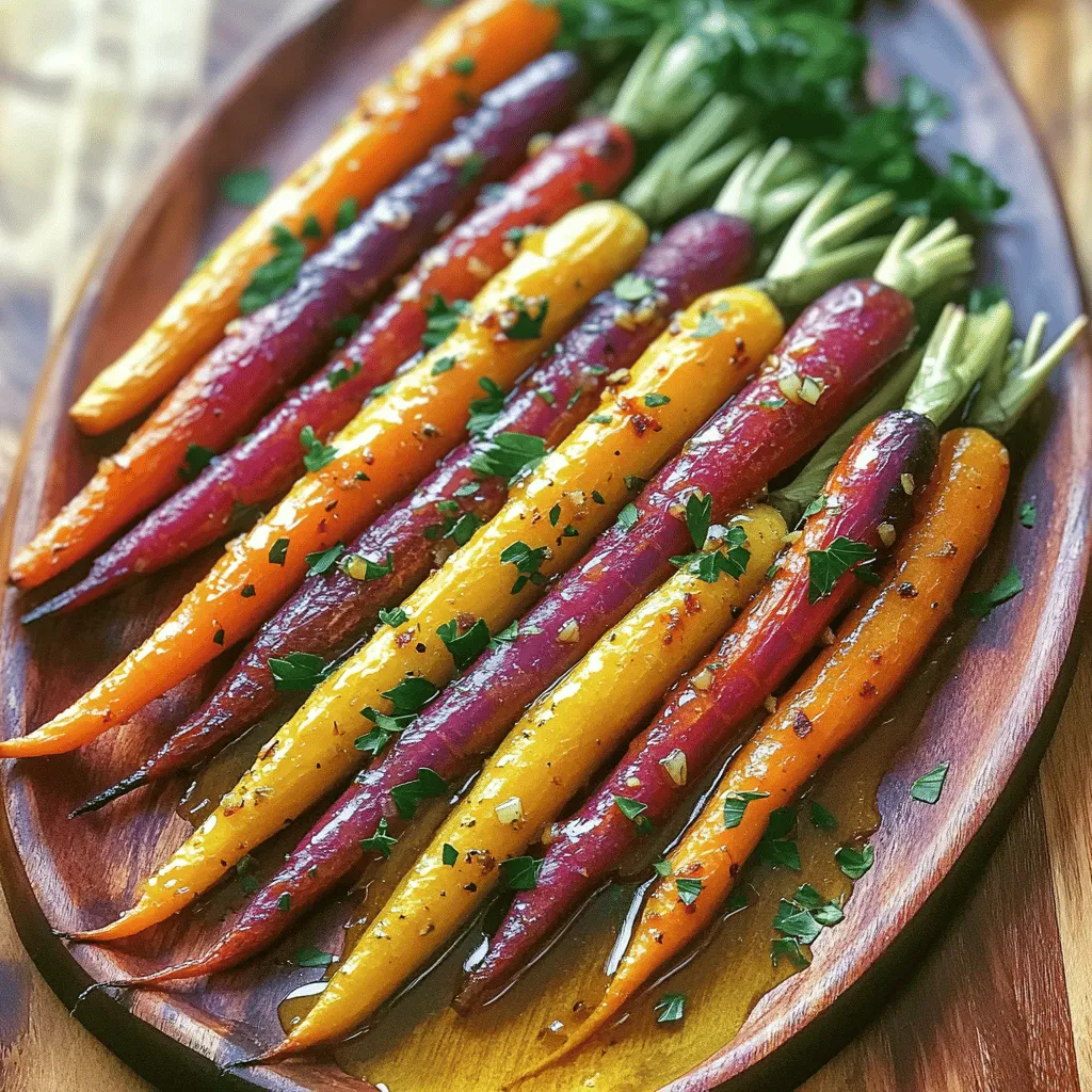 - 1 pound rainbow carrots, peeled and cut into even-sized pieces - 3 tablespoons olive oil - 3 cloves garlic, minced - 1 teaspoon fresh rosemary, chopped - 1 teaspoon fresh thyme, chopped - 1 teaspoon fresh parsley, chopped - 1 tablespoon honey or maple syrup - Zest of 1 lemon - Salt and pepper to taste This dish shines with the bright colors of rainbow carrots. Using fresh herbs adds a wonderful touch. The garlic gives it a robust flavor, while honey or maple syrup adds sweetness. Don't forget the lemon zest; it gives a great citrus kick! Each ingredient plays a role in making this dish special. You can find the full recipe for Garlic Herb Roasted Rainbow Carrots to create this vibrant side dish. - Preheat the oven to 425°F (220°C). - Prepare the baking sheet with parchment paper. First, I love to start by preheating the oven. This step ensures that the carrots roast evenly. Parchment paper helps the carrots not stick to the baking sheet. It also makes cleanup easier. - Combine olive oil, garlic, herbs, honey, lemon zest, salt, and pepper in a bowl. - Toss rainbow carrots in the herb mixture until coated. Next, I mix my ingredients. In a bowl, I combine olive oil, minced garlic, fresh herbs, honey, lemon zest, salt, and pepper. The mix adds great flavor to the carrots. After mixing, I add the rainbow carrots to the bowl. I toss them until they're evenly coated. Each carrot gets a nice layer of the herb mix. - Arrange carrots on the baking sheet in a single layer. - Roasting time and temperature: 20-25 minutes at 425°F (220°C). Now, I arrange the carrots on the baking sheet. I place them in a single layer for even roasting. I roast them for 20 to 25 minutes at 425°F (220°C). Halfway through, I turn the carrots to help them caramelize. They will be tender and slightly sweet when done. This simple dish is a true delight! If you want the full recipe, check it out here. To ensure even roasting, cut your rainbow carrots into similar sizes. This way, they cook at the same rate. Spread them out on the baking sheet, leaving space between each piece. This helps warm air circulate, making them cook nicely. Turn the carrots halfway through roasting. This step adds flavor and helps them caramelize. When you flip them, use a spatula to avoid breaking them. You want each piece to stay whole for a great look. Want a tangy kick? Add balsamic vinegar or a touch of mustard to your mix. This gives depth and a nice contrast to the sweetness of the carrots. You can also try different herbs like dill or oregano for a fun twist. The key is to explore flavors you enjoy. Serving your roasted carrots on a nice platter makes a big difference. Arrange them in a circle or a line for an eye-catching display. Drizzle any glaze left on the baking sheet over the top for extra shine. To make your dish pop, garnish with fresh herbs. A sprinkle of parsley or thyme adds color and freshness. You can even add a squeeze of lemon for brightness. This simple touch makes your dish look gourmet. Check out the [Full Recipe] for more details on making these tasty carrots! {{image_2}} You can switch up the recipe using other root veggies. Try adding parsnips or beets for a colorful twist. These vegetables offer unique tastes and textures. You can also use baby carrots. They make for a cute presentation and cook quickly. Want to change the flavor? Add spices like cumin or paprika. These spices give the dish warmth and depth. You can also add citrus. A bit of orange zest brings a bright touch to the carrots. This zest pairs well with the garlic and herbs. If you want a vegan dish, simply skip the honey and use maple syrup. This keeps the sweetness while keeping it plant-based. For gluten-free diets, this recipe is already safe. Just ensure all your ingredients are gluten-free. Enjoy the dish without worry! For the full details on making Garlic Herb Roasted Rainbow Carrots, check the [Full Recipe]. To keep your garlic herb roasted rainbow carrots fresh, store them in the fridge. Place the cooled carrots in an airtight container. This keeps out moisture and air, which can spoil them. Use them within three to five days for the best taste. If you have leftovers, you can freeze them, but note that the texture may change. To freeze, spread the cooled carrots on a baking sheet. Freeze them for about an hour, then transfer them to a freezer bag. This method prevents them from sticking together. When it’s time to enjoy your carrots again, reheating is key. The best way is to use the oven. Preheat it to 350°F (175°C). Spread the carrots on a baking sheet in a single layer. Heat them for about 10 to 15 minutes, or until warm. This method keeps them crisp. Avoid microwaving them if you can. Microwaving can make the carrots soggy and lose their nice texture. If you must use a microwave, place a damp paper towel over the carrots to help retain moisture without making them mushy. Can I use regular carrots instead of rainbow carrots? Yes, you can use regular carrots. However, rainbow carrots add color and fun to your dish. Their taste is sweeter and richer. You can mix and match if you like. Regular carrots work well in this recipe. How can I make the recipe ahead of time? You can prep the carrots and the herb mix a day early. Just cut the carrots and mix them with the herbs. Store them in the fridge. When you're ready to cook, just roast them as directed in the full recipe. What should I do if my carrots aren’t tender after roasting? If your carrots aren't tender, they may need more time. Check them at 5-minute intervals. Add some water to the baking sheet if they look dry. This steam can help soften them. How do I know when the carrots are done? The carrots are done when they are tender and slightly caramelized. You can test them with a fork. They should be easy to pierce. Look for a golden-brown color on the edges for that perfect finish. Are roasted carrots healthy? Yes, roasted carrots are healthy. They are low in calories and high in fiber. This makes them great for digestion. They also contain vitamins like A and C, which help your immune system. What nutritional benefits do rainbow carrots provide? Rainbow carrots have many health benefits. They provide antioxidants that fight free radicals. The different colors show various nutrients. For example, orange carrots are high in beta-carotene, while purple carrots contain anthocyanins. These nutrients help keep you healthy and strong. This blog post covered a simple and tasty roasted rainbow carrots recipe. You learned about key ingredients like olive oil, fresh herbs, and flavor enhancers. I shared step-by-step instructions to achieve perfect roasting. You also got tips for storage and reheating, along with fun variations. The beauty of this dish lies in its versatility and vibrant colors. Enjoy making it your own, and bring joy to your meals with these delicious carrots. Eating well can also be fun and easy!