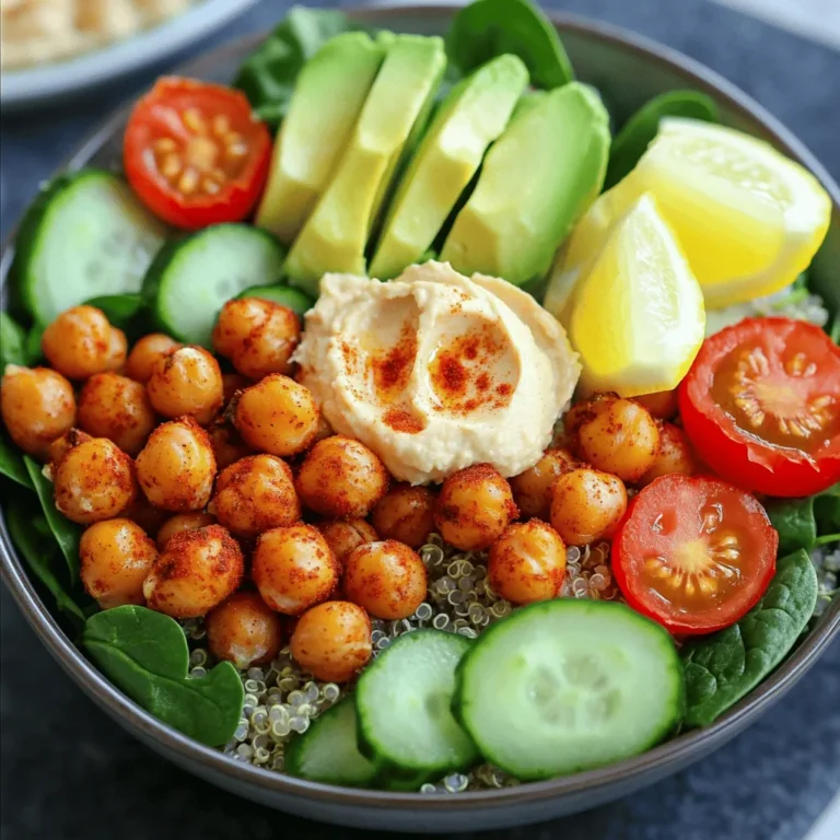 - 1 can (15 oz) chickpeas, drained and rinsed - 2 tablespoons olive oil - 1 teaspoon smoked paprika - 1/2 teaspoon garlic powder - Salt and pepper to taste Chickpeas are the star of this dish. They add protein and fiber. They also soak up flavors well. The olive oil helps them crisp up nicely. Smoked paprika gives a warm, smoky taste. Garlic powder enhances the flavor further, making every bite more enjoyable. - 1 cup cooked quinoa - 1 cup baby spinach or mixed greens Quinoa is a great base for this bowl. It is packed with nutrients and cooks easily. Fresh greens add color and crunch. You can use baby spinach or mixed greens based on your choice. - 1 cup cherry tomatoes, halved - 1 avocado, sliced - 1/4 cup hummus (store-bought or homemade) - Lemon wedges for serving Cherry tomatoes bring a juicy burst of flavor. Avocado adds creaminess and healthy fats. Hummus gives a rich texture and is a great dip. A squeeze of lemon brightens the whole dish. For the full recipe, check the main article. Enjoy creating your Crispy Chickpea Buddha Bowl! First, you want to preheat your oven to 400°F (200°C). This step is key for getting those chickpeas nice and crispy. Next, drain and rinse one can of chickpeas. After that, use a kitchen towel to pat the chickpeas dry. This helps remove any moisture. Dry chickpeas will roast better. Now it’s time to season the chickpeas. In a bowl, toss them with two tablespoons of olive oil. Add one teaspoon of smoked paprika, half a teaspoon of garlic powder, and salt and pepper to taste. Mix until all the chickpeas are evenly coated with the seasoning. This mix adds great flavor! Spread the seasoned chickpeas in a single layer on a baking sheet. It’s best to line the sheet with parchment paper to prevent sticking. Now, roast the chickpeas in the oven for about 25 to 30 minutes. Remember to shake the pan halfway through cooking. This helps them crisp up evenly. You want them golden and crunchy! While the chickpeas roast, you can prepare your quinoa. If it’s not already cooked, follow the package instructions. In a serving bowl, layer a cup of cooked quinoa at the bottom. Next, add a handful of baby spinach or mixed greens on top. Now for the fun part! Arrange the crispy chickpeas, halved cherry tomatoes, diced cucumber, and sliced avocado around the bowl. This makes it colorful and appealing. Finally, add a dollop of hummus in the center. Drizzle with olive oil if you like. Serve with lemon wedges on the side. Squeeze some lemon juice over the bowl before eating for a fresh taste. You can find the full recipe [here](#). To get crispy chickpeas, start by drying them well. Drain and rinse your chickpeas, then pat them with a kitchen towel. Removing moisture is key. If they are wet, they won't crisp up. For roasting, use olive oil and spices. Toss the dried chickpeas in a bowl with olive oil, smoked paprika, garlic powder, salt, and pepper. Spread them out on a baking sheet lined with parchment paper. Make sure they are in a single layer. Roast at 400°F for 25-30 minutes. Shake the pan halfway to ensure even cooking. Chickpeas are full of protein and fiber. They help keep you full and satisfied. They are low in fat and great for heart health. Including fresh veggies boosts the bowl's nutrition. Spinach adds iron, while tomatoes give antioxidants. Cucumbers add hydration and crunch. Avocados offer healthy fats, making this bowl a well-rounded meal. Pair your Buddha bowl with a side of whole grain bread for extra carbs. You can also serve it with a light soup to add warmth. For meal prep, make extra roasted chickpeas and quinoa. Store them separately in the fridge. Assemble your bowl right before eating. This way, everything stays fresh and crunchy. Try the Full Recipe to create your own delicious bowl! {{image_2}} You can add many protein sources to your Buddha bowl. Some great options are: - Grilled chicken or turkey - Tofu or tempeh - Cooked lentils - Hard-boiled eggs If you follow a vegan diet, chickpeas are perfect. For gluten-free options, choose quinoa or brown rice. These swaps help meet different dietary needs. Spices can change your Buddha bowl flavor. Here are some to try: - Cumin for a warm taste - Curry powder for a kick - Chili powder for heat Dressings can also enhance flavor. Try these: - Tahini dressing for creaminess - Lemon vinaigrette for brightness - A spicy yogurt sauce for tang You can easily swap greens and veggies in your bowl. Here are some ideas: - Kale instead of spinach - Arugula for a peppery taste - Roasted sweet potatoes instead of cucumber For vegan and gluten-free options, avoid dairy. Use avocado or hummus as creamy toppings. These swaps keep your bowl fresh and exciting. For the full recipe, check out the Crispy Chickpea Buddha Bowl. You can easily store leftover Buddha bowl ingredients. Start by placing the chickpeas, quinoa, and veggies in separate airtight containers. This keeps them fresh and tasty. Store them in the fridge for up to three days. If you want to keep them longer, freeze the chickpeas and quinoa. They can last for about two months in the freezer. Just remember to cool them down before sealing. To reheat the chickpeas and quinoa, use the oven or a skillet. For the oven, preheat it to 350°F (175°C). Spread the chickpeas on a baking sheet and heat for about 10 minutes. This keeps them crispy. For the quinoa, add a splash of water and cover with a lid in a skillet. Heat on low for a few minutes, stirring occasionally. This helps it stay fluffy. You can simplify your cooking by prepping ahead. Cook the quinoa and chickpeas in advance. Store them in the fridge to use later in your bowls. Chop the veggies and keep them ready too. Assemble your Buddha bowl just before serving. This keeps everything fresh and crunchy. You’ll enjoy a delicious meal without much hassle. For the full recipe, check out the details above! To make chickpeas crispy, start by drying them well. Use a clean kitchen towel to pat them dry. Moisture makes them soggy, so this step is key. Next, toss the chickpeas with olive oil and spices. I like using smoked paprika and garlic powder for flavor. Spread them out in a single layer on a baking sheet. This helps them cook evenly. Roast them in a preheated oven at 400°F for about 25-30 minutes. Shake the pan halfway to ensure they crisp up all over. Keep a close eye on them to avoid burning. Yes, you can make this Buddha bowl in advance. Prepare the chickpeas and cook the quinoa ahead of time. Store them separately in airtight containers. You can also chop the veggies and keep them in the fridge. This way, you save time on busy days. When it's time to eat, just warm up the chickpeas and quinoa. Assemble the bowl quickly for a fresh meal. You can add many ingredients to your Buddha bowl. Try roasted sweet potatoes for a sweet touch. Bell peppers add crunch and color. You can also include shredded carrots or sliced radishes. Nuts and seeds bring extra texture and nutrition. Consider using different greens like kale or arugula. For protein, add grilled chicken or tofu if you like. The options are endless, so mix and match to suit your taste! Making a Crispy Chickpea Buddha Bowl takes about 40 minutes total. You’ll need about 10 minutes to prep the ingredients. This includes drying the chickpeas and cooking the quinoa. The roasting time for the chickpeas is around 25-30 minutes. While they roast, you can chop veggies and prepare the bowl. This makes it easy to create a delicious meal without a lot of fuss. For the full recipe, check out the earlier section. This Buddha bowl blends tasty ingredients like chickpeas, quinoa, and fresh greens. You learn how to roast chickpeas to perfection and layer them with vibrant toppings. Feel free to explore variations and add your favorite proteins or spices. Remember, meal prep makes this dish quick and healthy. Enjoy your time creating a colorful bowl that’s packed with nutrition. You’ll love how simple it is to make a delicious meal that nourishes your body. Try it for lunch or dinner; it’s versatile and satisfying!