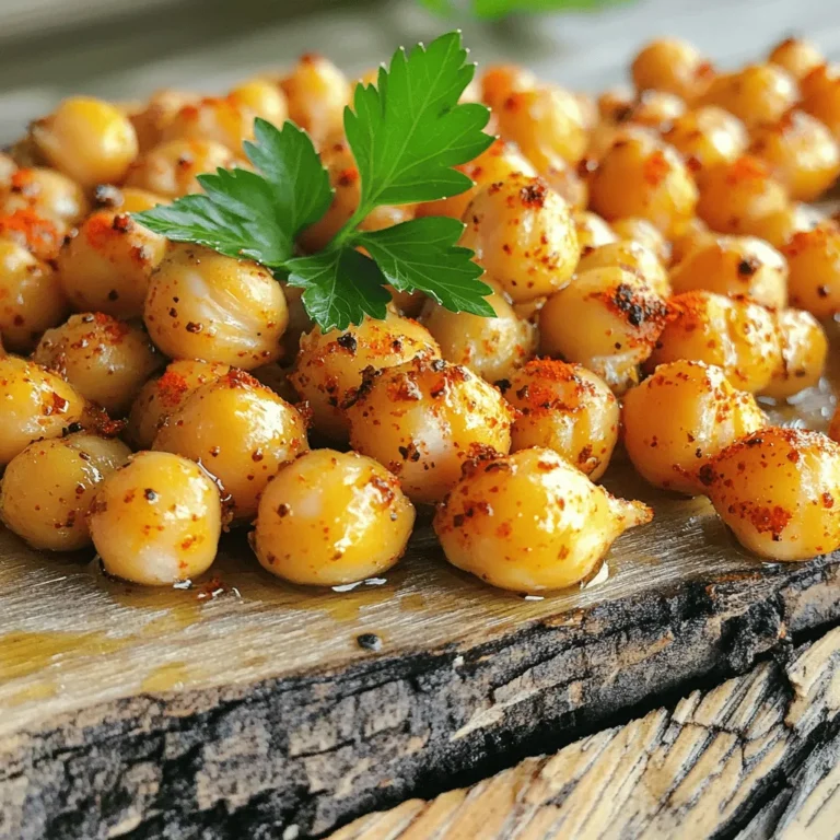 - 1 can (15 oz) chickpeas, drained and rinsed - 2 tablespoons olive oil - 1 teaspoon smoked paprika - 1/2 teaspoon cayenne pepper - 1 teaspoon garlic powder - 1 teaspoon onion powder - 1/2 teaspoon salt - 1/4 teaspoon black pepper - 1 tablespoon nutritional yeast (optional) Chickpeas are the star of this recipe. They offer great flavor and crunch. I love using canned chickpeas for convenience. Just drain and rinse them to remove excess sodium. Olive oil adds richness and helps the spices stick. The spices create a flavor explosion. Smoked paprika gives a nice depth. Cayenne pepper adds heat. You can adjust the amount to match your taste. Garlic and onion powder enhance the savory goodness. Nutritional yeast is optional but great for a cheesy kick. It’s packed with vitamins! This mix of ingredients makes each bite a delightful experience. - Each serving has about 120 calories. - It contains 5 grams of protein. - There are 2 grams of fat. - Each serving has 4 grams of fiber. Chickpeas are a superfood. They are high in protein and fiber, making them filling. These nutrients help with digestion and keep you satisfied. They also provide essential vitamins and minerals. Roasting chickpeas makes a healthy snack. You can enjoy them without guilt. They are a great alternative to chips or other snacks. More than just tasty, they offer health benefits that you can feel good about. For the complete method, check the Full Recipe. - First, preheat your oven to 400°F (200°C). This heat is key for a crispy snack. - Next, drain and rinse the chickpeas. Use a paper towel to pat them dry. Removing moisture helps them crisp up nicely. - In a bowl, mix 2 tablespoons of olive oil with the spices. Use 1 teaspoon of smoked paprika, 1/2 teaspoon of cayenne pepper, 1 teaspoon of garlic powder, 1 teaspoon of onion powder, 1/2 teaspoon of salt, and 1/4 teaspoon of black pepper. - If you want a cheesy flavor, add 1 tablespoon of nutritional yeast. Blend the oil and spices well. This mixture is vital for flavor. - Toss the dry chickpeas in the spice mix until they are fully coated. An even coat ensures every bite is full of flavor. - Spread the coated chickpeas on a baking sheet lined with parchment paper. Make sure they are in a single layer. This helps them roast evenly. - Place the baking sheet in the oven. Roast for 25-30 minutes. Halfway through, toss the chickpeas to ensure they cook evenly. - When they turn golden brown and crispy, remove them from the oven. Let them cool for a few minutes. They will get even crispier as they cool. For the complete process, check the Full Recipe. To make your chickpeas crispy, start by drying them well. After rinsing, use a paper towel to soak up moisture. This step is key for that crunchy texture. Next, roast them at 400°F (200°C). This heat gets them golden and crispy in about 25-30 minutes. Toss them halfway through to ensure even cooking. You can boost the flavor of your chickpeas with other spices too. Try adding cumin for warmth or chili powder for extra heat. If you love cheesy flavors, sprinkle in some nutritional yeast. It gives a nice taste without dairy. Mix and match spices to find your favorite combo. Roasted chickpeas make a great snack on their own. You can also sprinkle them on salads or soups for a crunchy twist. For a beautiful presentation, serve them in a rustic bowl. Add a sprig of fresh parsley on top for color. You can even package them in jars for gifts or snack packs. For the full recipe, check out the details in the earlier section. {{image_2}} You can change the spice mix for your roasted chickpeas. Try using spices like cumin or curry powder for a different flavor. If you want a mild bite, skip the cayenne. For extra heat, add more cayenne or chili powder. You could even try a sweet twist by mixing in cinnamon and sugar for a unique snack. These options let you find the perfect balance that suits your taste buds. Chickpeas are great, but you can also roast other legumes. Try using black beans, kidney beans, or lentils. Each legume has its own unique taste and texture. Roasting different beans gives you new flavor profiles. Plus, you get various health benefits. Beans pack protein and fiber, making them a smart choice for a snack. Roasted chickpeas are not just a snack on their own. You can mix them into salads for a crunchy topping. Try adding them to grain bowls for extra protein. Pair them with dips like hummus or yogurt sauce for a fun twist. You can also use them in wraps or tacos for added crunch. There are endless ways to enjoy these crispy bites. Check out the Full Recipe for more great ideas! To keep your spicy roasted chickpeas crispy, store them in an airtight container. Avoid using plastic bags, as they can trap moisture. Instead, use a glass jar or a metal tin. This keeps your snack crunchy and tasty. Make sure to let them cool completely before sealing the container. This helps prevent steam buildup, which can make them soggy. Yes, you can freeze roasted chickpeas! To do this, spread them out on a baking sheet. Freeze them for about an hour. Once they are frozen solid, transfer them to a freezer bag. When you’re ready to enjoy them again, thaw the chickpeas in the fridge overnight. To re-crisp them, bake in a preheated oven at 400°F (200°C) for about 10 minutes. This will bring back their delightful crunch. When stored properly, spicy roasted chickpeas can last for about a week. Always check for signs of spoilage. If they smell off or appear soft, it's best to toss them. To ensure freshness, label your containers with the date you made them. This simple step helps you enjoy your snack at its best. For the full recipe, check out the earlier section! Making Spicy Roasted Chickpeas is quick and easy. The prep time is about 10 minutes. You will spend around 25 to 30 minutes cooking them in the oven. So, the total time from start to finish is around 40 minutes. This makes it a great snack for busy days! Yes, you can easily adjust the spice levels. If you like it milder, use less cayenne pepper. You can also add a bit of sugar to balance the heat. For more spice, just increase the cayenne or add a dash of hot sauce. Experiment with different spices to find your perfect mix! There are many fun ways to serve Spicy Roasted Chickpeas. You can enjoy them as a snack on their own. They also make a crunchy topping for salads or soups. Try adding them to grain bowls for extra texture. You can even serve them with dips like hummus or yogurt for a tasty bite. Spicy roasted chickpeas are not just tasty but also healthy. We covered easy steps, tasty spice mixes, and creative serving ideas. Remember to dry the chickpeas well for crispiness. You can store leftovers properly to enjoy later. With these tips, you can customize this snack to fit your taste. Try different spices or legumes, and make it your own! Enjoy every crunchy bite, and share your delicious creations!