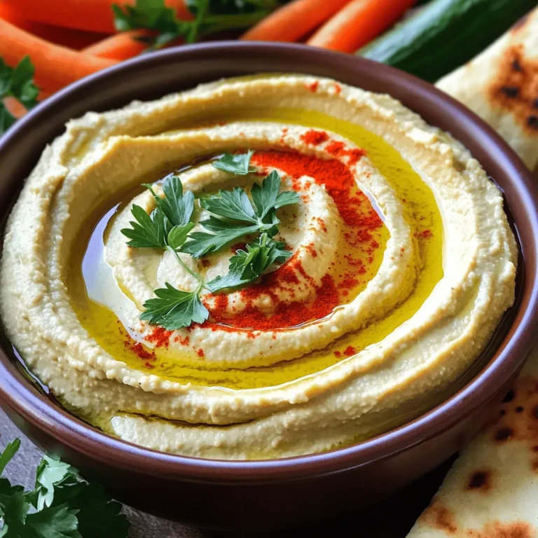 - 1 can (15 oz) chickpeas, drained and rinsed - 4 cloves of garlic, roasted - 1/4 cup tahini - 2 tablespoons lemon juice - 2 tablespoons olive oil (plus extra for drizzling) - 1/2 teaspoon ground cumin - Salt, to taste - Water, as needed for desired consistency These core ingredients create the base of your roasted garlic hummus. The chickpeas offer a creamy texture and protein. Roasted garlic brings a sweet, mellow flavor that warms the dish. Tahini adds a nutty element, while olive oil gives richness. Lemon juice brightens the flavor, and cumin adds depth. - Fresh parsley - Paprika - Additional olive oil drizzle Garnishes elevate your hummus. Fresh parsley adds a nice color and freshness. Paprika offers a hint of smokiness and a pop of color. A drizzle of olive oil not only makes it look great, but it enhances the flavor too. For the full recipe, visit [Full Recipe]. Roasting the garlic First, preheat your oven to 400°F (200°C). Take four cloves of garlic. Wrap them in aluminum foil. Roast the garlic for about 20-25 minutes. It should be soft and fragrant. Let it cool a bit before you touch it. Preparing chickpeas Grab one can of chickpeas. Drain the chickpeas and rinse them well under cold water. This step helps remove extra sodium and gives a better taste. Now, you’re ready to blend! Combining all ingredients in a food processor In your food processor, combine the roasted garlic, chickpeas, tahini, lemon juice, olive oil, and ground cumin. Add a pinch of salt too. This mix will create that rich, creamy texture we love. Achieving the desired consistency Blend the mixture until smooth. If it looks too thick, add water one tablespoon at a time. Keep blending until you reach that perfect hummus consistency. Taste it and adjust the seasoning if needed. Presentation tips Scoop the hummus into a serving bowl. Drizzle a bit of olive oil on top. Sprinkle paprika and some fresh parsley for color. This makes it look great! Pairing ideas Serve your hummus with warm pita bread, fresh veggies, or crunchy crackers. It also goes well with grilled meats or as a dip for a party. Enjoy your tasty creation! For the full recipe, check out the [Full Recipe]. To get the best roasted garlic flavor, I recommend roasting at 400°F (200°C) for 20-25 minutes. This time and heat bring out a sweet, mellow taste. The garlic should feel soft when you squeeze it. Using regional garlic varieties can also help. Each type has its own unique flavor. Local garlic often tastes fresher and can add a nice twist to your hummus. The thickness of your hummus can change based on your preference. If it's too thick, add water slowly, one tablespoon at a time. Blend well after each addition until you reach the right texture. If you want to avoid using water, try adding olive oil or lemon juice. These ingredients can help adjust the thickness while also enhancing the flavor. To make your hummus even better, consider adding spices like smoked paprika or cayenne pepper. These can give a nice kick to your dish. Incorporating fresh herbs can also elevate the taste. Parsley and cilantro work well, adding color and flavor. Experiment with different herbs to find your favorite mix. For the full recipe, check out the [Full Recipe]. {{image_2}} You can easily switch up the flavors in roasted garlic hummus. One popular option is spicy roasted garlic hummus. To make it, add a pinch of cayenne pepper or some chopped jalapeños. This gives your hummus a nice kick. Another great choice is herbed roasted garlic hummus. You can mix in fresh herbs like basil or cilantro. This adds a fresh taste and vibrant color to your dip. Sometimes you might want to change a few ingredients. For a lighter option, try low-fat tahini. You can find brands that reduce fat but still keep great flavor. If you need a chickpea substitute, consider using white beans or lentils. They blend well and give a similar creamy texture. When it comes to serving, think outside the box! Vegetable dippers like carrots, celery, or bell pepper strips are excellent. They add crunch and freshness to each bite. You can also serve hummus with crackers or pita bread. Both options are great for scooping. Plus, they complement the rich flavors of the hummus. For the full recipe, check out the detailed instructions above. To keep your roasted garlic hummus fresh, use airtight containers. Glass jars work well. They seal tightly and prevent air from getting in. Plastic containers are also good but make sure they are BPA-free. In the fridge, your hummus will stay fresh for about five to seven days. Always check for any off smells or changes in color before eating. If it looks or smells funny, it's best to toss it. You can freeze hummus for later use. To do this, scoop it into a freezer-safe container. Leave some space at the top. Hummus expands as it freezes. When you want to use it, move the container to the fridge. Let it thaw overnight. For quick thawing, you can also place it in warm water for about 30 minutes. After thawing, stir it well. You may need to add a bit of water to get the right consistency. Enjoy your hummus again! For more details on making this delicious dish, check the Full Recipe. Roasted garlic hummus is a smooth dip made from chickpeas and roasted garlic. It has a rich, savory flavor that is both nutty and creamy. The roasted garlic adds a sweet and mellow taste, making it a favorite among many. You can enjoy it as a snack, spread, or party appetizer. Store roasted garlic hummus in the fridge for up to five days. Look for signs of spoilage such as an off smell or mold. If you see either, it’s best to toss it. Yes, you can make roasted garlic hummus ahead of time. Prepare it two to three days before your event. Store it in an airtight container in the fridge to keep it fresh. You can find roasted garlic hummus at most grocery stores. Look in the deli section or refrigerated aisle. Brands like Sabra and Tribe often carry this flavor. For fresh options, check your local farmer's market. For a homemade option, try my Full Recipe for roasted garlic hummus. Roasted garlic hummus is simple and fun to make. You need key ingredients like chickpeas, roasted garlic, and tahini. Follow our easy steps to blend them into a creamy dip. Feel free to try different flavors or pair it with veggies or crackers. Store any leftovers properly to keep them fresh. This hummus is versatile and can spice up any meal. I hope you're excited to make your own tasty hummus at home. Enjoy experimenting with different flavors!