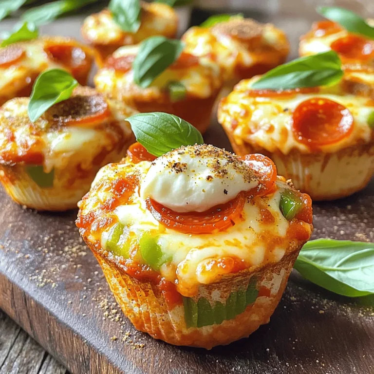 To make delicious Deep-Dish Pizza Muffins, gather these simple ingredients: - 2 cups all-purpose flour - 1 tablespoon baking powder - 1 teaspoon garlic powder - ½ teaspoon salt - 1 cup shredded mozzarella cheese - ½ cup pepperoni, diced - ½ cup green bell pepper, finely chopped - ½ cup marinara sauce (plus extra for serving) - 1 cup milk - ⅓ cup olive oil - 1 large egg - Italian seasoning, for garnish These ingredients create a tasty muffin that bursts with pizza flavor. Each one is packed with cheese, pepperoni, and veggies. You can mix and match these items to fit your taste. For example, you can swap pepperoni for veggies or try different cheeses. The options are endless! When you gather your ingredients, make sure they are fresh. Fresh ingredients make the muffins taste better. You can find all these items at your local grocery store. If you want, you can even get organic or local options for a healthier choice. Don't forget to check out the Full Recipe for more details on making these muffins, including cooking times and tips! 1. Preheat your oven to 375°F (190°C). This step is key for even baking. 2. Prepare a standard muffin tin by greasing each cup with cooking spray or olive oil. This keeps the muffins from sticking. 3. In a large bowl, mix together the all-purpose flour, baking powder, garlic powder, and salt. Make sure to whisk them well. 4. Now, gently fold in the shredded mozzarella cheese, diced pepperoni, and finely chopped green bell pepper. Mix until they are evenly spread in the flour blend. 1. In another bowl, whisk together the milk, olive oil, and egg. This helps create a smooth mixture for the batter. 1. Slowly pour the wet mix into the dry ingredients. Stir gently until just combined. The batter should be slightly lumpy. 2. Spoon the batter into the prepared muffin tin. Fill each cup about three-quarters full. 3. For a fun twist, add a small dollop of marinara sauce on top of each muffin. 4. Sprinkle some Italian seasoning over the muffins to enhance the flavor. 5. Bake in the preheated oven for 20-25 minutes. The muffins will rise and turn golden brown. 6. To check if they are done, insert a toothpick in the center of a muffin. If it comes out clean, they are ready. 7. Let the muffins cool in the tin for a few minutes, then transfer them to a wire rack to cool completely. This quick process will lead you to delicious Deep-Dish Pizza Muffins! For the complete recipe, refer to the [Full Recipe]. To make the best deep-dish pizza muffins, avoid overmixing the batter. Overmixing can make the muffins tough. Mix just enough until the ingredients come together. To check for doneness, insert a toothpick into the center of a muffin. If the toothpick comes out clean, the muffins are ready. If it has wet batter, bake a few more minutes. For a great presentation, serve the muffins warm on a rustic wooden board. This adds a cozy touch. Include a small bowl of extra marinara sauce for dipping. This makes every bite even better! Garnish with fresh basil leaves for color and taste. Pair these muffins with a simple salad or garlic bread. They make a great meal or snack. You can swap ingredients for different flavors. Try using cheddar or pepper jack cheese for a twist. For a meatless option, add mushrooms or diced zucchini. Adjust the spice level by adding red pepper flakes or using spicy pepperoni. You can customize each batch to suit your taste! {{image_4}} You can change the cheese in these muffins for new tastes. Try using cheddar cheese for a sharp bite. Pepper jack cheese adds a spicy kick. Mixing mozzarella with these cheeses gives a creamy texture. Experimenting with cheese can make your muffins unique. If you want a vegetarian version, skip the pepperoni. You can use mushrooms for a hearty feel. Chopped spinach or zucchini also works well. These veggies add flavor and moisture. Using different toppings keeps the muffins fresh and fun. The dough you choose can change the whole muffin. You can use pizza dough for a chewy texture. Or, try biscuit dough for a fluffy muffin. Each option brings a new twist to the dish. Experiment with dough types to find your favorite. Don't forget to check the Full Recipe for more ideas! To keep your deep-dish pizza muffins fresh at room temperature, place them in an airtight container. This helps prevent them from drying out. If you plan to eat them within two days, they will stay tasty and soft. If you have more, consider freezing them. For best results, freeze the muffins after they cool completely. Wrap each muffin in plastic wrap. Then, place them in a freezer bag. This keeps them fresh for up to three months. To thaw, leave them in the fridge overnight or set them on the counter for a few hours. To reheat the muffins without drying them out, use the oven. Preheat it to 350°F (175°C). Place the muffins on a baking sheet and cover them with foil. Heat for about 10-15 minutes. This method keeps them moist and warm, ready for you to enjoy. For a quick option, you can microwave them for about 20-30 seconds, but they may dry out more this way. Deep-Dish Pizza Muffins come from Chicago's famous deep-dish pizza. This style of pizza started in the 1940s. It became popular for its thick crust and plenty of toppings. These muffins take that rich flavor and make it bite-sized. They are fun, easy to share, and perfect for parties. You get all the classic tastes in a new form. Yes, you can make these muffins ahead of time. After baking, let them cool completely. Store them in an airtight container at room temperature. They stay fresh for about two days. You can also freeze them. Wrap each muffin tightly and place them in a freezer bag. They can last up to three months. When ready to eat, thaw them in the fridge overnight. Warm them in the oven for the best taste. Absolutely! You can use gluten-free flour for these muffins. Just make sure to choose a good blend. A cup-for-cup gluten-free flour works well. This makes it easy to substitute without changing the recipe. The muffins may be slightly different in texture but still taste great. Enjoy your tasty treat without worry! This blog post guides you through making delicious deep-dish pizza muffins. We covered the key ingredients needed, each step, and helpful tips for the best results. Remember to avoid overmixing the batter and check for doneness to achieve perfect muffins. You can customize the recipe with different toppings and adjust flavors to suit your tastes. These muffins freeze well and reheat easily. Enjoy your baking, and watch these tasty treats impress your family and friends!
