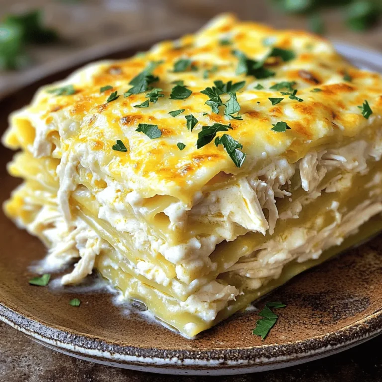 To make Chicken Alfredo Lasagna, you need simple and tasty ingredients. Here’s what you will need: - 8 lasagna noodles - 2 cups cooked chicken, shredded - 2 cups ricotta cheese - 2 cups mozzarella cheese, shredded - 1 cup grated Parmesan cheese - 3 cups Alfredo sauce (store-bought or homemade) - 1 teaspoon garlic powder - 1 teaspoon Italian seasoning - Salt and pepper to taste These ingredients work together to create a creamy and comforting dish. The lasagna noodles give it structure, while the chicken adds protein. Ricotta and mozzarella create a rich, cheesy base. Alfredo sauce makes it all creamy and delicious. You can add a few garnishes to make your Chicken Alfredo Lasagna even better. Here are some ideas: - Fresh parsley, chopped - Extra Parmesan cheese, grated - A sprinkle of red pepper flakes for spice These garnishes not only look nice but also enhance the flavor. A touch of parsley adds color, while red pepper flakes give a little kick. Knowing the nutritional facts helps you enjoy your meal fully. For each serving of Chicken Alfredo Lasagna, you get: - Calories: 450 - Protein: 30g - Fat: 25g - Carbohydrates: 35g - Fiber: 2g - Sugar: 3g This dish is filling and satisfying. It provides a good amount of protein and energy to keep you going. Just remember that it’s rich, so enjoy it in moderation. For the full recipe, check out the section above. To make Chicken Alfredo Lasagna, start by gathering all your ingredients. This includes lasagna noodles, cooked chicken, ricotta cheese, mozzarella cheese, Parmesan cheese, and Alfredo sauce. It helps to have everything ready before you start cooking. Preheating the oven to 375°F (190°C) is essential to ensure even baking. For the lasagna noodles, boil a large pot of salted water. Add the noodles and cook them until they are al dente, about 8 to 10 minutes. After cooking, drain the noodles and rinse them under cold water. This stops the cooking process and helps them stay firm. Set the noodles aside on a clean towel or plate. Now, let’s start layering! First, spread a thin layer of Alfredo sauce on the bottom of a 9x13-inch baking dish. Place four lasagna noodles on top of the sauce. Next, add half of the chicken mixture, which includes shredded chicken and ricotta cheese. Then, sprinkle one cup of mozzarella cheese over the chicken. Pour another cup of Alfredo sauce on top. Repeat this layering: add another set of four noodles, the remaining chicken mixture, one more cup of mozzarella cheese, and another cup of Alfredo sauce. Finish with a final layer of noodles. Pour the remaining Alfredo sauce over this top layer, then sprinkle grated Parmesan cheese and any leftover mozzarella cheese. Now cover the dish with aluminum foil and bake it in the preheated oven for about 25 minutes. After 25 minutes, remove the foil and bake for another 15 to 20 minutes. The cheese should be bubbly and golden when done. Let the lasagna rest for about 10 minutes before slicing. Garnish with fresh parsley for a lovely touch. Enjoy your creamy Chicken Alfredo Lasagna! For a complete guide, refer to the Full Recipe. To get great texture in your lasagna, cook the noodles just right. Aim for al dente, which means they should still have a slight bite. This will help keep your lasagna from becoming mushy. Don't forget to rinse the noodles in cold water after boiling. This step stops the cooking and prevents them from sticking together. Making homemade Alfredo sauce is simple and rewarding. You will need butter, heavy cream, and Parmesan cheese. Start by melting butter in a pan. Add heavy cream and let it simmer. Stir in grated Parmesan until smooth. Season with garlic powder and salt. This sauce will make your lasagna extra creamy and delicious. When serving Chicken Alfredo Lasagna, a fresh salad pairs nicely. A side of garlic bread is also a great choice. For drinks, consider a light white wine or sparkling water with lemon. This adds a refreshing touch to your meal. You can find the full recipe for Chicken Alfredo Lasagna above to guide you. {{image_2}} You can easily make a vegetarian version. Just swap the chicken for mushrooms or spinach. Use a blend of ricotta and cottage cheese for texture. This change keeps the dish creamy and rich without meat. Gluten-free lasagna noodles work great in this dish. Look for brands made from rice or corn. They cook similarly to regular noodles. Just follow the package instructions closely. This way, everyone can enjoy your Chicken Alfredo Lasagna. Feel free to add veggies for extra flavor and nutrients. Zucchini, bell peppers, or broccoli are great choices. Just sauté them lightly before adding to the layers. This adds color and a healthy twist to your lasagna. To store leftover Chicken Alfredo Lasagna, let it cool first. Then, place it in an airtight container. You can keep it in the fridge for up to three days. Make sure to cover the dish tightly to prevent it from drying out. If you want to freeze your lasagna, wrap it well in plastic wrap and then in foil. You can freeze it for up to three months. It’s best to freeze it before baking. When you're ready to eat it, thaw it in the fridge overnight. To reheat your lasagna, preheat your oven to 350°F (175°C). Place the lasagna in an oven-safe dish. Cover it with foil to keep it moist. Heat for about 25-30 minutes or until it’s hot all the way through. If you want a bubbly top, uncover it for the last 5-10 minutes. Enjoy your creamy Chicken Alfredo Lasagna! For the complete recipe, check out [Full Recipe]. Yes, you can use no-boil lasagna noodles. They save time and effort. Just layer them as you would regular noodles. They will cook in the oven with the sauce. This method keeps your lasagna moist and creamy. Chicken Alfredo Lasagna lasts about 3 to 5 days in the fridge. Make sure to store it in an airtight container. This keeps it fresh and tasty. Just reheat individual portions in the microwave or oven. Enjoy it warm, and it tastes almost as good as fresh! If you need substitutions, here are some easy swaps: - Use cottage cheese instead of ricotta. - Swap mozzarella for provolone for a bolder flavor. - Try a white sauce if you don’t have Alfredo. - You can replace chicken with cooked spinach for a veggie version. These changes still give you a great taste and texture in your lasagna. Check out the Full Recipe for more ideas! This blog post covered how to make Chicken Alfredo Lasagna, from ingredients to storage tips. I shared step-by-step instructions, helpful tricks, and tasty variations. With this guide, you can enjoy a rich, creamy dish that fits your needs, whether you're vegetarian or gluten-free. Remember to store any leftovers properly and try my tips for reheating. Get ready to savor this easy-to-make favorite!