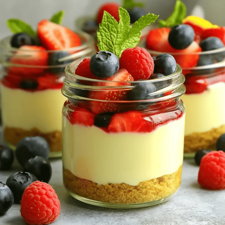 Gathering quality ingredients is key for a great no-bake cheesecake. Here’s what you need: - 8 ounces cream cheese, softened - 1 cup powdered sugar - 1 teaspoon vanilla extract - 1 cup heavy whipping cream - 1 cup graham cracker crumbs - 1/4 cup unsalted butter, melted - 1 cup fresh berries (strawberries, blueberries, or raspberries) for topping - Mint leaves for garnish (optional) Each ingredient plays a role in the flavor and texture of your cheesecake. Cream cheese gives it that rich, creamy base. The powdered sugar sweetens it just enough. Vanilla extract adds a warm flavor that enhances the sweetness. Heavy whipping cream makes the dessert light and fluffy. Graham cracker crumbs form the crust. Mixing them with melted butter helps them stick together. Fresh berries add color and a burst of flavor on top. If you want a touch of green, add mint leaves. For the full recipe, check out the details above. This no-bake cheesecake jars recipe is easy and fun to make! 1. Start by beating the cream cheese in a large bowl. Use an electric mixer to make it creamy and smooth. 2. Gradually blend in the powdered sugar and vanilla extract. Mix until fully combined. 3. In another bowl, whip the heavy cream with a mixer until stiff peaks form. 4. Gently fold the whipped cream into the cream cheese mixture. Mix carefully to keep the air in the whipped cream. 1. In a small bowl, mix the graham cracker crumbs with the melted butter. Stir until all crumbs are moistened. 2. This mixture forms the base layer for each jar. 1. Add a layer of the graham cracker mixture at the bottom of each jar. 2. Next, spoon in a generous layer of the cheesecake filling on top of the crumbs. 3. Repeat the layers until the jars are full. End with a layer of cheesecake filling on top. 4. Refrigerate the jars for at least 2 hours to set. Enjoy this simple and creamy delight! For a complete guide, check the Full Recipe. Softened cream cheese is key for a creamy filling. It blends well and avoids lumps. Take it out of the fridge 30 minutes before use. This simple step makes mixing much easier. When folding in whipped cream, be gentle. Use a spatula and a light touch. This keeps the air in the whipped cream. If you stir too hard, your mixture may lose its fluffy texture. For a fun presentation, use clear jars. This lets the layers shine. You can also add colorful toppings. Fresh berries look great and taste amazing. A sprig of mint adds a nice touch too. Pair your jars with coffee or tea. These drinks balance the sweet taste of the cheesecake. You can also serve with a scoop of ice cream for extra fun. If you want a healthier option, try sugar substitutes. Stevia or monk fruit sweetener works well. They can add sweetness without extra calories. When using substitutes, adjust the amount. Read the package for guidance. Mix these sweeteners with cream cheese just like sugar. They blend in smoothly and keep the taste delicious. For the Full Recipe, check out the complete guide above! {{image_2}} You can get creative with your no-bake cheesecake jars. One fun way is to add chocolate or caramel. Swirl in some melted chocolate or drizzle caramel sauce on top. This adds a rich taste that many love. You can also mix in different fruits based on the season. Try strawberries in spring or pumpkin puree in fall. Each fruit brings its own flavor, making your jars unique. If you need gluten-free options, look for gluten-free graham crackers. These work just as well for the crust. You can also try almond flour or oats for a new twist. For a dairy-free version, use a plant-based cream cheese. Coconut cream is a great alternative for the heavy cream. These swaps keep the taste yummy while fitting different diets. No-bake cheesecake jars are great for special events. You can make them festive by adding holiday-themed toppings. Use red and green fruits for Christmas or pastel colors for Easter. Mini jars also make perfect party favors. Fill small jars for guests to take home. They will love the cute, personal touch! You should store no-bake cheesecake jars in the fridge. They last for about 5 days. To keep them fresh, cover the jars with lids or plastic wrap. This helps to prevent any odors from mixing in. If you want to keep them longer, you can freeze them. To freeze your no-bake cheesecake jars, make sure they are sealed tightly. You can use freezer-safe containers or wrap them in plastic wrap. They will stay good in the freezer for about 2 months. When you want to eat them, take them out and thaw them in the fridge overnight. Do not rush the thawing process. This keeps the texture creamy and smooth. For the full recipe, check out the details above. Yes, you can use light cream cheese. It may change the texture. The cheesecake might be less rich and creamy. Light cream cheese has less fat, so the filling may turn out a bit softer. If you want a firmer texture, stick to regular cream cheese. These no-bake cheesecake jars last about 3 to 5 days in the fridge. Store them in an airtight container to keep them fresh. If you top them with berries, add those just before serving. This way, they stay colorful and tasty. You can use crushed cookies, nuts, or even oats for the crust. Some good options include: - Oreos - Digestive biscuits - Almonds or walnuts (crushed) When layering, make sure the crust is even at the bottom. This helps keep your jars stable. Yes, you can make these jars ahead of time. It's great for parties or gatherings. You can prepare the cheesecake and crust a day before. Just layer them in the jars and chill. Before serving, add fresh berries and mint for a nice touch. This keeps the dessert fresh and ready to enjoy! For the full recipe, check out the details provided. You can create delicious no-bake cheesecake jars using simple ingredients. Start with cream cheese, mix in sugar, and fold in whipped cream. Layer this with a graham cracker crust and let it chill. Add fresh berries or mint for extra flair. Remember, you can tweak flavors or use substitutes too. Store these jars in the fridge or freeze them for later. Enjoy the ease and fun of serving dessert in a jar! Experiment with variations to make this treat your own.