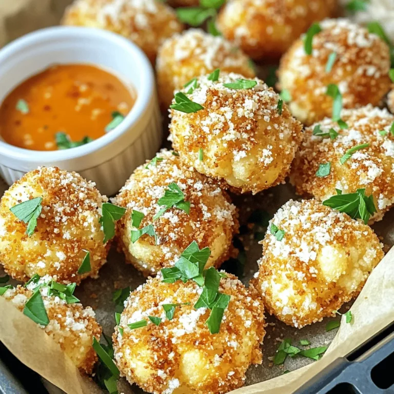 - 1 medium head of cauliflower, cut into bite-sized florets - 1 cup breadcrumbs (preferably panko for extra crunch) - ½ cup grated Parmesan cheese - 2 teaspoons garlic powder - 1 teaspoon onion powder - 1 teaspoon smoked paprika - ½ teaspoon salt - ¼ teaspoon black pepper - 2 large eggs, beaten - 2 tablespoons fresh parsley, chopped (for garnish) - Optional: Your favorite dipping sauce (e.g., ranch, sriracha, or tzatziki) Gathering these ingredients is simple and quick. First, grab a medium head of cauliflower. Cutting it into bite-sized florets makes it easy to snack on. Next, pick up some panko breadcrumbs. Panko gives the best crunch, which you will love. You will need grated Parmesan cheese for a salty kick. Garlic powder, onion powder, smoked paprika, salt, and pepper create a flavorful blend. Mix these seasonings well to coat the cauliflower. For the coating, use two large eggs. Beat them well to help the breadcrumbs stick. Finally, chop fresh parsley for garnish. It adds a pop of color and freshness. You can also choose a dipping sauce to enjoy with these bites. Ranch, sriracha, or tzatziki work great. Ready to start? Check out the Full Recipe for all steps to make these delicious bites! Set the temperature to 400°F (200°C). This step warms the air fryer before cooking. Preheating helps the cauliflower bites cook evenly and become crispy. In a large mixing bowl, combine these ingredients: - 1 cup breadcrumbs (preferably panko for extra crunch) - ½ cup grated Parmesan cheese - 2 teaspoons garlic powder - 1 teaspoon onion powder - 1 teaspoon smoked paprika - ½ teaspoon salt - ¼ teaspoon black pepper Mix these well. This coating adds flavor and texture to the cauliflower. Take each cauliflower floret and dip it in beaten eggs. Let any extra egg drip off. Then, coat it in the breadcrumb mixture. Press lightly to ensure it sticks. This step is key for a crunchy exterior. Arrange the coated cauliflower bites in a single layer in the air fryer. Make sure they are not crowded. You may need to cook in batches. Air fry for 12-15 minutes. Shake the basket halfway through for even cooking. When done, they should be golden brown and crispy. For the full recipe, check out the complete instructions to enjoy this delicious snack! To get that perfect crunch, panko breadcrumbs work best. They add a light, crispy texture. Make sure to coat each floret evenly. This helps the coating stick better and gives you that delightful crunch. Don’t overcrowd the air fryer basket. This will steam your cauliflower instead of crisping it up. Cook in batches if needed. This step ensures every piece cooks evenly and gets that golden color. You can make your snack even tastier with dipping sauces. Try ranch, sriracha, or tzatziki. Each dip adds its own flavor, making the bites more fun to eat. Enjoy exploring different combinations! For the complete recipe, check out the Full Recipe. {{image_2}} You can spice up your cauliflower bites easily. Add cayenne pepper for a nice kick. It gives each bite a warm, exciting flavor. If you want a different cheese taste, try smoked gouda instead of Parmesan. This adds a rich, smoky flavor that is hard to resist. If you follow a gluten-free diet, swap the breadcrumbs for almond flour. This keeps the crunch while fitting your needs. For a vegan option, use flax eggs. Mix one tablespoon of ground flaxseed with three tablespoons of water. Let it sit for a few minutes until it thickens, then use it as you would regular eggs. Incorporate seasonal herbs for added freshness. Basil, thyme, or rosemary can lift the flavors. Just chop a few leaves and mix them into your breadcrumb mixture. This makes your bites taste bright and vibrant, perfect for any season. Store your air fryer cauliflower bites in an airtight container. They last up to 3 days. Make sure to let them cool before sealing. This keeps them fresh and tasty. For the best results, reheat in your air fryer. Set it to 350°F (175°C) for about 5 minutes. This method helps restore their crunch. You’ll enjoy them just like fresh out of the fryer! You can freeze uncoated florets for a quick meal later. Just wash and cut the cauliflower. Place the florets in a single layer on a baking sheet. Freeze them for a few hours, then transfer to a freezer bag. This way, you can easily pull them out when you want to make the crispy bites from the full recipe. Use the air fryer to restore their crispiness. First, preheat your air fryer to 350°F (175°C). Place the cauliflower bites in the basket in a single layer. Heat them for about 5-7 minutes. This quick method keeps them crunchy and tasty. Yes, prepare and store them, then reheat when ready. You can cook the cauliflower bites and let them cool. Place them in an airtight container in the fridge. They stay good for about three days. When you want to eat them, just reheat in the air fryer. Ranch, sriracha, or tzatziki are popular choices. Each sauce brings a unique flavor to the bites. Ranch adds creaminess, sriracha gives heat, and tzatziki adds a cool touch. Feel free to try other sauces too, like honey mustard or barbecue sauce. In this blog post, we explored making air fryer cauliflower bites. We covered the key ingredients, detailed step-by-step instructions, and shared helpful tips. You learned how to achieve the perfect crunch and serve with tasty sauces. Remember, you can adjust flavors and even explore alternatives for different diets. With proper storage, these bites can be a quick snack later. Enjoy your cooking and the tasty outcome!
