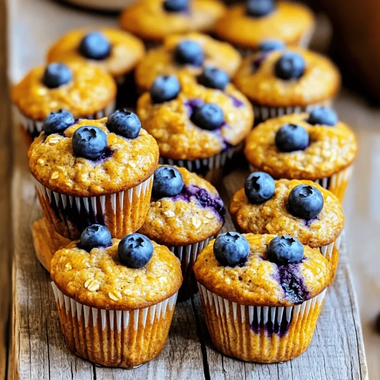 To make these healthy blueberry oat muffins, gather the following ingredients: - 1 cup rolled oats - 1 cup whole wheat flour - 1/2 cup almond milk (or any milk of choice) - 1/3 cup honey or maple syrup - 1 ripe banana, mashed - 1/4 cup unsweetened applesauce - 1 teaspoon baking powder - 1/2 teaspoon baking soda - 1/2 teaspoon salt - 1 teaspoon vanilla extract - 1 cup fresh or frozen blueberries - Optional: 1/4 teaspoon cinnamon These simple ingredients work together to create muffins that are tasty and nutritious. Each muffin is packed with healthy ingredients. Here’s a quick breakdown of the nutrition: - Calories: About 120 per muffin - Protein: 3 grams - Fiber: 3 grams - Sugar: 5 grams (natural sugars from honey and banana) - Healthy fats: Minimal, as these muffins are low in added fats These muffins are great for a snack. They provide energy without the sugar crash. You can easily swap some ingredients if needed: - Use oat milk or soy milk instead of almond milk. - Replace honey with agave syrup for a vegan option. - If you don’t have whole wheat flour, use all-purpose flour instead. - You can add nuts or seeds for extra crunch. These swaps let you customize the muffins to fit your taste. Enjoy experimenting! Start by preheating your oven to 350°F (175°C). This step makes sure the muffins bake evenly. Grab a muffin tin and line it with paper liners, or grease it lightly. Next, in a large bowl, mix together the dry ingredients. Combine 1 cup of rolled oats, 1 cup of whole wheat flour, 1 teaspoon of baking powder, 1/2 teaspoon of baking soda, and 1/2 teaspoon of salt. If you like, add 1/4 teaspoon of cinnamon for extra flavor. Stir well to blend everything. Now, let’s focus on the wet mix. In another bowl, combine 1/2 cup of almond milk, 1/3 cup of honey or maple syrup, 1 ripe banana (mashed), 1/4 cup of unsweetened applesauce, and 1 teaspoon of vanilla extract. Mix these until smooth. Once ready, pour the wet ingredients into the dry ones. Gently fold them together until they just combine. Be careful not to overmix; you want your muffins fluffy. Lastly, fold in 1 cup of blueberries, being gentle to keep them whole. Distribute the muffin batter evenly into the prepared tin. Fill each cup about 3/4 full. Place the tin in the preheated oven and bake for 18-20 minutes. Check your muffins by inserting a toothpick in the center. If it comes out clean, they are done! Take them out and let them cool in the tin for a few minutes. After that, transfer them to a wire rack to cool completely. Enjoy your Healthy Blueberry Oat Muffins as a tasty snack! For the complete recipe, check the Full Recipe section. To make your muffins shine, consider adding a bit of zest. Lemon or orange zest can brighten the taste. You can also add a pinch of cinnamon for warmth. If you love nuts, walnuts or almonds add crunch. Try mixing in some chopped dark chocolate for a sweet surprise. Swap honey or maple syrup for a natural sweetener like agave syrup. You can use oat milk instead of almond milk if you prefer. For a nut-free option, try coconut milk. If you want to boost fiber, add a tablespoon of chia seeds to the batter. Do not overmix the batter. This keeps your muffins light and fluffy. Always check your baking powder and baking soda freshness. Old leavening agents make dense muffins. Remember to fill muffin cups only 3/4 full. This allows room for rising without spilling over. These tips can help you create delicious healthy blueberry oat muffins. For the complete guide, refer to the Full Recipe. {{image_2}} You can make your blueberry oat muffins even tastier by adding fun ingredients. Try mixing in chopped nuts, like walnuts or almonds, for a nice crunch. You can also add seeds, such as chia or flaxseeds, to boost nutrition. If you love chocolate, consider adding dark chocolate chips. They add sweetness and richness to each bite. Dried fruits, like cranberries or apricots, can also bring a new flavor profile. Each add-in changes the taste and makes your muffins unique. If you need a gluten-free option, swap the whole wheat flour for a gluten-free blend. Many brands offer all-purpose gluten-free flour. This will keep the texture light and fluffy. You can also use almond flour for a nutty flavor and added protein. When using gluten-free flour, watch the baking time closely. Gluten-free muffins may need a few more minutes to bake fully. Always check with a toothpick to ensure they are done. You have many choices when it comes to sweeteners. Honey or maple syrup works great, but you can also try agave syrup. For a lower-calorie option, consider using stevia or monk fruit sweetener. These options can keep your muffins sweet without adding much sugar. Just remember to adjust the amount based on the sweetener you choose. Each sweetener brings its own taste, so feel free to experiment. You’ll find the perfect balance for your muffins. For the full recipe, check out the earlier section. Enjoy your baking! To keep your healthy blueberry oat muffins fresh, store them in an airtight container. Make sure they cool completely before sealing. If you want to keep them for a few days, place a paper towel inside the container. This helps absorb moisture and keeps the muffins soft. Store them at room temperature for up to three days. If you want to save them longer, freezing is a great option. When you're ready to enjoy your muffins again, reheating is simple. You can use the microwave or oven. For the microwave, place a muffin on a plate and heat for about 10-15 seconds. If you prefer the oven, preheat it to 350°F (175°C). Place the muffins on a baking sheet and warm them for about 5-7 minutes. This brings back their fresh-baked taste. Freezing muffins is easy and great for meal prep. To freeze, wrap each muffin in plastic wrap. Then, place them in a freezer-safe bag or container. Label it with the date to keep track. You can freeze them for up to three months. When you want one, remove it from the freezer and let it thaw in the fridge overnight. For a quick option, microwave it straight from the freezer. Enjoy your tasty snack anytime! To keep your muffins moist, use ripe bananas and applesauce. These ingredients add natural sweetness and moisture. Avoid overmixing the batter. Overmixing can create dense muffins. Also, bake them just until a toothpick comes out clean. This helps keep them soft and fluffy. Yes, you can use frozen blueberries! They work great in the recipe. Just fold them into the batter gently. Do not thaw them before adding. This keeps the muffins bright and fresh. Frozen berries may release some juice, so expect a slightly different look. Whole wheat flour adds fiber and nutrients to your muffins. It helps keep you full for longer. It also has a nuttier flavor than white flour. This can enhance the taste of your muffins. Plus, using whole wheat flour is a simple way to make a healthier choice. For a great recipe, check out the Full Recipe for Healthy Blueberry Oat Muffins. We covered the key ingredients and steps to make delicious blueberry oat muffins. You learned how to prep, mix, bake, and cool, along with tips to enhance flavor and avoid mistakes. Exploring variations, you can customize your muffins to fit dietary needs. Storage tips ensure your muffins stay fresh longer. Keep trying new ideas to make each batch special. Enjoy your baking journey and share your creations with others!