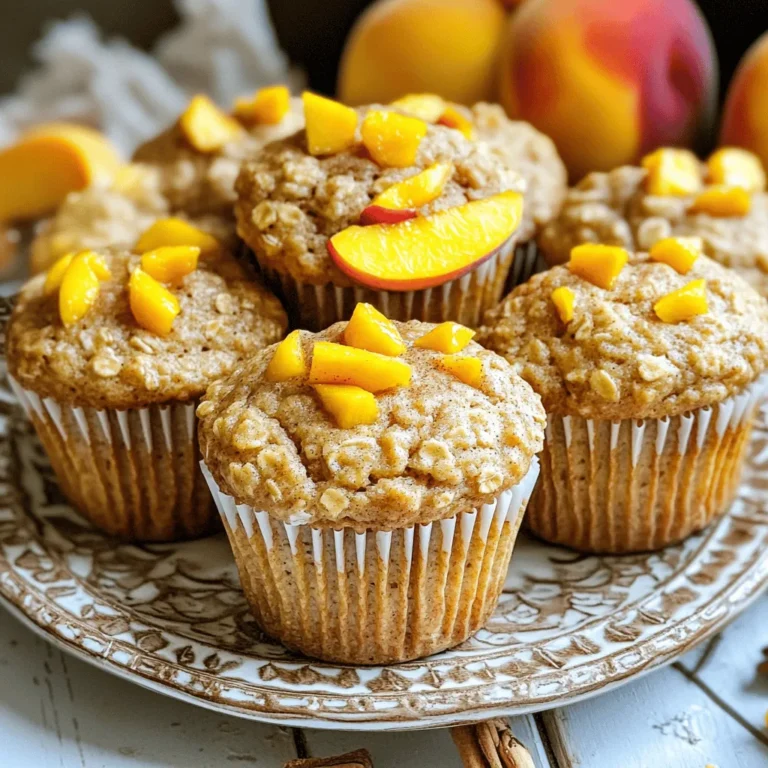 - 1 cup rolled oats - 1 cup all-purpose flour - ½ cup brown sugar, packed - 1 tablespoon baking powder - ½ teaspoon baking soda - ½ teaspoon salt - 1 teaspoon ground cinnamon - 1 cup buttermilk (or almond milk and vinegar) - 1 large egg - ½ cup vegetable oil - 1 teaspoon vanilla extract - 1 ½ cups fresh peaches, diced - ¼ cup chopped walnuts or pecans (optional) Gather these ingredients before you start. The rolled oats give the muffins a hearty texture. The peaches add natural sweetness and moisture. Brown sugar brings a rich flavor. Using buttermilk makes the muffins tender. If you prefer a plant-based option, mix almond milk with vinegar as a substitute. Don’t forget the vanilla extract for warmth and depth. The optional nuts can add a nice crunch. These ingredients come together to create a delightful treat. With just a few simple items, you can make Peach Oatmeal Muffins that are both tasty and satisfying. For the full recipe, you can check out the preparation steps. - Preheat the oven to 375°F (190°C). This ensures even cooking. - In a medium bowl, combine the dry ingredients: rolled oats, flour, brown sugar, baking powder, baking soda, salt, and cinnamon. Mix well. - In a separate large bowl, whisk together the wet ingredients: buttermilk, egg, vegetable oil, and vanilla extract until smooth. - Gradually add the dry ingredients to the wet ingredients. Stir gently until just combined. A few lumps are okay; do not overmix. - Fold in the diced peaches and optional nuts. This adds great flavor and texture. - Using a spoon or ice cream scoop, fill each muffin cup about ¾ full with the batter. This helps them rise nicely. - Bake in the preheated oven for 18-20 minutes. The muffins should be golden brown. - Check for doneness with a toothpick. It should come out clean when they are ready. - After baking, let the muffins cool in the pan for 5 minutes. Then, transfer them to a wire rack to cool completely. For the complete process, check the Full Recipe. To get a soft muffin, avoid overmixing the batter. Mix just until combined. This keeps the muffins light. Use room-temperature ingredients for better mixing. Cold ingredients can make the muffins dense. After baking, let the muffins cool before serving. This helps set their shape and flavor. You can enhance the flavor by adding spices like nutmeg or ginger. These spices bring warmth to the muffins. Always choose ripe peaches for maximum sweetness. Ripe peaches taste better and add juicy bites. A sprinkle of cinnamon sugar on top before baking adds a nice touch. It gives a sweet, crunchy crust. To arrange muffins attractively, use a decorative platter. Place them in a circle for a nice display. Garnish with fresh peach slices or a sprinkle of cinnamon for color. You can also serve them with spreads like butter or cream cheese. This adds more flavor and makes them special. {{image_2}} You can make your Peach Oatmeal Muffins healthier. Try using whole wheat flour instead of all-purpose flour. Whole wheat flour adds fiber and nutrients. You can also swap regular sweeteners for natural ones. Honey or maple syrup works well. These options give sweetness without refined sugar. Mix flavors to make your muffins unique. Adding dried fruits can enhance taste. Try cranberries or raisins for a nice chew. You can also mix in chocolate chips or coconut flakes. These add sweetness and texture. Experiment with what you like best! Change the fruit based on the season. In fall, swap peaches for apples. Apples add a crisp bite and warmth. In summer, use berries like blueberries or raspberries. They bring a fresh burst of flavor. Adjusting the fruit keeps your muffins exciting all year! For the full recipe, check out the Peach Oatmeal Muffins section. To keep your peach oatmeal muffins fresh, use airtight containers. They help keep out air and moisture. Place the muffins in a single layer to prevent squishing. You can also use plastic wrap for added protection. Make sure they cool completely before storing them. This helps avoid sogginess. Freezing muffins is easy and keeps them tasty. First, wrap each muffin in plastic wrap. Then, place them in a freezer bag. Squeeze out as much air as you can to prevent freezer burn. To thaw, take a muffin out and leave it at room temperature. If you're in a hurry, pop it in the microwave for about 15-20 seconds. Reheat in the oven at 350°F (175°C) for a few minutes for that fresh-baked taste. At room temperature, peach oatmeal muffins last about 2-3 days. After that, they may start to dry out. Check for signs of spoilage, like a weird smell or mold. If they're dry or hard, they are past their prime. Eating fresh muffins is always best, so enjoy them quick! Don't forget to grab the Full Recipe for more details on making these delightful treats. Yes, you can easily make these muffins gluten-free. Use gluten-free all-purpose flour instead of regular flour. Brands like Bob's Red Mill or King Arthur Flour offer great options. Make sure the baking powder you choose is also gluten-free. Check the muffins at about 18 minutes. Insert a toothpick in the center of a muffin. If it comes out clean or with a few crumbs, they are done. The tops should look golden and feel firm to the touch. Yes, canned peaches work well too. Drain them well before adding to the batter. If you want, chop them into smaller pieces for better distribution. Canned peaches can make the muffins sweeter, so adjust the sugar if needed. Each muffin has about 180 calories. They contain around 4 grams of protein, 8 grams of fat, and 25 grams of carbs. You can also add nuts for extra protein and healthy fats. This recipe offers a balanced treat for breakfast or a snack. For the full recipe, check out the details above. Peach oatmeal muffins are a delicious treat, easy to make with simple ingredients. We explored each step, from mixing the batter to baking. I shared tips for perfect texture and flavor options to explore. Plus, we discussed storage methods for freshness. These muffins are a versatile snack for any occasion. Enjoy baking them your way and savor every bite!