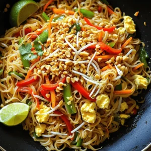 To make Easy Vegetable Pad Thai, you need just a few key items. Here’s what you’ll need: - 8 oz rice noodles - 2 tablespoons vegetable oil - 1 red bell pepper, julienned - 1 green bell pepper, julienned - 1 carrot, shredded - 3 green onions, chopped (whites and greens separated) - 2 cloves garlic, minced - 1 cup bean sprouts - 2 large eggs (optional for non-vegetarians) - 3 tablespoons soy sauce - 1 tablespoon tamarind paste - 1 tablespoon brown sugar - 1 tablespoon lime juice - Salt and pepper to taste - Crushed peanuts and lime wedges for garnish These ingredients create a bright and fresh flavor. Each one adds its own twist to the dish. You can easily change this recipe to fit your taste. Here are some optional ingredients you might like: - Tofu or tempeh for protein - Broccoli or snap peas for more veggies - Chili flakes for heat - Cilantro for extra flavor - Sesame oil for a nutty taste These additions help you make the dish your own. Feel free to mix and match based on what you have at home. For this recipe, you want to use the right rice noodles. Here are the best types to choose from: - Flat rice noodles: These are the most common for Pad Thai. They soak up flavors well. - Thin rice vermicelli: Great for a lighter dish, but cook them less time. - Thick rice noodles: Chewy and satisfying, but they may need longer cooking. I recommend going for flat rice noodles. They give you that authentic flavor and texture you crave. For the full recipe, check out the details above. To start, cook the rice noodles. Follow the package instructions closely. Usually, this means boiling them in water for about 5 to 7 minutes. You want them soft but not mushy. Once they are ready, drain them in a colander. Rinse with cold water to stop the cooking. Set the noodles aside. Next, let's prepare the vegetables. Take your red and green bell peppers and slice them into thin strips, called julienne. Shred the carrot finely using a grater or a sharp knife. For the green onions, chop them into small pieces but keep the white and green parts separate. Mince the garlic into tiny bits. Once you finish, everything will be ready to cook. Now, it's time to bring everything together. In a large wok or skillet, heat the vegetable oil over medium-high heat. Add the minced garlic first and stir for about 30 seconds. It should smell great! Then, toss in the julienned peppers and shredded carrot. Stir-fry these for about 3 to 4 minutes. They should soften but still have a little crunch. If you want eggs, push the veggies to one side of the pan. Crack the eggs in the empty space and scramble them. Mix the cooked eggs with the veggies. Add the drained rice noodles to the wok. Next, add the chopped green onion whites, bean sprouts, soy sauce, tamarind paste, brown sugar, and lime juice. Toss everything together until well mixed and heated through. Taste and add salt and pepper as needed. Your Easy Vegetable Pad Thai is ready! Serve it hot, garnished with crushed peanuts and lime wedges. For the full recipe, check out the details above. Enjoy! To get great flavor in your Easy Vegetable Pad Thai, focus on the sauce. Use fresh ingredients like lime juice and tamarind paste. They add a nice tang. Make sure to taste as you mix. Adjust the soy sauce and sugar to your liking. If you want more heat, add some chili flakes. This will make your dish pop! Cooking your veggies just right is key. Start with high heat in your wok or skillet. This helps keep them crisp. Cut your vegetables into thin strips for even cooking. Stir-fry them quickly. This usually takes just a few minutes. Add bean sprouts last, as they need only a brief cook. This way, they stay crunchy. For the best experience, serve your Pad Thai hot. Top it with crushed peanuts; they add a nice crunch. A squeeze of lime juice brightens the flavors too. You can also add fresh herbs like cilantro for a fresh touch. Serve it with lime wedges on the side for extra zing. For a fun twist, pair it with spring rolls or a light salad. To see the full details, check the Full Recipe. {{image_2}} You can easily make this dish gluten-free. Use rice noodles, which are naturally gluten-free. Instead of soy sauce, try tamari. Tamari tastes similar but has no gluten. Always check labels to be sure. Tofu is a great option for plant-based protein. It adds texture and absorbs flavors well. Use firm tofu for the best results. Cut it into cubes and sauté until golden. If you eat eggs, they work too. Just scramble them before mixing with the veggies. Both choices are tasty and filling. Want more heat? Add red pepper flakes or chili paste. Start with a small amount; you can always add more. If you like it mild, skip the spicy ingredients. The beauty of this dish is you can customize it to your taste. Enjoy experimenting with flavors! To keep your leftover Pad Thai fresh, place it in an airtight container. Make sure to cool it down first. Store it in the fridge. It should last for about three days. Reheat your Pad Thai in a pan for the best texture. Add a splash of water or soy sauce. This helps make it moist again. Heat it on low, stirring gently. You can also use the microwave. Just cover it to keep moisture in. If you want to save Pad Thai for later, freezing is a good option. Cool it completely before packing it. Use freezer-safe containers or bags. It can last up to three months in the freezer. When ready to eat, thaw it in the fridge overnight before reheating. For best results, eat it within a month. For the full recipe, check out the Easy Vegetable Pad Thai. To make the sauce, mix soy sauce, tamarind paste, brown sugar, and lime juice. This blend gives the dish a sweet and tangy flavor. You want to balance these ingredients to your taste. I suggest starting with the amounts listed in the Full Recipe. Adjust to make it perfect for you! Absolutely! You can swap in any veggies you like. Broccoli, snap peas, and zucchini work great. Use what you have on hand. Just remember to cut them into small pieces for even cooking. The goal is to keep a nice crunch while adding color to your dish! If you can't find tamarind paste, you can use lime juice or a mix of vinegar and sugar. This will mimic the tangy flavor of tamarind. Another option is to use a store-bought pad Thai sauce that contains tamarind. Experiment to find what you enjoy best! To make this dish shine, you need fresh and colorful ingredients. Here’s what you’ll need: - 8 oz rice noodles - 2 tablespoons vegetable oil - 1 red bell pepper, julienned - 1 green bell pepper, julienned - 1 carrot, shredded - 3 green onions, chopped (whites and greens separated) - 2 cloves garlic, minced - 1 cup bean sprouts Feel free to tweak this recipe to fit your taste. Here are some extras: - 2 large eggs (optional for non-vegetarians) - Crushed peanuts for garnish - Lime wedges for garnish For the best texture, I suggest flat rice noodles. Look for the wide ones labeled as "Pad Thai noodles." They soak up flavors well and make the dish more satisfying. If you prefer thinner noodles, rice vermicelli works too. Just keep an eye on cooking time, as they cook faster. Check out the [Full Recipe] for detailed steps. You now have all you need for an Easy Vegetable Pad Thai. You learned about key ingredients, cooking steps, and how to customize your dish. Remember to use fresh veggies for great taste. Adjust flavors to fit your style, whether that’s adding spice or protein. Store any leftovers properly for a tasty meal later. Enjoy creating this dish and impressing yourself with your cooking skills. Now, grab your ingredients and get started on this delightful, vibrant meal!