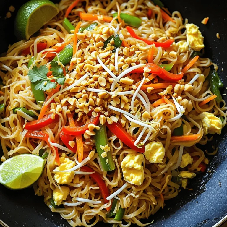 To make Easy Vegetable Pad Thai, you need just a few key items. Here’s what you’ll need: - 8 oz rice noodles - 2 tablespoons vegetable oil - 1 red bell pepper, julienned - 1 green bell pepper, julienned - 1 carrot, shredded - 3 green onions, chopped (whites and greens separated) - 2 cloves garlic, minced - 1 cup bean sprouts - 2 large eggs (optional for non-vegetarians) - 3 tablespoons soy sauce - 1 tablespoon tamarind paste - 1 tablespoon brown sugar - 1 tablespoon lime juice - Salt and pepper to taste - Crushed peanuts and lime wedges for garnish These ingredients create a bright and fresh flavor. Each one adds its own twist to the dish. You can easily change this recipe to fit your taste. Here are some optional ingredients you might like: - Tofu or tempeh for protein - Broccoli or snap peas for more veggies - Chili flakes for heat - Cilantro for extra flavor - Sesame oil for a nutty taste These additions help you make the dish your own. Feel free to mix and match based on what you have at home. For this recipe, you want to use the right rice noodles. Here are the best types to choose from: - Flat rice noodles: These are the most common for Pad Thai. They soak up flavors well. - Thin rice vermicelli: Great for a lighter dish, but cook them less time. - Thick rice noodles: Chewy and satisfying, but they may need longer cooking. I recommend going for flat rice noodles. They give you that authentic flavor and texture you crave. For the full recipe, check out the details above. To start, cook the rice noodles. Follow the package instructions closely. Usually, this means boiling them in water for about 5 to 7 minutes. You want them soft but not mushy. Once they are ready, drain them in a colander. Rinse with cold water to stop the cooking. Set the noodles aside. Next, let's prepare the vegetables. Take your red and green bell peppers and slice them into thin strips, called julienne. Shred the carrot finely using a grater or a sharp knife. For the green onions, chop them into small pieces but keep the white and green parts separate. Mince the garlic into tiny bits. Once you finish, everything will be ready to cook. Now, it's time to bring everything together. In a large wok or skillet, heat the vegetable oil over medium-high heat. Add the minced garlic first and stir for about 30 seconds. It should smell great! Then, toss in the julienned peppers and shredded carrot. Stir-fry these for about 3 to 4 minutes. They should soften but still have a little crunch. If you want eggs, push the veggies to one side of the pan. Crack the eggs in the empty space and scramble them. Mix the cooked eggs with the veggies. Add the drained rice noodles to the wok. Next, add the chopped green onion whites, bean sprouts, soy sauce, tamarind paste, brown sugar, and lime juice. Toss everything together until well mixed and heated through. Taste and add salt and pepper as needed. Your Easy Vegetable Pad Thai is ready! Serve it hot, garnished with crushed peanuts and lime wedges. For the full recipe, check out the details above. Enjoy! To get great flavor in your Easy Vegetable Pad Thai, focus on the sauce. Use fresh ingredients like lime juice and tamarind paste. They add a nice tang. Make sure to taste as you mix. Adjust the soy sauce and sugar to your liking. If you want more heat, add some chili flakes. This will make your dish pop! Cooking your veggies just right is key. Start with high heat in your wok or skillet. This helps keep them crisp. Cut your vegetables into thin strips for even cooking. Stir-fry them quickly. This usually takes just a few minutes. Add bean sprouts last, as they need only a brief cook. This way, they stay crunchy. For the best experience, serve your Pad Thai hot. Top it with crushed peanuts; they add a nice crunch. A squeeze of lime juice brightens the flavors too. You can also add fresh herbs like cilantro for a fresh touch. Serve it with lime wedges on the side for extra zing. For a fun twist, pair it with spring rolls or a light salad. To see the full details, check the Full Recipe. {{image_2}} You can easily make this dish gluten-free. Use rice noodles, which are naturally gluten-free. Instead of soy sauce, try tamari. Tamari tastes similar but has no gluten. Always check labels to be sure. Tofu is a great option for plant-based protein. It adds texture and absorbs flavors well. Use firm tofu for the best results. Cut it into cubes and sauté until golden. If you eat eggs, they work too. Just scramble them before mixing with the veggies. Both choices are tasty and filling. Want more heat? Add red pepper flakes or chili paste. Start with a small amount; you can always add more. If you like it mild, skip the spicy ingredients. The beauty of this dish is you can customize it to your taste. Enjoy experimenting with flavors! To keep your leftover Pad Thai fresh, place it in an airtight container. Make sure to cool it down first. Store it in the fridge. It should last for about three days. Reheat your Pad Thai in a pan for the best texture. Add a splash of water or soy sauce. This helps make it moist again. Heat it on low, stirring gently. You can also use the microwave. Just cover it to keep moisture in. If you want to save Pad Thai for later, freezing is a good option. Cool it completely before packing it. Use freezer-safe containers or bags. It can last up to three months in the freezer. When ready to eat, thaw it in the fridge overnight before reheating. For best results, eat it within a month. For the full recipe, check out the Easy Vegetable Pad Thai. To make the sauce, mix soy sauce, tamarind paste, brown sugar, and lime juice. This blend gives the dish a sweet and tangy flavor. You want to balance these ingredients to your taste. I suggest starting with the amounts listed in the Full Recipe. Adjust to make it perfect for you! Absolutely! You can swap in any veggies you like. Broccoli, snap peas, and zucchini work great. Use what you have on hand. Just remember to cut them into small pieces for even cooking. The goal is to keep a nice crunch while adding color to your dish! If you can't find tamarind paste, you can use lime juice or a mix of vinegar and sugar. This will mimic the tangy flavor of tamarind. Another option is to use a store-bought pad Thai sauce that contains tamarind. Experiment to find what you enjoy best! To make this dish shine, you need fresh and colorful ingredients. Here’s what you’ll need: - 8 oz rice noodles - 2 tablespoons vegetable oil - 1 red bell pepper, julienned - 1 green bell pepper, julienned - 1 carrot, shredded - 3 green onions, chopped (whites and greens separated) - 2 cloves garlic, minced - 1 cup bean sprouts Feel free to tweak this recipe to fit your taste. Here are some extras: - 2 large eggs (optional for non-vegetarians) - Crushed peanuts for garnish - Lime wedges for garnish For the best texture, I suggest flat rice noodles. Look for the wide ones labeled as "Pad Thai noodles." They soak up flavors well and make the dish more satisfying. If you prefer thinner noodles, rice vermicelli works too. Just keep an eye on cooking time, as they cook faster. Check out the [Full Recipe] for detailed steps. You now have all you need for an Easy Vegetable Pad Thai. You learned about key ingredients, cooking steps, and how to customize your dish. Remember to use fresh veggies for great taste. Adjust flavors to fit your style, whether that’s adding spice or protein. Store any leftovers properly for a tasty meal later. Enjoy creating this dish and impressing yourself with your cooking skills. Now, grab your ingredients and get started on this delightful, vibrant meal!