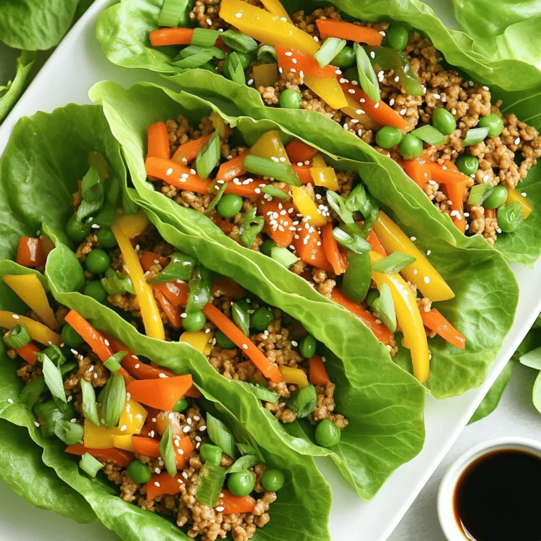 - 1 lb ground chicken - 1 bell pepper (red or yellow), diced - 1 cup carrots, julienned - 1 cup snap peas, trimmed - 3 cloves garlic, minced - 1 tablespoon ginger, freshly grated - 3 tablespoons soy sauce (low sodium) - 1 tablespoon hoisin sauce - 1 tablespoon sesame oil - 1 head of butter lettuce or iceberg lettuce, leaves separated - 2 green onions, sliced (for garnish) - Sesame seeds (for garnish) - Salt and pepper to taste To make great lettuce wraps, you need fresh, high-quality ingredients. Start with ground chicken. Look for lean meat with a light pink color. This gives a nice taste and texture. Next, pick a firm bell pepper. Red or yellow works best. They add color and sweetness to your dish. For crunch, use fresh snap peas. They should feel crisp and bright green. Carrots are another key part. Julienne them thinly for easy eating. Garlic and ginger add flavor, so choose fresh ones. Fresh herbs and spices make your dish pop. When you gather your ingredients, don’t forget the sauces. Low sodium soy sauce and hoisin sauce work well together. They add depth and a sweet touch. Sesame oil gives a nutty flavor and aroma. Finally, get butter or iceberg lettuce. The leaves should be crisp and intact for wrapping. These fresh ingredients will make your Simple Chicken Stir Fry Lettuce Wraps shine. For the complete recipe, check out the Full Recipe section. - Prepare all vegetables by washing, peeling, and cutting as needed. - Measure out sauces and spices. Start by washing your bell pepper, carrots, and snap peas. Peel the carrots and cut them into thin strips, called julienne. Dice the bell pepper into small pieces. Trim the snap peas by removing their ends. This makes them easy to eat. Measure out the soy sauce, hoisin sauce, and sesame oil. Having everything ready helps the cooking go faster. - Heat sesame oil in the skillet. - Cook garlic and ginger until fragrant. - Brown ground chicken, add vegetables, and cook until tender. Next, heat a large skillet or wok over medium-high heat. Add the sesame oil and let it warm up. Then, toss in the minced garlic and freshly grated ginger. Cook them for about 30 seconds. You will smell a lovely aroma. Now, add the ground chicken. Use a spatula to break it apart. Cook until it turns brown and is no longer pink. This should take about 5 to 7 minutes. Now, stir in the diced bell pepper, julienned carrots, and snap peas. Cook for another 3 to 5 minutes. You want the veggies to be tender but still a little crisp. Pour in the soy sauce and hoisin sauce. Mix everything well and cook for 2 more minutes. Taste and add salt and pepper if needed. - Spoon the mixture into lettuce leaves. - Garnish and serve on a platter. Once the mixture cools for a minute, it’s time to serve. Take a lettuce leaf and spoon some of the chicken and veggie mix into it. Fold the leaf around the filling to make a wrap. Place the wraps on a large platter. Garnish with sliced green onions and a sprinkle of sesame seeds. This makes your dish look extra special. You can also serve a small bowl of extra soy sauce or hoisin sauce for dipping. Enjoy your tasty creation! For the full recipe, check [Full Recipe]. - To get the best texture in your chicken stir fry, use high heat. - Make sure to cut your vegetables small. This helps them cook quickly. - Stir the chicken often while it cooks. This keeps it from sticking. - Avoid overcooking the veggies. They should stay crisp and bright. - To prevent soggy lettuce wraps, dry the lettuce leaves well. - Serve the filling warm, not hot, to keep the lettuce fresh. - You can make the chicken stir fry ahead of time. Store it in an airtight container. - Let the stir fry cool before refrigerating. This keeps the lettuce crisp. - Chop your veggies a day before. Store them in a sealed bag. - Prepare the sauces and keep them separate until serving time. - For side dishes, serve with rice or quinoa. They pair well with the wraps. - You can also add a fresh salad on the side for extra crunch. - For dips, try a soy sauce or hoisin sauce. They enhance the flavor. - Sriracha or chili garlic sauce adds a nice kick if you like spice. For the [Full Recipe](#), follow these tips to make your chicken stir fry lettuce wraps shine! {{image_2}} You can swap chicken for turkey or beef. Turkey has a similar taste but is leaner. Beef adds a rich flavor, perfect for a hearty meal. For vegetarians, tempeh or tofu works great. Tempeh has a nutty flavor, while tofu absorbs sauces well. Want some heat? Add chili flakes or a splash of sriracha. Both give a nice kick to your wraps. You can also change up the sauces. Try teriyaki for a sweet touch or peanut sauce for something creamy and rich. Use seasonal veggies for the best taste. In spring, add asparagus or snap peas. In summer, try bell peppers or zucchini. These fresh ingredients make your wraps even more vibrant. Customize your wraps based on what's in season. This keeps your meals exciting and tasty. For the full recipe, check out the link provided. To store leftover chicken stir fry, let it cool first. Place it in an airtight container. This helps keep the flavors fresh. You can keep it in the fridge for up to three days. For the lettuce wraps, store the chicken mix and lettuce separately. This keeps the lettuce crisp. Wrap the leaves in a damp paper towel to maintain moisture. Use a zip-top bag for easy access. Yes, you can freeze cooked chicken stir fry. Let it cool completely before freezing. Use a freezer-safe container or bag. It can last up to three months in the freezer. When you’re ready to eat, thaw it in the fridge overnight. For reheating, warm it in a skillet over low heat. Add a splash of water to keep it moist. These wraps last about three days in the fridge. Check for any signs of spoilage. If the chicken looks or smells off, throw it away. Slimy or discolored lettuce also means it's no longer good. Always trust your senses when it comes to food safety. It takes about 20 minutes in total. You need 10 minutes to prep. The cooking time is about 10 minutes. This quick meal fits well into busy days. Yes, you can make these wraps ahead. Cook the chicken stir fry and cool it. Store it in an airtight container in the fridge for up to three days. When ready to eat, just reheat the filling and serve in fresh lettuce. If you want alternatives, try using rice paper wrappers or collard greens. You can also serve the stir fry over rice or quinoa. Each option gives a unique twist to the meal. Yes, but check your sauces. Use gluten-free soy sauce and hoisin sauce. This way, you can enjoy the meal without worry if you have gluten sensitivity. These chicken stir fry lettuce wraps are simple and delicious. We covered all ingredients, equipment, and tips needed for perfect wraps. You can customize them easily with different proteins and flavors. Meal prep makes these wraps a great choice for busy days. Remember, fresh ingredients lead to the best taste. Enjoy creating your unique version of this recipe, and don’t forget to share with friends!