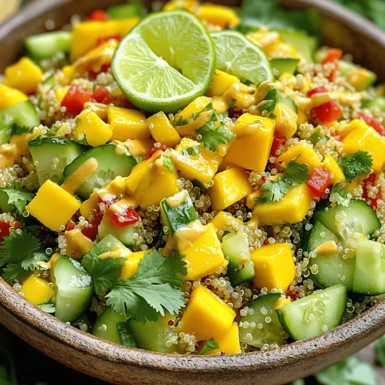 - 1 cup quinoa, rinsed - 2 cups water - 1 ripe mango, diced - 1 red bell pepper, finely chopped - 1 small cucumber, diced - 1/4 cup red onion, finely chopped - 1 jalapeño, deseeded and minced - 1/4 cup fresh cilantro, chopped - 3 tablespoons lime juice - 2 tablespoons olive oil - Salt and pepper to taste - 1/2 teaspoon cumin This salad is fresh and easy to make. Each ingredient adds flavor and nutrition. Quinoa is a great base. It is high in protein and gluten-free. Mango brings a sweet and juicy taste. The jalapeño adds heat to the dish. Fresh cilantro gives it a bright flavor. Lime juice and olive oil create a zesty dressing. Each serving has about 200 calories. It gives you 7 grams of protein and 5 grams of fiber. You also get healthy fats from the olive oil. This salad is low in saturated fat and has no cholesterol. It is packed with vitamins and minerals, making it a healthy choice. You can easily swap ingredients if needed. Try using brown rice instead of quinoa for a different texture. If you don't have mango, peaches or pineapple work well. For a milder flavor, leave out the jalapeño. You can also use parsley instead of cilantro if you prefer. These substitutions keep the dish fun and fresh. For the dressing, lemon juice can replace lime juice. For detailed cooking steps and tips, check the Full Recipe. To cook the quinoa, start by measuring 1 cup of rinsed quinoa. Place it in a medium saucepan. Add 2 cups of water and a pinch of salt. Bring the mixture to a boil over medium heat. Once boiling, reduce the heat to low. Cover the pan and let it simmer for about 15 minutes. The quinoa is done when all the water is absorbed. It should look fluffy. Remove it from heat and let it cool in the pot. While the quinoa is cooking, prepare the dressing. In a small bowl, whisk together 3 tablespoons of lime juice and 2 tablespoons of olive oil. Add 1/2 teaspoon of cumin, and season with salt and pepper. Mix well until all ingredients blend. This dressing adds a zesty kick to the salad. Once the quinoa has cooled, it’s time to combine everything. In a large mixing bowl, add the cooled quinoa. Then, toss in 1 diced ripe mango, 1 finely chopped red bell pepper, 1 diced cucumber, and 1/4 cup of finely chopped red onion. For some heat, add 1 minced jalapeño. Finally, mix in 1/4 cup of chopped fresh cilantro. Pour the dressing over this colorful mix. Gently toss everything until well combined. Let the salad rest for about 10-15 minutes. This helps the flavors blend. Serve your Spicy Mango Quinoa Salad cold or at room temperature. You can find the Full Recipe for more details! To make your Spicy Mango Quinoa Salad pop, use fresh herbs. Cilantro adds a bright taste. You can also add a pinch of cumin for depth. Don’t forget to season with salt and pepper. Taste as you go. This helps you find the right balance. Cooking quinoa is simple. Rinse it well to remove bitter saponins. Use two cups of water for each cup of quinoa. Bring the water to a boil, then lower the heat. Cover it and let it simmer for about 15 minutes. Once done, fluff it with a fork. This keeps it light and airy. Presentation matters! Serve your salad in a big bowl or on individual plates. Top it with extra cilantro for color. Add lime slices for a fresh look. This makes the salad more inviting. It also adds a hint of zest when served. For the full recipe, check the link above. {{image_2}} You can boost the protein in your salad easily. Adding grilled chicken gives a nice taste. Just chop it into bite-sized pieces and mix it in. For a vegetarian option, use cubed tofu. Make sure to press the tofu to remove excess water. This helps it soak up flavors better. You can also try chickpeas for a hearty option. They add protein and a different texture. Mixing in different fruits and veggies can change the flavor. Try adding diced pineapple for a sweet twist. You can also use avocado for creaminess. Bell peppers come in many colors. You can switch them up for more fun. Cherry tomatoes can add a burst of freshness, too. Don't be afraid to try seasonal fruits like peaches or berries. If you like heat, add more jalapeños. You can also try serrano peppers for a kick. Another great option is to mix in some crushed red pepper flakes. This adds heat without changing the salad's texture. For a different flavor, use spicy chili oil in the dressing. Adjust the spice to your taste, and enjoy the heat! For the full recipe, check out the Spicy Mango Quinoa Salad. To keep your spicy mango quinoa salad fresh, store it in an airtight container. This helps avoid any moisture loss and keeps the flavors intact. Make sure to refrigerate it right after you finish your meal. The salad tastes best within a few days. If you notice any excess liquid, simply drain it off before eating. Freezing this salad is easy but not always ideal. The texture of fresh mango and cucumber changes after freezing. If you still want to freeze it, place the salad in a freezer-safe container. Leave some space for expansion. When ready to eat, let it thaw in the fridge overnight. Then, mix it well to bring back some freshness. When stored properly in the fridge, the spicy mango quinoa salad lasts for about 3 to 5 days. After that, the ingredients may start to lose their crunch and flavor. Always check for any signs of spoilage before eating. If it looks or smells off, it’s best to toss it out. The goal is to enjoy the salad while it’s fresh and tasty. For the full recipe, check the section above. Yes, you can make this salad ahead of time. The flavors blend well when it sits. I suggest making it a few hours in advance. Keep it in the fridge until you are ready to serve. This salad tastes even better after chilling. This salad is packed with nutrients. Quinoa is high in protein and fiber. Mango adds vitamins A and C. Bell peppers boost your immune system. The healthy fats from olive oil are good for your heart. Plus, it’s low in calories and gluten-free. Eating this salad can help you feel full and satisfied. To adjust the spice level, you can play with the jalapeño. Use less if you want it milder. For more heat, add extra jalapeño or a pinch of cayenne pepper. You can also include hot sauce in the dressing. Taste as you go to get your perfect heat level. Yes, quinoa is naturally gluten-free. It is a great choice for people with gluten intolerance or celiac disease. Always check the package to ensure there are no added gluten ingredients. Quinoa serves as a healthy, gluten-free grain in many dishes. The Spicy Mango Quinoa Salad blends fresh ingredients and vibrant flavors in one dish. We explored key ingredients, how to prepare them, and optional twists to suit your taste. Remember, you can also adjust the spice level or add proteins for a heartier meal. Store leftovers well for future enjoyment. With this guide, you can create a tasty salad that is healthy and fun. Enjoy making it your own!