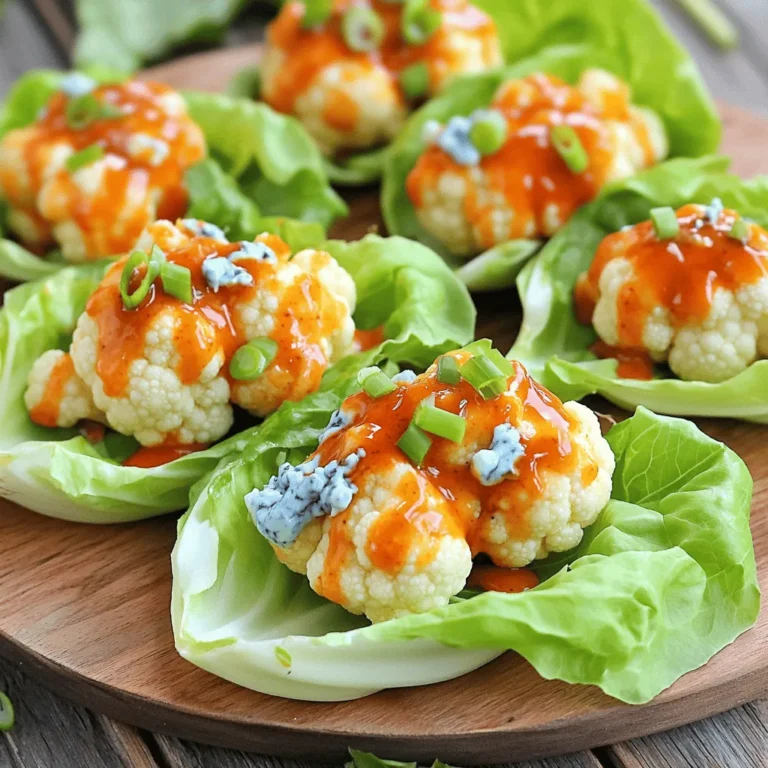 To make Buffalo Cauliflower Lettuce Wraps, you need these simple ingredients: - 1 medium head of cauliflower, cut into small florets - 1 cup buffalo sauce (store-bought or homemade) - 1 tablespoon olive oil - 1 teaspoon garlic powder - 1 teaspoon onion powder - Salt and pepper to taste - 1 head of iceberg or butter lettuce, leaves separated - 1/2 cup blue cheese or ranch dressing (for drizzling) - Celery sticks, for serving (optional) - Chopped green onions, for garnish These ingredients create a bold and fun dish. Cauliflower is a great substitute for meat. It gets crispy and soaks up the spicy buffalo sauce well. The fresh lettuce adds a nice crunch. You can use any dressing you like, but blue cheese or ranch tastes amazing with buffalo sauce. If you want, add celery sticks for a crunchy side. For the full recipe, follow the steps to make these tasty wraps. - Preheat your oven to 450°F (230°C). - Line a baking sheet with parchment paper for easy cleanup. - In a large bowl, mix the cauliflower florets with one tablespoon of olive oil. - Add one teaspoon each of garlic powder and onion powder. - Season with salt and pepper to taste. Toss until the cauliflower is well coated. - Spread the cauliflower mixture evenly on the baking sheet. - Bake for 25-30 minutes. Flip the cauliflower halfway through. - The cauliflower should be golden brown and tender when done. - Remove the cauliflower from the oven and toss it in one cup of buffalo sauce until well coated. - Return the sauced cauliflower to the baking sheet. Bake for another 5-10 minutes to let the sauce caramelize. - While the cauliflower bakes, prepare the lettuce wraps. Lay out the lettuce leaves on a platter. - Let the roasted cauliflower cool for a few minutes. Spoon it into the lettuce leaves. - Drizzle blue cheese or ranch dressing over the wraps. Garnish with chopped green onions. - Serve with celery sticks on the side for a refreshing crunch. For the full recipe, check out the Buffalo Cauliflower Lettuce Wraps section. To get the best texture for your cauliflower, follow these tips: - Cut evenly: Make sure your cauliflower florets are about the same size. This helps them cook evenly. - Use parchment paper: Line your baking sheet with parchment. It prevents sticking and makes cleanup easy. - Don’t crowd the pan: Give each piece space on the baking sheet. This allows hot air to circulate and roast them well. - Flip halfway: Halfway through roasting, turn the florets to ensure they brown on all sides. If you like it hot, here’s how to adjust the heat: - Choose your sauce: Use mild buffalo sauce for a gentle kick. For more heat, try a hot sauce with extra spice. - Add spices: Mix in cayenne pepper or chili powder when you coat the cauliflower. This boosts the heat level. - Taste test: After tossing in the sauce, taste the cauliflower. You can always add more sauce or spices if you need more heat. Pair your Buffalo Cauliflower Lettuce Wraps with these ideas: - Fresh veggies: Serve with crunchy celery sticks or carrot sticks on the side. - Dipping sauces: Offer extra buffalo sauce or ranch for dipping. This gives guests options and adds more flavor. - Garnish: Sprinkle chopped green onions over the wraps. This adds color and a fresh taste. - Create a spread: Set up a dipping station with various sauces and toppings. It makes the meal fun and interactive. For the full recipe, check out the detailed steps! {{image_2}} You can change up the taste with different sauces. Try BBQ sauce for a sweet twist. Teriyaki sauce adds a nice Asian flair. Honey mustard brings a tangy kick. Each sauce gives a new vibe to your wraps. Adding more ingredients can boost flavor. Consider diced jalapeños for heat. Black olives add saltiness. You might enjoy crunchy carrots or bell peppers for texture. Fresh herbs like cilantro or parsley can brighten the dish. Think about how each ingredient changes the overall taste. While iceberg or butter lettuce works great, other leaves can add fun. Romaine lettuce gives a sturdy base. Collard greens offer a unique taste and texture. Even cabbage leaves can be a crunchy option. Experiment with what you have to keep it fresh. For the full recipe, check out Buffalo Cauliflower Lettuce Wraps. To keep your buffalo cauliflower fresh, place it in an airtight container. Store it in the fridge. It stays good for about three days. If you want to keep it longer, consider freezing. To reheat, use an oven or toaster oven. Preheat to 375°F (190°C). Place the cauliflower on a baking sheet. Heat for about 10 to 15 minutes. This method keeps the texture crispy. Avoid using a microwave as it can make it soggy. If you want to freeze cauliflower, do it before cooking. Cut the cauliflower into small florets. Blanch them in boiling water for about three minutes. Then, cool them in ice water. Drain and pack in freezer bags. This way, you can enjoy them later in the week! For future use, just follow the full recipe when you're ready. Yes, you can prepare Buffalo Cauliflower Lettuce Wraps in advance. Start by roasting the cauliflower. Once it cools, store it in an airtight container. This keeps it fresh for up to three days. When you're ready to serve, just reheat the cauliflower and toss it in buffalo sauce. Assemble the wraps right before eating for the best crunch. Yes, this dish can fit a vegan diet. Just choose a vegan buffalo sauce and replace the blue cheese or ranch dressing with a plant-based alternative. Always check labels to ensure no animal products are included. With these swaps, you can enjoy a tasty, vegan-friendly meal. These wraps pair well with fresh sides. Here are some ideas: - Celery sticks for crunch - A side of carrot sticks - Cucumber slices for a cool bite - A simple green salad for added freshness - Extra buffalo sauce for dipping For more flavor, serve with your favorite dressing on the side. You can find the Full Recipe to give you all the details you need! Buffalo Cauliflower Lettuce Wraps are tasty and easy to make. We covered ingredients, step-by-step preparation, and tips for success. I shared ways to customize the wraps with different sauces and add-ins. Proper storage and reheating tips ensure your leftovers stay fresh. This dish is not just a meal; it’s fun to create and enjoy. I hope you try it soon and share it with friends!