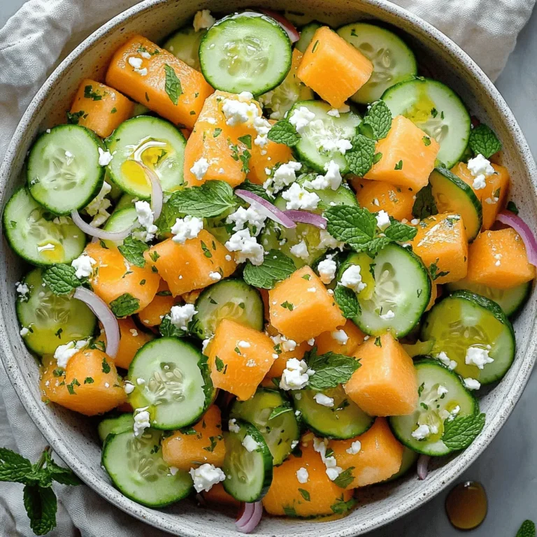 - 1 large cucumber, thinly sliced - 2 cups cantaloupe, cubed - 2 cups honeydew melon, cubed - 1/4 cup red onion, finely chopped - 1/4 cup fresh mint leaves, chopped Cucumbers are the star here. They add crispness and a refreshing crunch. Cantaloupe and honeydew melon bring sweetness and color. The red onion adds a zing of flavor, while fresh mint gives a burst of freshness. Together, they create a bright, colorful salad. - 2 tablespoons lemon juice - 1 tablespoon honey or agave syrup - Salt and pepper to taste The dressing is simple yet flavorful. Lemon juice adds brightness. Honey or agave syrup gives a touch of sweetness. Salt and pepper balance all the flavors. This dressing makes the salad shine and enhances each bite. - Feta cheese, crumbled (for garnish) Adding feta cheese is a great idea. It adds creaminess and a salty kick. You can sprinkle it on top for a nice finish. You might also consider garnishing with extra mint leaves for a fresh look. For the full recipe, please check the details above! To start, you will slice the cucumber and chop the melons. First, rinse the cucumber under cool water. Use a sharp knife to cut the cucumber into thin slices. Aim for about 1/8 inch thick. This way, each bite will be crisp and refreshing. Next, take the cantaloupe and honeydew. Cut each melon in half. Use a spoon to scoop out the seeds. Then, slice the melons into 1-inch cubes. This size is easy to eat and mixes well with the cucumber. Finally, finely chop the red onion. This onion adds a nice bite to the salad. Place all the ingredients in a large mixing bowl. Now it’s time to make the dressing. In a small bowl, measure out 2 tablespoons of lemon juice. Fresh lemon juice tastes best. Add 1 tablespoon of honey or agave syrup. If you want it sweeter, add a bit more honey. Use a whisk to mix the lemon juice and sweetener together. Keep mixing until it looks smooth. This dressing will bring all the flavors together. With the base and dressing ready, it’s time to combine everything. Drizzle the lemon mixture over the salad in the bowl. Use a large spoon to toss the salad gently. Make sure all the cucumber, melon, and onion pieces are coated well. Next, add the fresh mint leaves. Chop them first, then sprinkle them in. Toss the salad again so the mint mixes in. Now, season the salad with salt and pepper to taste. Adjust it based on your liking. If you want to add a creamy touch, sprinkle some crumbled feta cheese on top. Chill the salad in the fridge for about 15 minutes. This helps the flavors blend and makes it extra refreshing. Enjoy your fresh and flavorful cucumber melon salad! For the full recipe, check out the details provided. To choose ripe melons, look for a few signs. First, check the color. Ripe cantaloupe has a golden hue on its underside, while honeydew should be creamy yellow. Next, feel the melon. It should feel heavy for its size. Give it a gentle tap. A ripe melon will sound hollow. Finally, check the stem area. It should be slightly soft, not hard. These simple tips will help you pick the best melons for your salad. Adding spices or herbs can elevate your cucumber melon salad. Fresh mint adds a cool touch. You can also try basil for a unique flavor. A pinch of chili flakes gives it a nice kick. For a sweet twist, consider a dash of cinnamon or nutmeg. These small additions can make a big difference in taste. Experiment with what you like best to find your favorite mix. To present your salad well, use a large, shallow dish or individual bowls. This makes it look appealing. Garnish with extra mint leaves and a sprinkle of feta cheese. The bright colors of the salad will attract attention. You can even serve it on a bed of greens for added texture. For a refreshing touch, chill the salad for 15 minutes before serving. This enhances the flavors and makes it extra crisp. For the full recipe, check here. {{image_2}} You can switch up the melons in this salad. Try using watermelon for a juicy twist. Seedless watermelon adds sweetness and color. You can also use galia melon, which has a sweet and fragrant taste. Each melon brings its unique flavor, making your salad exciting. Adding nuts or seeds gives a nice crunch. Consider tossing in some toasted almonds or pumpkin seeds. They add texture and healthy fat. You might also try sunflower seeds for a light, nutty flavor. This extra layer makes the salad more filling and fun to eat. The dressing is key to a great salad. If you want a different taste, try balsamic vinegar instead of lemon juice. It adds a tangy sweetness that pairs well with melon. You can also use yogurt for a creamy dressing. Just mix plain yogurt with herbs and a bit of lemon juice for extra flavor. These options keep the salad fresh while changing the taste. For the full recipe, check out the section above. To keep your cucumber melon salad fresh, store it in an airtight container. This helps keep moisture in and air out. If you have any leftover salad, try to eat it within two days for the best taste. Always place it in the fridge right after serving. It’s best chilled, which keeps the flavors bright and refreshing. You should not freeze cucumber melon salad. The texture of the cucumbers and melons will change when frozen. They can turn mushy and lose their crispness when thawed. So, make this salad fresh, and enjoy it right away. In the fridge, cucumber melon salad lasts about two days. After that, the veggies may start to lose their crunch. The flavors will also become less vibrant. If you want the best taste and texture, enjoy your salad within that time frame. For the complete recipe, refer to the Full Recipe section. Yes, you can make this salad ahead of time. I suggest preparing the salad a few hours before serving. This way, the flavors blend well. Just keep it in the fridge until you’re ready to serve. If you add the mint and feta cheese right before serving, they stay fresh. If you want a vegan or dairy-free option, try using avocado. It gives a creamy texture. You can also use tofu or a vegan feta. These options add flavor without dairy. Another choice is to skip the cheese entirely and enjoy the fresh flavors of the salad. Absolutely! This salad is great for meal prep. You can cut and store the cucumber and melons in advance. Keep the dressing separate until you are ready to eat. This helps keep everything fresh and crisp. You can easily pack it for lunch or a picnic. For the best taste, eat it within three days. You can find the full recipe [here](#). This blog post covered how to make a refreshing cucumber melon salad. You learned about fresh ingredients like cucumbers, cantaloupe, and mint. I explained how to make a simple dressing with lemon juice and honey. I also shared tips for perfect texture and flavor. In closing, this salad is easy to make and tastes great. It’s perfect for warm days or gatherings. Experiment with different melons, nuts, or dressings. Enjoy your fresh salad today!