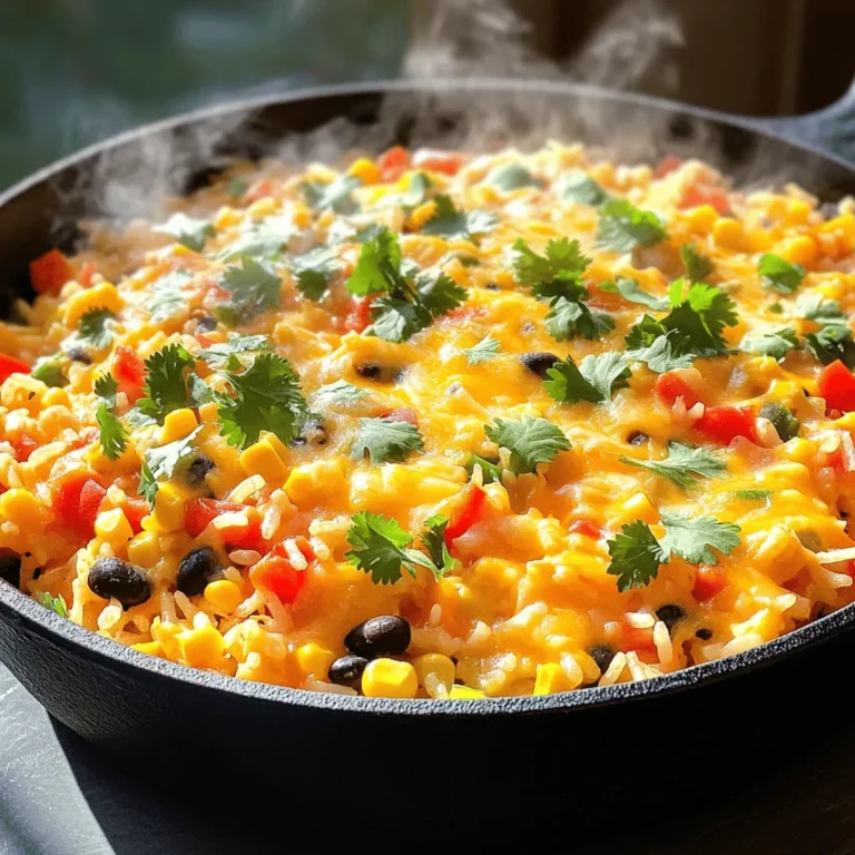 - 1 cup long-grain rice - 2 cups vegetable broth - 1 can (15 oz) black beans, rinsed and drained - 1 cup corn kernels, fresh or frozen - 1 red bell pepper, diced The main ingredients are simple and easy to find. Long-grain rice gives a nice texture. Vegetable broth adds flavor and moisture. Black beans bring protein and fiber, while corn adds sweetness. The red bell pepper adds color and crunch. - 1 small onion, chopped - 2 cloves garlic, minced - 1 teaspoon cumin - 1 teaspoon chili powder - 1/2 teaspoon paprika Flavor enhancers are key to this dish. Onion and garlic add depth. Cumin, chili powder, and paprika create warmth and spice. These spices make the rice so tasty. - 1 cup shredded cheddar cheese - 1/2 cup fresh cilantro, chopped - 2 tablespoons olive oil - Salt and pepper to taste Toppings and garnishes take this dish to the next level. Cheddar cheese melts and adds creaminess. Fresh cilantro brightens the flavors. Olive oil helps sauté the veggies and adds richness. Salt and pepper balance out the dish perfectly. For the complete recipe, check out the Full Recipe section. 1. First, heat 2 tablespoons of olive oil in a large skillet over medium heat. 2. Next, add 1 small chopped onion and 2 cloves of minced garlic. Sauté them until soft, about 3-4 minutes. 3. Then, add in 1 diced red bell pepper. Cook for another 2-3 minutes until it is slightly tender. 1. Stir in 1 cup of long-grain rice, along with 1 teaspoon of cumin, 1 teaspoon of chili powder, and 1/2 teaspoon of paprika. Toast the rice for about 2 minutes while stirring. 2. Pour in 2 cups of vegetable broth, bringing it to a simmer. Cover the skillet and reduce the heat to low. 3. Let it cook for about 15-20 minutes. The rice should be tender and absorb most of the liquid. 1. Once the rice is cooked, stir in 1 can of black beans, rinsed and drained, along with 1 cup of corn kernels. Heat through for an extra 5 minutes. 2. Sprinkle 1 cup of shredded cheddar cheese on top of the rice mixture. Cover the skillet and let the cheese melt for 2-3 minutes. 3. Remove it from the heat and garnish with 1/2 cup of fresh chopped cilantro. Enjoy this cheesy goodness right away! For the full recipe, check the main article. To ensure rice is perfectly cooked, rinse it before cooking. This removes excess starch and helps keep grains separate. Use a ratio of two cups of liquid for every cup of rice. This gives you soft, fluffy rice. When sautéing vegetables, start with the onion and garlic. Cook them in olive oil until they are soft and fragrant. This takes about three to four minutes. Then, add your red bell pepper. Cook it until it is slightly tender, which should take two to three minutes. For spice adjustments, try adding more cumin or chili powder for extra warmth. A pinch of cayenne can also add a nice kick. If you like it spicy, consider using jalapeños or serrano peppers. Add them in with the onion and garlic for a bold flavor. When serving Cheesy Mexican Rice Skillet, pair it with grilled chicken or shrimp for a complete meal. You can also serve it with a side of fresh guacamole or a crisp salad. For leftovers, store them in an airtight container. Reheat in the microwave or on the stovetop. If the rice is dry, add a splash of broth to revive it. Enjoy it as a lunch bowl or with eggs for breakfast. {{image_2}} For those who want a vegetarian or vegan option, you can skip the cheese. Use a plant-based cheese or nutritional yeast for a cheesy flavor. Swap black beans for lentils or chickpeas to keep the dish hearty. If you need a gluten-free option, this recipe is already safe. Just ensure your vegetable broth is gluten-free. You can also use brown rice for added fiber, but remember it may take longer to cook. You can change up the beans or veggies in this dish. Try pinto beans instead of black beans. You can add peas or zucchini for more color and nutrition. For cheese, if you prefer a different flavor, use Monterey Jack or pepper jack cheese. These options add a nice twist to the flavor profile. To give your Cheesy Mexican Rice Skillet a regional twist, incorporate different spices. Try adding smoked paprika for a deeper flavor or cayenne for some heat. You can also add unique ingredients. For example, mix in diced jalapeños for a spicy kick, or top with avocado slices for creaminess. These small changes can turn this dish into something special. To store leftovers of Cheesy Mexican Rice Skillet, let it cool first. Place it in an airtight container. This keeps the dish fresh and tasty. Glass or plastic containers work great. Make sure the lid seals tightly to keep out air. You can freeze Cheesy Mexican Rice Skillet for later. Use a freezer-safe container or bag. Remove as much air as possible before sealing. For best taste, eat it within three months. When ready to eat, thaw it in the fridge overnight. Reheat in a skillet or microwave until hot. In the fridge, this dish stays fresh for about three to four days. Look for signs of spoilage before eating. If it smells off or has a strange color, throw it away. Enjoy it while it’s fresh for the best flavor. For the full recipe, check out the original instructions above. How long does it take to cook Cheesy Mexican Rice Skillet? It takes about 35 minutes to cook this dish. You can spend 10 minutes prepping and 25 minutes cooking. Can I use brown rice instead of white rice? Yes, you can use brown rice. Just remember that brown rice takes longer to cook. You might need to add more liquid and adjust the cooking time. What can I serve with Cheesy Mexican Rice Skillet? This dish pairs well with grilled chicken, shrimp, or a fresh salad. You can also enjoy it with tortilla chips or a side of guacamole. Can I make this dish ahead of time? Yes, you can make it ahead. Just store it in the fridge for up to three days. Reheat it in a pan or the microwave before serving. Is it possible to make it in a slow cooker? Absolutely! You can combine ingredients in a slow cooker. Just cook on low for about 3-4 hours. Stir in the cheese right before serving. Can I cook Cheesy Mexican Rice Skillet without oil? Yes, you can skip the oil. Just use a non-stick skillet. You can also use broth to sauté the onions and garlic. How do I adjust cooking time for larger servings? If you want to make more servings, increase the rice and liquid. Keep the same cooking time but check the rice for doneness. You may need a few extra minutes if you double the recipe. This blog showed you how to make a tasty Cheesy Mexican Rice Skillet. I covered ingredients, cooking steps, and tips for perfecting the dish. You also learned about variations for different diets and how to store leftovers. With these simple steps, you can enjoy a quick meal that fits your needs. Cooking should be fun and easy. So go ahead and try this recipe today!