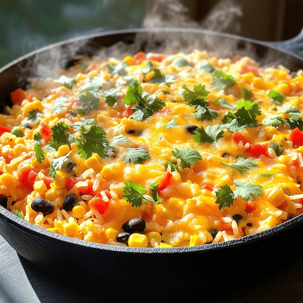 - 1 cup long-grain rice - 2 cups vegetable broth - 1 can (15 oz) black beans, rinsed and drained - 1 cup corn kernels, fresh or frozen - 1 red bell pepper, diced The main ingredients are simple and easy to find. Long-grain rice gives a nice texture. Vegetable broth adds flavor and moisture. Black beans bring protein and fiber, while corn adds sweetness. The red bell pepper adds color and crunch. - 1 small onion, chopped - 2 cloves garlic, minced - 1 teaspoon cumin - 1 teaspoon chili powder - 1/2 teaspoon paprika Flavor enhancers are key to this dish. Onion and garlic add depth. Cumin, chili powder, and paprika create warmth and spice. These spices make the rice so tasty. - 1 cup shredded cheddar cheese - 1/2 cup fresh cilantro, chopped - 2 tablespoons olive oil - Salt and pepper to taste Toppings and garnishes take this dish to the next level. Cheddar cheese melts and adds creaminess. Fresh cilantro brightens the flavors. Olive oil helps sauté the veggies and adds richness. Salt and pepper balance out the dish perfectly. For the complete recipe, check out the Full Recipe section. 1. First, heat 2 tablespoons of olive oil in a large skillet over medium heat. 2. Next, add 1 small chopped onion and 2 cloves of minced garlic. Sauté them until soft, about 3-4 minutes. 3. Then, add in 1 diced red bell pepper. Cook for another 2-3 minutes until it is slightly tender. 1. Stir in 1 cup of long-grain rice, along with 1 teaspoon of cumin, 1 teaspoon of chili powder, and 1/2 teaspoon of paprika. Toast the rice for about 2 minutes while stirring. 2. Pour in 2 cups of vegetable broth, bringing it to a simmer. Cover the skillet and reduce the heat to low. 3. Let it cook for about 15-20 minutes. The rice should be tender and absorb most of the liquid. 1. Once the rice is cooked, stir in 1 can of black beans, rinsed and drained, along with 1 cup of corn kernels. Heat through for an extra 5 minutes. 2. Sprinkle 1 cup of shredded cheddar cheese on top of the rice mixture. Cover the skillet and let the cheese melt for 2-3 minutes. 3. Remove it from the heat and garnish with 1/2 cup of fresh chopped cilantro. Enjoy this cheesy goodness right away! For the full recipe, check the main article. To ensure rice is perfectly cooked, rinse it before cooking. This removes excess starch and helps keep grains separate. Use a ratio of two cups of liquid for every cup of rice. This gives you soft, fluffy rice. When sautéing vegetables, start with the onion and garlic. Cook them in olive oil until they are soft and fragrant. This takes about three to four minutes. Then, add your red bell pepper. Cook it until it is slightly tender, which should take two to three minutes. For spice adjustments, try adding more cumin or chili powder for extra warmth. A pinch of cayenne can also add a nice kick. If you like it spicy, consider using jalapeños or serrano peppers. Add them in with the onion and garlic for a bold flavor. When serving Cheesy Mexican Rice Skillet, pair it with grilled chicken or shrimp for a complete meal. You can also serve it with a side of fresh guacamole or a crisp salad. For leftovers, store them in an airtight container. Reheat in the microwave or on the stovetop. If the rice is dry, add a splash of broth to revive it. Enjoy it as a lunch bowl or with eggs for breakfast. {{image_2}} For those who want a vegetarian or vegan option, you can skip the cheese. Use a plant-based cheese or nutritional yeast for a cheesy flavor. Swap black beans for lentils or chickpeas to keep the dish hearty. If you need a gluten-free option, this recipe is already safe. Just ensure your vegetable broth is gluten-free. You can also use brown rice for added fiber, but remember it may take longer to cook. You can change up the beans or veggies in this dish. Try pinto beans instead of black beans. You can add peas or zucchini for more color and nutrition. For cheese, if you prefer a different flavor, use Monterey Jack or pepper jack cheese. These options add a nice twist to the flavor profile. To give your Cheesy Mexican Rice Skillet a regional twist, incorporate different spices. Try adding smoked paprika for a deeper flavor or cayenne for some heat. You can also add unique ingredients. For example, mix in diced jalapeños for a spicy kick, or top with avocado slices for creaminess. These small changes can turn this dish into something special. To store leftovers of Cheesy Mexican Rice Skillet, let it cool first. Place it in an airtight container. This keeps the dish fresh and tasty. Glass or plastic containers work great. Make sure the lid seals tightly to keep out air. You can freeze Cheesy Mexican Rice Skillet for later. Use a freezer-safe container or bag. Remove as much air as possible before sealing. For best taste, eat it within three months. When ready to eat, thaw it in the fridge overnight. Reheat in a skillet or microwave until hot. In the fridge, this dish stays fresh for about three to four days. Look for signs of spoilage before eating. If it smells off or has a strange color, throw it away. Enjoy it while it’s fresh for the best flavor. For the full recipe, check out the original instructions above. How long does it take to cook Cheesy Mexican Rice Skillet? It takes about 35 minutes to cook this dish. You can spend 10 minutes prepping and 25 minutes cooking. Can I use brown rice instead of white rice? Yes, you can use brown rice. Just remember that brown rice takes longer to cook. You might need to add more liquid and adjust the cooking time. What can I serve with Cheesy Mexican Rice Skillet? This dish pairs well with grilled chicken, shrimp, or a fresh salad. You can also enjoy it with tortilla chips or a side of guacamole. Can I make this dish ahead of time? Yes, you can make it ahead. Just store it in the fridge for up to three days. Reheat it in a pan or the microwave before serving. Is it possible to make it in a slow cooker? Absolutely! You can combine ingredients in a slow cooker. Just cook on low for about 3-4 hours. Stir in the cheese right before serving. Can I cook Cheesy Mexican Rice Skillet without oil? Yes, you can skip the oil. Just use a non-stick skillet. You can also use broth to sauté the onions and garlic. How do I adjust cooking time for larger servings? If you want to make more servings, increase the rice and liquid. Keep the same cooking time but check the rice for doneness. You may need a few extra minutes if you double the recipe. This blog showed you how to make a tasty Cheesy Mexican Rice Skillet. I covered ingredients, cooking steps, and tips for perfecting the dish. You also learned about variations for different diets and how to store leftovers. With these simple steps, you can enjoy a quick meal that fits your needs. Cooking should be fun and easy. So go ahead and try this recipe today!