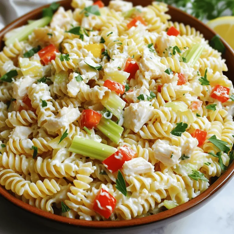 To make a creamy crab pasta salad, you will need: - 8 oz pasta (penne or fusilli recommended) - 1 cup crab meat (freshly picked or canned, thoroughly drained) - 1/2 cup mayonnaise - 1/4 cup Greek yogurt - 1 tablespoon Dijon mustard - 1 tablespoon fresh lemon juice - 1/2 cup celery, finely diced - 1/4 cup red bell pepper, finely chopped - 1/4 cup green onions, sliced (white and green parts) - 1 teaspoon Old Bay seasoning - Salt and pepper to taste - Fresh parsley, finely chopped (for garnish) These ingredients combine to create a rich, creamy texture, balanced by fresh veggies. The crab meat adds a sweet flavor, while the Old Bay seasoning brings a hint of spice. For this recipe, you will need: - A large pot for boiling pasta - A medium-sized mixing bowl for the dressing - A spacious mixing bowl for combining ingredients - A whisk for mixing the dressing - A spatula or wooden spoon for folding the salad - Plastic wrap for chilling Having the right tools makes cooking easier. You can focus on enjoying the process and the final dish. If you have allergies or preferences, here are some options: - Use gluten-free pasta if you need to avoid gluten. - Swap mayonnaise with avocado or a vegan alternative for a lighter option. - Replace crab meat with shrimp, chicken, or tofu for different protein options. - If you dislike Old Bay, try a mix of garlic powder and paprika instead. These substitutions keep the spirit of the salad while catering to your needs. You can enjoy the dish without worry! Start by boiling water in a large pot. Add salt to the water for flavor. Once the water boils, add 8 oz of pasta. I like penne or fusilli for this dish. Cook the pasta until it is al dente, about 8-10 minutes. Drain the pasta and rinse it under cold water. This stops the cooking and cools it down. While the pasta cools, grab a medium bowl. In this bowl, mix 1/2 cup mayonnaise and 1/4 cup Greek yogurt. Then, add 1 tablespoon of Dijon mustard and 1 tablespoon of fresh lemon juice. Sprinkle in 1 teaspoon of Old Bay seasoning. Whisk these together until smooth. Taste and add salt and pepper as needed. In a large bowl, add the cooled pasta. Then, mix in 1 cup of crab meat, 1/2 cup of finely diced celery, 1/4 cup of chopped red bell pepper, and 1/4 cup of sliced green onions. Carefully pour the dressing over this mix. Use a spatula to fold everything gently. Make sure the pasta and veggies are coated well, but keep the crab meat intact. Cover the bowl with plastic wrap and chill it in the fridge for at least 30 minutes. This lets the flavors blend nicely. To cook pasta well, start with a big pot of salted water. Bring it to a boil before adding the pasta. Cook it until it is al dente, which means it should still have a slight bite. This usually takes about 8-10 minutes. After cooking, drain the pasta and rinse it with cold water. This stops the cooking and cools the pasta down. A good tip is to toss a bit of olive oil on the pasta to keep it from sticking. To make your creamy crab pasta salad pop, think about adding fresh herbs. Fresh dill or basil can brighten up the dish. A splash of hot sauce can add a nice kick if you like some heat. You can also adjust the amount of lemon juice to make it zestier. Always taste as you go, so you get just the right balance. A pinch of salt and pepper can also make a big difference in flavor. Presentation matters, especially in a salad. Use a big, shallow bowl to serve the pasta salad. The wide surface area shows off the colorful ingredients. You can also serve it in individual bowls for a nice touch. Don’t forget to sprinkle fresh parsley on top for color. Adding lemon wedges on the side not only looks nice but gives an extra pop of flavor when served. For the full recipe and more tips, check out the Full Recipe section. {{image_4}} You can add more flavors to your creamy crab pasta salad. Here are some ideas: - Cherry tomatoes: Halved for a pop of color and sweetness. - Cucumber: Diced for a fresh crunch. - Avocado: Sliced or cubed for creaminess. - Corn: Adds sweetness and texture. - Capers: For a briny kick. Each of these ingredients can change the taste and feel of the dish. If you want to switch it up, try different dressings. Here are some options: - Olive oil and vinegar: For a lighter option. - Ranch dressing: For a creamy twist. - Pesto: Adds a vibrant flavor. - Vegan mayo: Great for a plant-based version. Experimenting with dressings can make each salad unique. You can easily adapt this salad to fit your diet. Here are some modifications: - Gluten-free pasta: Use this if you avoid gluten. - Low-fat mayo: For a lighter salad. - Plant-based crab meat: For a vegan option. Making these changes allows everyone to enjoy this dish. Store your creamy crab pasta salad in an airtight container. Make sure the lid seals well. This helps keep the salad fresh. It will last for about 3 days in the fridge. If you notice any off smells or colors, it’s best to toss it out. I do not recommend freezing this pasta salad. The creaminess may separate when thawed. This can change the texture and taste. If you need to freeze it, try to leave out the dressing. You can add it later after thawing. When you have leftovers, keep them in the fridge. Stir the salad well before serving. You may want to add a bit more dressing to freshen it up. This will help revive the flavors, making it taste as good as new. Yes, you can use canned crab meat. It saves time and works well. Just make sure to drain it well. Fresh crab is great too, but canned is easy and tasty. Both types give a nice flavor to your creamy crab pasta salad. You can store the salad in the fridge for up to three days. Keep it in an airtight container to keep it fresh. The flavors will meld more as it sits. However, it’s best to eat it within two days for the best taste and texture. Penne or fusilli pasta works best for this salad. These shapes hold the creamy dressing nicely. They also catch bits of crab and veggies. You can use other types too, but I find these shapes give the best results. This blog post covered how to make creamy crab pasta salad. We discussed key ingredients, equipment needed, and substitutions for allergies. I shared step-by-step instructions, tips for cooking pasta perfectly, and ways to enhance flavors. You also learned about variations and storage tips. In conclusion, with these simple steps and ideas, you can enjoy a tasty crab pasta salad. Feel free to get creative with ingredients. Your kitchen is a great place to experiment!