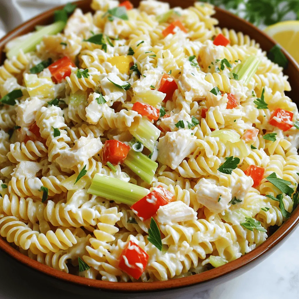 To make a creamy crab pasta salad, you will need: - 8 oz pasta (penne or fusilli recommended) - 1 cup crab meat (freshly picked or canned, thoroughly drained) - 1/2 cup mayonnaise - 1/4 cup Greek yogurt - 1 tablespoon Dijon mustard - 1 tablespoon fresh lemon juice - 1/2 cup celery, finely diced - 1/4 cup red bell pepper, finely chopped - 1/4 cup green onions, sliced (white and green parts) - 1 teaspoon Old Bay seasoning - Salt and pepper to taste - Fresh parsley, finely chopped (for garnish) These ingredients combine to create a rich, creamy texture, balanced by fresh veggies. The crab meat adds a sweet flavor, while the Old Bay seasoning brings a hint of spice. For this recipe, you will need: - A large pot for boiling pasta - A medium-sized mixing bowl for the dressing - A spacious mixing bowl for combining ingredients - A whisk for mixing the dressing - A spatula or wooden spoon for folding the salad - Plastic wrap for chilling Having the right tools makes cooking easier. You can focus on enjoying the process and the final dish. If you have allergies or preferences, here are some options: - Use gluten-free pasta if you need to avoid gluten. - Swap mayonnaise with avocado or a vegan alternative for a lighter option. - Replace crab meat with shrimp, chicken, or tofu for different protein options. - If you dislike Old Bay, try a mix of garlic powder and paprika instead. These substitutions keep the spirit of the salad while catering to your needs. You can enjoy the dish without worry! Start by boiling water in a large pot. Add salt to the water for flavor. Once the water boils, add 8 oz of pasta. I like penne or fusilli for this dish. Cook the pasta until it is al dente, about 8-10 minutes. Drain the pasta and rinse it under cold water. This stops the cooking and cools it down. While the pasta cools, grab a medium bowl. In this bowl, mix 1/2 cup mayonnaise and 1/4 cup Greek yogurt. Then, add 1 tablespoon of Dijon mustard and 1 tablespoon of fresh lemon juice. Sprinkle in 1 teaspoon of Old Bay seasoning. Whisk these together until smooth. Taste and add salt and pepper as needed. In a large bowl, add the cooled pasta. Then, mix in 1 cup of crab meat, 1/2 cup of finely diced celery, 1/4 cup of chopped red bell pepper, and 1/4 cup of sliced green onions. Carefully pour the dressing over this mix. Use a spatula to fold everything gently. Make sure the pasta and veggies are coated well, but keep the crab meat intact. Cover the bowl with plastic wrap and chill it in the fridge for at least 30 minutes. This lets the flavors blend nicely. To cook pasta well, start with a big pot of salted water. Bring it to a boil before adding the pasta. Cook it until it is al dente, which means it should still have a slight bite. This usually takes about 8-10 minutes. After cooking, drain the pasta and rinse it with cold water. This stops the cooking and cools the pasta down. A good tip is to toss a bit of olive oil on the pasta to keep it from sticking. To make your creamy crab pasta salad pop, think about adding fresh herbs. Fresh dill or basil can brighten up the dish. A splash of hot sauce can add a nice kick if you like some heat. You can also adjust the amount of lemon juice to make it zestier. Always taste as you go, so you get just the right balance. A pinch of salt and pepper can also make a big difference in flavor. Presentation matters, especially in a salad. Use a big, shallow bowl to serve the pasta salad. The wide surface area shows off the colorful ingredients. You can also serve it in individual bowls for a nice touch. Don’t forget to sprinkle fresh parsley on top for color. Adding lemon wedges on the side not only looks nice but gives an extra pop of flavor when served. For the full recipe and more tips, check out the Full Recipe section. {{image_4}} You can add more flavors to your creamy crab pasta salad. Here are some ideas: - Cherry tomatoes: Halved for a pop of color and sweetness. - Cucumber: Diced for a fresh crunch. - Avocado: Sliced or cubed for creaminess. - Corn: Adds sweetness and texture. - Capers: For a briny kick. Each of these ingredients can change the taste and feel of the dish. If you want to switch it up, try different dressings. Here are some options: - Olive oil and vinegar: For a lighter option. - Ranch dressing: For a creamy twist. - Pesto: Adds a vibrant flavor. - Vegan mayo: Great for a plant-based version. Experimenting with dressings can make each salad unique. You can easily adapt this salad to fit your diet. Here are some modifications: - Gluten-free pasta: Use this if you avoid gluten. - Low-fat mayo: For a lighter salad. - Plant-based crab meat: For a vegan option. Making these changes allows everyone to enjoy this dish. Store your creamy crab pasta salad in an airtight container. Make sure the lid seals well. This helps keep the salad fresh. It will last for about 3 days in the fridge. If you notice any off smells or colors, it’s best to toss it out. I do not recommend freezing this pasta salad. The creaminess may separate when thawed. This can change the texture and taste. If you need to freeze it, try to leave out the dressing. You can add it later after thawing. When you have leftovers, keep them in the fridge. Stir the salad well before serving. You may want to add a bit more dressing to freshen it up. This will help revive the flavors, making it taste as good as new. Yes, you can use canned crab meat. It saves time and works well. Just make sure to drain it well. Fresh crab is great too, but canned is easy and tasty. Both types give a nice flavor to your creamy crab pasta salad. You can store the salad in the fridge for up to three days. Keep it in an airtight container to keep it fresh. The flavors will meld more as it sits. However, it’s best to eat it within two days for the best taste and texture. Penne or fusilli pasta works best for this salad. These shapes hold the creamy dressing nicely. They also catch bits of crab and veggies. You can use other types too, but I find these shapes give the best results. This blog post covered how to make creamy crab pasta salad. We discussed key ingredients, equipment needed, and substitutions for allergies. I shared step-by-step instructions, tips for cooking pasta perfectly, and ways to enhance flavors. You also learned about variations and storage tips. In conclusion, with these simple steps and ideas, you can enjoy a tasty crab pasta salad. Feel free to get creative with ingredients. Your kitchen is a great place to experiment!