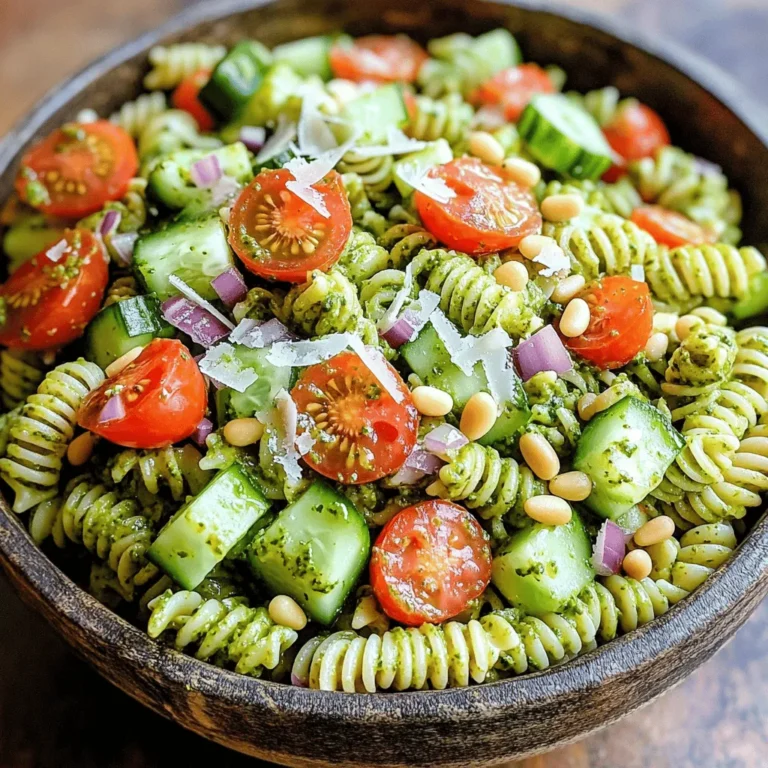 To make a great pesto pasta salad, you need a few key items. Here’s what you’ll need: - 2 cups of fusilli or penne pasta - 1 cup fresh basil leaves - 1/2 cup pine nuts, lightly toasted - 1/2 cup grated Parmesan cheese - 1/2 cup extra virgin olive oil - 1 cup cherry tomatoes, halved - 1 cup cucumber, diced - 1/4 cup red onion, finely chopped - 1 teaspoon lemon zest - Salt and pepper to taste Each of these ingredients adds flavor and texture to the dish. The pasta serves as the base, while the pesto provides a rich, herbal taste. Want to make your salad special? You can add some optional items: - 1/4 cup kalamata olives, pitted and sliced These olives give a nice briny kick. Feel free to mix and match based on your taste. Finish off your salad with some tasty toppings. Here are a few ideas: - Extra grated Parmesan cheese - Crushed red pepper flakes for a bit of heat - Fresh herbs like parsley or arugula for freshness These toppings can really enhance your salad. Try them out to find your favorite combo. For the full recipe, check out the details above! To make great pesto pasta salad, start with the right pasta. I prefer fusilli or penne. They hold the sauce well. Bring a big pot of salted water to a boil. Add your pasta and cook it until it is al dente. This means it should be firm but not hard. This usually takes about 8-10 minutes. After cooking, drain the pasta. Rinse it with cold water to stop it from cooking more. This keeps the pasta fresh and nice. Put the cooled pasta in a large mixing bowl. Now, let’s make the pesto. You need fresh basil leaves, toasted pine nuts, and Parmesan cheese. Put these in a food processor. Add lemon zest for a bright touch. Pulse the mix until everything is finely chopped. With the processor running, slowly pour in extra virgin olive oil. This helps form a smooth paste. Taste your pesto and add salt and pepper as needed. Great pesto should have a rich flavor and aroma. It’s time to mix! Pour the fresh pesto over your cooled pasta. Use a spatula to fold it in gently. Make sure every piece of pasta gets coated well. Then, add in the cherry tomatoes, diced cucumber, and red onion. If you like olives, toss those in too. Mix everything until it’s nicely combined. Check the taste and add more salt or pepper if you want. Cover the bowl and chill the salad for at least 30 minutes. This helps the flavors mix well. For the full recipe, refer to the details above. To make the best pesto pasta salad, start with fresh ingredients. Use high-quality olive oil for a rich taste. When blending the pesto, pulse the basil and nuts first. Then add cheese and olive oil gradually. This helps create a smooth texture. Don't skip rinsing the pasta in cold water. It stops the cooking and keeps the pasta firm. Mix the pesto and pasta while the pasta is still warm. This helps the flavors soak in better. If you want a kick, add a pinch of red pepper flakes. To keep your pesto pasta salad fresh, store it in an airtight container. This helps prevent it from drying out. If you make it a day ahead, it's even better! The flavors blend well overnight. However, if you add tomatoes and cucumbers, wait until serving to mix them in. This keeps them crunchy and bright. Check the salad daily if you have leftovers. If it starts to smell off, it’s time to toss it. Pesto pasta salad is great on its own but pairs well with many dishes. Serve it with grilled chicken or fish for a complete meal. You can also enjoy it with crusty bread for a nice crunch. Add a side of fresh fruit for a balanced plate. For a fun twist, try it as a filling for wraps or sandwiches. It makes a great picnic dish too! For a refreshing drink, pair it with lemonade or iced tea. {{image_2}} You can add protein to make your pesto pasta salad more filling. Grilled chicken is a popular choice. It adds a nice flavor and texture. Shrimp also works well and cooks quickly. For a meatless option, try chickpeas or black beans. They add protein and fiber. You can also use diced tofu for a plant-based protein. Just be sure to season your protein to blend well with the pesto. Switching up the veggies can change the whole salad. Try adding bell peppers for a sweet crunch. Spinach or arugula can add a fresh green taste. Roasted veggies, like zucchini or bell peppers, can bring a warm flavor. You can even mix in artichoke hearts for a unique twist. Experimenting with different veggies keeps the salad exciting! If you want a vegan pesto pasta salad, swap out the cheese. Nutritional yeast gives a cheesy flavor without dairy. Use gluten-free pasta to make it gluten-free. There are many options, like rice or quinoa pasta. Always check labels to ensure they fit your needs. You can still enjoy a tasty salad while meeting dietary requirements! For the full recipe, refer to the Pesto Pasta Salad Delight section. To keep your pesto pasta salad fresh, store it in an airtight container. Make sure to seal it well to prevent air from getting in. Place the container in the fridge. It will stay good for about 3-4 days. If you notice any changes in smell or color, it’s best to toss it out. You can freeze pesto pasta salad, but it may change in texture. To freeze, place the salad in a freezer-safe container. Leave some space at the top for expansion. It’s best to eat it within 2-3 months for the best taste. When you’re ready to eat it, move it to the fridge to thaw overnight. When reheating, do it gently. You can use a microwave or a skillet. If using a microwave, heat in short bursts. Stir in between to ensure even heating. If you use a skillet, add a splash of olive oil to keep it moist. This will help the flavors come back to life. Yes, you can use store-bought pesto. It saves time and is often very tasty. Look for a brand with fresh ingredients. Check the label for quality. If you prefer, make your own for a unique flavor. Homemade pesto tastes bright and fresh. Fusilli and penne are great choices. They hold the pesto well and add texture. You can also try rotini or farfalle. Any pasta shape that is bite-sized works well. Just cook until al dente for the best texture. You can keep this salad in the fridge for about 3 to 5 days. Store it in an airtight container. The flavors will meld and get better over time. Just be sure to stir before serving. If it looks dry, add a little olive oil before enjoying it again. In this blog post, we explored how to make a delicious pesto pasta salad. We covered essential and optional ingredients, step-by-step cooking tips, and creative variations for every taste. You learned how to store leftovers properly and answered some common questions. Pesto pasta salad is easy to customize and fun to make. Experiment with flavors and enjoy your creation. You’ll impress your friends and family with your cooking skills. Enjoy every bite!