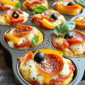 To make Mini Deep Dish Pizza Cupcakes, you will need: - 1 can (16 oz) refrigerated pizza dough - 1 cup marinara sauce - 1 ½ cups shredded mozzarella cheese - ½ cup sliced pepperoni - ¼ cup chopped bell peppers (red or green) - ¼ cup sliced black olives - 1 teaspoon dried oregano - 1 teaspoon garlic powder - Cooking spray - Fresh basil leaves for garnish (optional) If you don’t have some ingredients, you can swap them. Here are some ideas: - Use homemade pizza dough instead of refrigerated dough. - Substitute marinara sauce with pesto or alfredo sauce. - Try different cheeses like cheddar or provolone. - Swap pepperoni for cooked sausage or veggies for a meatless version. - Use any leftover vegetables you have instead of bell peppers and olives. Make sure to measure your ingredients accurately: - One can of pizza dough is typically 16 ounces, which is perfect for this recipe. - For cheese, a standard cup is about 4 ounces shredded. - Use a standard teaspoon for dried herbs and garlic powder to ensure good flavor. - A muffin tin holds about 12 standard cupcake servings, which is great for our mini pizzas. For a full list of steps, check the Full Recipe. Enjoy your cooking! Start by preheating your oven to 400°F (200°C). This step is key for a perfect bake. Next, take your can of refrigerated pizza dough. Open it carefully and roll it out on a floured surface. Aim for a thickness of about ¼ inch. This helps create a nice, flaky crust. Use a large cookie cutter or a glass to cut the dough into circles, about 4 inches wide. This size fits nicely into the muffin tin. Now, take your prepared muffin tin and spray it with cooking spray. This prevents the dough from sticking. Place each dough circle into the muffin tin, pushing it down to form little cups. Spoon about one tablespoon of marinara sauce into each cup. Then, add around 2 tablespoons of shredded mozzarella cheese on top of the sauce. Next, layer in a few slices of pepperoni and a handful of chopped bell peppers. Don't forget the sliced black olives! Finish by adding a sprinkle of mozzarella cheese on top. Once your cups are filled, sprinkle a bit of dried oregano and garlic powder over each one. This adds great flavor. Place the muffin tin in the oven and bake for 15 to 18 minutes. You want the dough to be golden brown and the cheese bubbling. After baking, let them cool for a few minutes. Then, gently lift each pizza cupcake out of the tin. If you like, garnish with fresh basil leaves for a touch of color and taste. Enjoy your tasty creations! For the full recipe, check out the details above. To make great pizza cupcakes, the dough must be just right. Start with refrigerated pizza dough for ease. Roll it out to about ¼ inch thick. This thickness gives you a flaky crust. If it feels too sticky, use a bit of flour on your surface. Make sure you cut the dough into circles that fit your muffin tin. Press the dough firmly into the cups for a good shape. You can take your mini deep dish pizza cupcakes to the next level with a few simple tweaks. Try adding crushed red pepper for a spicy kick. Fresh herbs like oregano or thyme add a burst of freshness. You can also mix in different cheeses, like cheddar or feta, for new flavors. Don’t forget to customize your toppings! Veggies like mushrooms or spinach can add color and taste. There are some common errors to watch out for. First, don’t skip the cooking spray! It prevents sticking and helps with easy removal. Also, avoid overfilling the cups. Too much filling can lead to a messy bake. Lastly, keep an eye on the baking time. If you leave them in too long, the dough can burn. Follow the full recipe for the best results! {{image_4}} You can change the toppings to suit your taste. Here are some fun ideas: - Vegetables: Add mushrooms, spinach, or zucchini for extra nutrition. - Meats: Try sausage, bacon, or ham for a meaty twist. - Cheeses: Mix in provolone or cheddar for a rich flavor. Feel free to mix and match toppings. Your Mini Deep Dish Pizza Cupcakes can be unique every time! If you need gluten-free or vegan choices, here are some tips: - Gluten-Free Crust: Use gluten-free pizza dough from your local store. - Vegan Cheese: Swap regular cheese for vegan cheese to keep it dairy-free. - No Meat: Skip the pepperoni and use veggies or plant-based meat instead. These options make it easy for everyone to enjoy this treat! Get creative with flavors! Here are some ideas to try: - BBQ Chicken: Use BBQ sauce, chicken, and red onions for a smoky taste. - Buffalo Veggie: Mix buffalo sauce with vegetables for a spicy kick. - Caprese: Add fresh basil, tomatoes, and balsamic glaze for a fresh flavor. Each flavor combination adds a fun twist to your Mini Deep Dish Pizza Cupcakes! Check out the Full Recipe for more ideas. To keep your Mini Deep Dish Pizza Cupcakes fresh, store them in an airtight container. Make sure to let them cool completely before sealing. This prevents moisture buildup. You can keep them in the fridge for up to three days. If you plan to eat them later, don’t forget to separate layers with parchment paper. This helps them not stick together. Reheating is simple and quick. Preheat your oven to 350°F (175°C). Place the pizza cupcakes on a baking sheet. Heat them for about 10-12 minutes or until they are warm and the cheese is bubbly. This method keeps the crust crispy. You can also use a microwave if you're in a hurry. Just heat them for 30-60 seconds, but they may get a bit soft. Freezing is a great option if you want to save some for later. First, let the cupcakes cool completely. Then, place them in a single layer on a baking sheet. Freeze them for about an hour. After that, transfer them to a freezer bag or airtight container. They will keep well for up to three months. When you’re ready to enjoy, thaw them in the fridge overnight and reheat as mentioned above. For a fun treat anytime, you can always prepare a batch and freeze for later enjoyment! Yes, you can make Mini Deep Dish Pizza Cupcakes ahead of time. You can prepare the dough and fillings in advance. Store the dough in the fridge for up to 24 hours. You can also prep the filling and keep it in an airtight container. When you’re ready to bake, assemble the cupcakes. Bake them fresh for the best taste. These pizza cupcakes are fun for any meal. Serve them as a snack, appetizer, or party food. Pair them with a side salad for a complete meal. You can also serve marinara sauce on the side for dipping. Kids love these mini pizzas, and they are great for game day. You could even make a pizza cupcake platter with different toppings. You can easily customize these cupcakes for different diets. For a gluten-free option, use gluten-free pizza dough. If you want a vegan version, swap cheese for vegan cheese. You can also replace pepperoni with veggies or plant-based meats. Feel free to add your favorite toppings. This way, everyone can enjoy these tasty treats! For the full recipe, check out the details above. You now know how to make mini deep dish pizza cupcakes. We covered all the key parts, from the right ingredients to step-by-step cooking. You learned tips for great dough and tasty toppings. Plus, we discussed storage and reheating, so you can enjoy leftovers. Feel free to try different flavors and toppings. Customizing this dish fits any diet. Enjoy creating these fun treats with your friends and family!