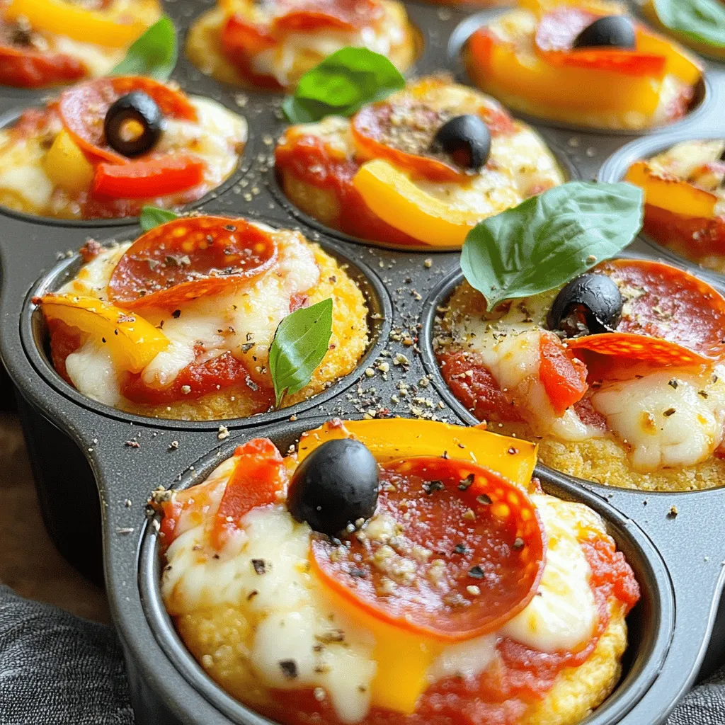 To make Mini Deep Dish Pizza Cupcakes, you will need: - 1 can (16 oz) refrigerated pizza dough - 1 cup marinara sauce - 1 ½ cups shredded mozzarella cheese - ½ cup sliced pepperoni - ¼ cup chopped bell peppers (red or green) - ¼ cup sliced black olives - 1 teaspoon dried oregano - 1 teaspoon garlic powder - Cooking spray - Fresh basil leaves for garnish (optional) If you don’t have some ingredients, you can swap them. Here are some ideas: - Use homemade pizza dough instead of refrigerated dough. - Substitute marinara sauce with pesto or alfredo sauce. - Try different cheeses like cheddar or provolone. - Swap pepperoni for cooked sausage or veggies for a meatless version. - Use any leftover vegetables you have instead of bell peppers and olives. Make sure to measure your ingredients accurately: - One can of pizza dough is typically 16 ounces, which is perfect for this recipe. - For cheese, a standard cup is about 4 ounces shredded. - Use a standard teaspoon for dried herbs and garlic powder to ensure good flavor. - A muffin tin holds about 12 standard cupcake servings, which is great for our mini pizzas. For a full list of steps, check the Full Recipe. Enjoy your cooking! Start by preheating your oven to 400°F (200°C). This step is key for a perfect bake. Next, take your can of refrigerated pizza dough. Open it carefully and roll it out on a floured surface. Aim for a thickness of about ¼ inch. This helps create a nice, flaky crust. Use a large cookie cutter or a glass to cut the dough into circles, about 4 inches wide. This size fits nicely into the muffin tin. Now, take your prepared muffin tin and spray it with cooking spray. This prevents the dough from sticking. Place each dough circle into the muffin tin, pushing it down to form little cups. Spoon about one tablespoon of marinara sauce into each cup. Then, add around 2 tablespoons of shredded mozzarella cheese on top of the sauce. Next, layer in a few slices of pepperoni and a handful of chopped bell peppers. Don't forget the sliced black olives! Finish by adding a sprinkle of mozzarella cheese on top. Once your cups are filled, sprinkle a bit of dried oregano and garlic powder over each one. This adds great flavor. Place the muffin tin in the oven and bake for 15 to 18 minutes. You want the dough to be golden brown and the cheese bubbling. After baking, let them cool for a few minutes. Then, gently lift each pizza cupcake out of the tin. If you like, garnish with fresh basil leaves for a touch of color and taste. Enjoy your tasty creations! For the full recipe, check out the details above. To make great pizza cupcakes, the dough must be just right. Start with refrigerated pizza dough for ease. Roll it out to about ¼ inch thick. This thickness gives you a flaky crust. If it feels too sticky, use a bit of flour on your surface. Make sure you cut the dough into circles that fit your muffin tin. Press the dough firmly into the cups for a good shape. You can take your mini deep dish pizza cupcakes to the next level with a few simple tweaks. Try adding crushed red pepper for a spicy kick. Fresh herbs like oregano or thyme add a burst of freshness. You can also mix in different cheeses, like cheddar or feta, for new flavors. Don’t forget to customize your toppings! Veggies like mushrooms or spinach can add color and taste. There are some common errors to watch out for. First, don’t skip the cooking spray! It prevents sticking and helps with easy removal. Also, avoid overfilling the cups. Too much filling can lead to a messy bake. Lastly, keep an eye on the baking time. If you leave them in too long, the dough can burn. Follow the full recipe for the best results! {{image_4}} You can change the toppings to suit your taste. Here are some fun ideas: - Vegetables: Add mushrooms, spinach, or zucchini for extra nutrition. - Meats: Try sausage, bacon, or ham for a meaty twist. - Cheeses: Mix in provolone or cheddar for a rich flavor. Feel free to mix and match toppings. Your Mini Deep Dish Pizza Cupcakes can be unique every time! If you need gluten-free or vegan choices, here are some tips: - Gluten-Free Crust: Use gluten-free pizza dough from your local store. - Vegan Cheese: Swap regular cheese for vegan cheese to keep it dairy-free. - No Meat: Skip the pepperoni and use veggies or plant-based meat instead. These options make it easy for everyone to enjoy this treat! Get creative with flavors! Here are some ideas to try: - BBQ Chicken: Use BBQ sauce, chicken, and red onions for a smoky taste. - Buffalo Veggie: Mix buffalo sauce with vegetables for a spicy kick. - Caprese: Add fresh basil, tomatoes, and balsamic glaze for a fresh flavor. Each flavor combination adds a fun twist to your Mini Deep Dish Pizza Cupcakes! Check out the Full Recipe for more ideas. To keep your Mini Deep Dish Pizza Cupcakes fresh, store them in an airtight container. Make sure to let them cool completely before sealing. This prevents moisture buildup. You can keep them in the fridge for up to three days. If you plan to eat them later, don’t forget to separate layers with parchment paper. This helps them not stick together. Reheating is simple and quick. Preheat your oven to 350°F (175°C). Place the pizza cupcakes on a baking sheet. Heat them for about 10-12 minutes or until they are warm and the cheese is bubbly. This method keeps the crust crispy. You can also use a microwave if you're in a hurry. Just heat them for 30-60 seconds, but they may get a bit soft. Freezing is a great option if you want to save some for later. First, let the cupcakes cool completely. Then, place them in a single layer on a baking sheet. Freeze them for about an hour. After that, transfer them to a freezer bag or airtight container. They will keep well for up to three months. When you’re ready to enjoy, thaw them in the fridge overnight and reheat as mentioned above. For a fun treat anytime, you can always prepare a batch and freeze for later enjoyment! Yes, you can make Mini Deep Dish Pizza Cupcakes ahead of time. You can prepare the dough and fillings in advance. Store the dough in the fridge for up to 24 hours. You can also prep the filling and keep it in an airtight container. When you’re ready to bake, assemble the cupcakes. Bake them fresh for the best taste. These pizza cupcakes are fun for any meal. Serve them as a snack, appetizer, or party food. Pair them with a side salad for a complete meal. You can also serve marinara sauce on the side for dipping. Kids love these mini pizzas, and they are great for game day. You could even make a pizza cupcake platter with different toppings. You can easily customize these cupcakes for different diets. For a gluten-free option, use gluten-free pizza dough. If you want a vegan version, swap cheese for vegan cheese. You can also replace pepperoni with veggies or plant-based meats. Feel free to add your favorite toppings. This way, everyone can enjoy these tasty treats! For the full recipe, check out the details above. You now know how to make mini deep dish pizza cupcakes. We covered all the key parts, from the right ingredients to step-by-step cooking. You learned tips for great dough and tasty toppings. Plus, we discussed storage and reheating, so you can enjoy leftovers. Feel free to try different flavors and toppings. Customizing this dish fits any diet. Enjoy creating these fun treats with your friends and family!