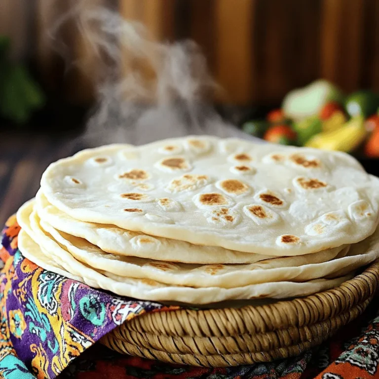 - 2 cups all-purpose flour - 1/2 teaspoon salt - 1/2 teaspoon baking powder - 3 tablespoons vegetable oil or lard - 3/4 cup warm water What is the purpose of all-purpose flour? All-purpose flour gives the tortilla its structure. It helps create a soft, yet sturdy base. The protein in the flour helps the dough hold together. Why are salt and baking powder important? Salt adds flavor to the tortillas. It enhances the taste of every bite. Baking powder helps the tortillas puff up as they cook. This makes them light and airy. What role does oil or lard play in texture? Oil or lard makes the tortillas tender. It keeps them soft and prevents dryness. This fat creates a nice, chewy texture that you will love. To start, we mix our dry ingredients. In a large bowl, combine: - 2 cups all-purpose flour - 1/2 teaspoon salt - 1/2 teaspoon baking powder Stir these well. This helps blend the flavors. Next, we add the fat. You can use: - 3 tablespoons vegetable oil or lard Use your fingers or a fork. Rub the fat into the flour until it looks like crumbs. This step adds flavor and makes the tortillas soft. Now, we need warm water. Gradually add: - 3/4 cup warm water Add it one tablespoon at a time. Mix with your hands or a spoon until you see a dough form. Once you have a dough, it’s time to knead. Place it on a lightly floured surface. Knead for about 3-5 minutes. You want the dough smooth and elastic. This makes the tortillas chewy. Now, divide the dough. Cut it into 8 equal pieces. Shape each piece into a ball. Cover them with a clean towel. Let them rest for at least 15 minutes. This resting helps the dough relax. After resting, we roll out the dough. Flatten each ball with your hands. Then, use a rolling pin. Roll each ball into a thin circle, about 8-10 inches wide. Dust with flour to avoid sticking. Next, we cook the tortillas. Heat a dry skillet over medium-high heat. Cook each tortilla for about 30 seconds on one side. Look for bubbles to form. Then flip and cook for another 30 seconds. You want light brown spots to appear. Remove the tortilla from heat. Wrap it in a clean towel to keep warm. Repeat this with all dough balls. By following these steps, you create soft, delicious tortillas. You can find the Full Recipe above to guide you through each stage! Resting the dough is key for soft tortillas. This step lets the gluten relax. It makes the dough easier to roll. After kneading, cover the dough and let it rest for at least 15 minutes. This short wait is worth it! When rolling out the dough, a little flour helps. Dust your surface and the dough lightly. This keeps it from sticking. Use a rolling pin to make even circles. Try to keep the thickness the same throughout. The ideal skillet temperature is medium-high. You want it hot, but not too hot. A good test is to sprinkle a drop of water on the skillet. If it sizzles, it’s ready! To know when your tortillas are done, look for bubbles. Cook for about 30 seconds on one side. Flip it when you see bubbles forming. Cook until light brown spots appear. This shows they are ready to enjoy! Homemade tortillas are great with many fillings. Try grilled chicken, fresh veggies, or avocado. They pair well with beans, cheese, or salsa too. For meals, stack warm tortillas in a basket. Serve with your favorite dishes. You can use these tortillas for tacos, wraps, or quesadillas. The options are endless! For the full recipe, check out the instructions above. {{image_2}} You can easily add flavor to your tortillas. Try herbs like cilantro or spices such as cumin. Just mix them into the dry ingredients before adding the wet ones. This simple step can change the taste. For a whole wheat version, swap half or all of the all-purpose flour with whole wheat flour. Whole wheat gives a nutty flavor and a bit more fiber. If you need gluten-free tortillas, use alternative flours. Almond flour, coconut flour, or a gluten-free blend work well. Remember, these flours absorb more liquid. You may need to adjust the water in your dough. Adding a binding agent like xanthan gum can also help keep your tortillas together. Tortillas are not just for wraps. You can cut them into triangles and bake them for chips. Serve these with salsa or guacamole for a tasty snack. You can also layer tortillas with cheese and veggies to make a quick quesadilla. This adds fun and flavor to any meal! To store cooked tortillas, keep them in a sealed plastic bag or airtight container. This keeps them soft and fresh. You can also wrap them in a clean kitchen towel. This method helps them stay warm for a while. For best results, use them within two days. To freeze tortillas, stack them with parchment paper between each one. This prevents them from sticking together. Place the stack in a freezer bag and seal it tightly. When you want to use them, thaw the tortillas in the fridge overnight. You can also microwave them for quick reheating. Just place a damp paper towel over them for about 20-30 seconds. Homemade tortillas can last up to a week in the fridge. If stored correctly, they can stay fresh for about three months in the freezer. Look for signs like a dull color or hard texture. These mean it’s time to discard them. Always trust your senses; if it smells off, it’s best to toss it. To make soft flour tortillas, start by mixing dry ingredients. In a bowl, combine 2 cups of all-purpose flour, 1/2 teaspoon of salt, and 1/2 teaspoon of baking powder. Then, add 3 tablespoons of vegetable oil or lard. Rub the fat into the flour until it looks like coarse crumbs. Gradually mix in 3/4 cup of warm water, one tablespoon at a time. Knead the dough for about 3 to 5 minutes until it's smooth. Let the dough rest for at least 15 minutes. Shape it into balls, roll them into thin circles, and cook on a hot skillet for about 30 seconds on each side. For the full recipe, refer to the earlier section. Yes, you can use whole wheat flour. However, the texture will change. Whole wheat tortillas may be denser and less soft than those made with all-purpose flour. To adjust, mix in a little more water as whole wheat absorbs more moisture. Start with the same amount of water and add more if needed. To reheat tortillas, wrap them in a damp paper towel. Microwave for about 20 seconds. This keeps them soft. You can also heat them in a skillet over low heat for 15 seconds per side. Avoid high heat, as it can dry them out. Yes, you can make tortillas ahead of time. After cooking, store them in a sealed bag. Keep them in the fridge for up to a week. For longer storage, freeze them in layers with parchment paper in between. When ready to eat, thaw in the fridge overnight and reheat as needed. You learned about making homemade tortillas with simple ingredients and easy steps. I shared tips to perfect the texture and ways to store your tortillas for later use. You can also explore flavorful variations, gluten-free options, and creative dishes. Remember, the key to great tortillas is practice, so don’t hesitate to experiment. Enjoy making your own tortillas and get creative with fillings and meals. Happy cooking!