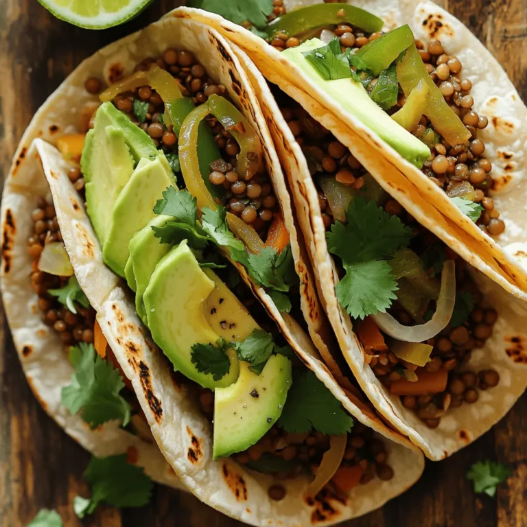 - 1 cup green or brown lentils - 2 cups vegetable broth - 1 tablespoon olive oil - 1 medium onion, diced The stars of this dish are the lentils. They are packed with protein and fiber. You can use green or brown lentils. Both types work well. The vegetable broth adds flavor and moisture. Olive oil gives a nice richness to the tacos. The diced onion adds sweetness and depth. - 1 teaspoon cumin - 1 teaspoon smoked paprika - 1/2 teaspoon chili powder - Salt and pepper to taste Spices make or break your tacos. Cumin gives an earthy flavor. Smoked paprika adds a hint of smokiness. Chili powder brings a little heat. Don’t forget to add salt and pepper to balance the flavors. - Fresh cilantro, chopped - 1 avocado, sliced - Lime wedges Toppings can elevate your tacos. Fresh cilantro adds a burst of freshness. Creamy avocado makes each bite smooth. Lime wedges give a zesty kick. Squeeze lime juice over the tacos for a flavor boost. These ingredients come together for a tasty meal. You can find the Full Recipe for more details on how to prepare these vegan lentil tacos. To start, combine 1 cup of green or brown lentils with 2 cups of vegetable broth in a saucepan. Bring this mix to a boil over high heat. Once boiling, reduce the heat and let it simmer. Cook for about 20 to 25 minutes, until the lentils are tender and most of the liquid is gone. This step ensures your lentils will have a great base for flavor. Next, heat 1 tablespoon of olive oil in a large skillet over medium heat. Add 1 medium diced onion and sauté until it turns clear, which takes about 5 minutes. This process brings out the sweet flavor of the onion. After that, stir in 2 cloves of minced garlic and 1 diced bell pepper. Cook these together for an additional 2 to 3 minutes until the pepper softens. Now it’s time to mix everything! Add the cooked lentils to the skillet with the sautéed vegetables. Sprinkle in 1 teaspoon of cumin, 1 teaspoon of smoked paprika, and 1/2 teaspoon of chili powder. Season with salt and pepper to taste. Mix everything well and let it cook for another 5 minutes. This step allows the spices to blend into the lentils, creating a rich flavor. For the complete recipe, check out the Full Recipe section above. To cook lentils just right, start by rinsing them. This removes any dirt or debris. Then, add them to a saucepan with vegetable broth. Bring it to a boil, then lower the heat. Let them simmer for 20 to 25 minutes. You want them tender but not mushy. When sautéing vegetables, heat olive oil in a large skillet. Add diced onion and cook until it turns clear. This takes about five minutes. Next, stir in minced garlic and bell pepper. Cook for another two to three minutes until they soften. This adds great flavor and texture. To boost the taste, consider adding fresh herbs. Cilantro, parsley, or oregano work well. You can also try spices like coriander or turmeric. They add depth and warmth. Marinating the lentils before cooking can help too. Mix cooked lentils with lime juice and spices. Let them sit for 15 minutes. This allows the flavors to soak in deeply. Pair your tacos with a side of rice or a fresh salad. The rice gives a nice base, while the salad adds crunch. You can also serve them with chips and salsa for a fun twist. If you have leftover lentils, get creative. Use them in a wrap or salad. You can even mix them into soups. They are versatile and tasty in many dishes. For the full recipe, check out the Zesty Vegan Lentil Tacos. {{image_2}} You can switch up the protein in your lentil tacos for fun. Try using other legumes like chickpeas or black beans. Both add flavor and texture. Chickpeas are nutty, while black beans offer a hearty taste. You can also add tofu or tempeh for extra protein. Tofu is soft and soaks up flavors well. Tempeh has a nutty taste that works great in tacos. Toppings can change your taco game. Try shredded cabbage for a crunchy bite. Salsa adds a fresh, zesty flavor. You can also use guacamole for creaminess. Don’t forget about different sauces! A drizzle of hot sauce or a splash of tahini can make your tacos shine. Tortillas are key, but you can get creative. Use lettuce wraps for a low-carb option. They are crisp and refreshing. If you want a twist, explore whole grain or flavored tortillas. Spinach or tomato tortillas can add color and taste to your meal. For a full recipe, check out the Zesty Vegan Lentil Tacos. Enjoy these tasty variations! To store your lentil taco filling, let it cool first. Place it in an airtight container. This keeps it fresh and safe. Store it in the fridge for up to five days. If it smells off or looks strange, toss it out. You can freeze lentil filling for later. Put the cooled filling in a freezer-safe bag. Remove as much air as you can. This helps prevent freezer burn. It lasts for up to three months. When ready to eat, thaw it overnight in the fridge. Reheat it on the stove or in the microwave until hot. To keep tortillas fresh, store them in a cool, dry place. You can use a sealed bag or container. For soft tortillas, wrap them in a damp cloth. This keeps them from drying out. To reheat, warm them in a skillet for a few seconds on each side. You can also microwave them for 15-20 seconds. Enjoy your tacos with fresh, warm tortillas! Don't forget to check out the Full Recipe for more details. To make vegan lentil tacos, start by cooking lentils. Rinse 1 cup of lentils and add them to a saucepan with 2 cups of vegetable broth. Bring it to a boil, then simmer for 20-25 minutes until tender. In a skillet, heat 1 tablespoon of olive oil. Sauté 1 diced onion until it turns clear. Add 2 minced garlic cloves and 1 diced bell pepper, cooking for a few more minutes. Mix in the lentils with spices like cumin and smoked paprika. Cook everything for 5 more minutes. Warm 8 tortillas, fill them with the lentil mix, and top with avocado and cilantro. You can find the Full Recipe for more details. Lentils are full of nutrients. They are a great source of protein and fiber. One cup of cooked lentils has about 18 grams of protein and 16 grams of fiber. They also have iron, which helps your blood. Eating lentils can help with digestion and keep you full. They are low in fat, making them a smart choice for a healthy meal. Adding lentils to your diet can help lower cholesterol and control blood sugar levels. Yes, you can make these tacos gluten-free! Use corn tortillas instead of flour ones. Corn tortillas are naturally gluten-free and work well with the lentil filling. If you prefer, you can also use lettuce wraps for a low-carb option. This way, you can enjoy the same great taste without gluten. Just make sure to check the package labels for any hidden gluten in your ingredients. In this post, we covered how to make tasty vegan lentil tacos. We explored the key ingredients like lentils, broth, spices, and toppings. Next, I provided step-by-step cooking instructions and shared tips for perfect texture and flavor. You also learned about variations, storage tips, and answers to common questions. Now, it’s your turn to get cooking. Enjoy making these nutritious tacos that fit your taste!