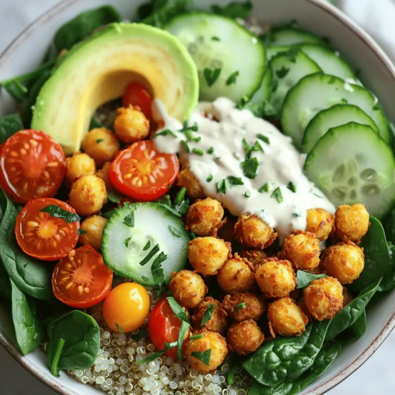 - 1 can (15 oz) chickpeas, drained and rinsed - 2 tablespoons olive oil - 1 teaspoon smoked paprika - 1 teaspoon garlic powder - 1 teaspoon cumin - Salt and pepper to taste - 1 cup quinoa, rinsed - 2 cups vegetable broth - 1 medium avocado, sliced - 1 cup cherry tomatoes, halved - 1 small cucumber, diced - 1 cup spinach or mixed greens - 2 tablespoons tahini - 1 tablespoon lemon juice - Fresh herbs (parsley or cilantro) for garnish Chickpeas are the star of this dish. They add protein and fiber. They also take on flavors well. Roasting them makes them crispy and delicious. Olive oil helps the chickpeas brown nicely. It also adds a rich taste. Use high-quality olive oil for the best flavor. Smoked paprika gives a lovely, smoky flavor. It pairs well with the spices. Garlic powder adds a savory depth. Cumin brings warmth and earthiness. Quinoa serves as a great base. It is gluten-free and full of nutrients. It has a slight nutty taste that complements the other ingredients. Avocado adds creaminess. It also provides healthy fats. Cherry tomatoes bring sweetness and freshness. They add a nice pop of color. Cucumber adds crunch and mild flavor. Spinach or mixed greens provide vitamins and minerals. They also add a nice green touch. Tahini and lemon juice create a tangy dressing. It ties all the flavors together beautifully. When choosing chickpeas, look for those without dents or bulges. Canned chickpeas should be firm, not mushy. For olive oil, choose extra virgin for the best taste. It should have a rich, fruity aroma. Pick ripe avocados that yield slightly when pressed. They should not be hard or overly soft. For tomatoes, choose firm, shiny ones without blemishes. Select cucumbers that are dark green and firm. For greens, look for vibrant, crisp leaves. Avoid any with browning or wilting. When choosing tahini, look for a smooth texture. It should have a nutty aroma. Always check the expiration date. First, preheat your oven to 400°F (200°C). While it heats, drain and rinse the chickpeas. Pat them dry with a paper towel. This helps them crisp up nicely. In a bowl, mix the chickpeas with olive oil, smoked paprika, garlic powder, cumin, salt, and pepper. Toss until all the chickpeas are well coated. Spread them in a single layer on a baking sheet lined with parchment paper. Bake for 25-30 minutes, shaking the pan halfway through. Look for a golden brown color and a crispy texture. While the chickpeas bake, it’s time to cook the quinoa. Rinse 1 cup of quinoa under cold water. In a saucepan, combine the rinsed quinoa and 2 cups of vegetable broth. Bring it to a boil over medium heat. Then, reduce the heat to low. Cover the pot and let it simmer for about 15 minutes. Once done, fluff the quinoa with a fork. Make sure all the broth has absorbed. Now comes the fun part—assembling your Buddha bowl! Start with a base of fluffy quinoa. Next, layer in a handful of spinach or mixed greens. Add the halved cherry tomatoes and diced cucumber on top. Don’t forget the star of the dish: your crispy chickpeas! Place them generously over the greens. Finally, slice your avocado and arrange it on top. Drizzle with tahini dressing made from mixing tahini and lemon juice. Add a splash of water if needed. Garnish with fresh herbs like parsley or cilantro for a burst of flavor. Enjoy this vibrant and healthy meal! For the complete recipe, refer to the [Full Recipe]. To make your chickpeas crispy, start by draining and rinsing them well. Pat them dry with a towel. If they are wet, they won’t crisp up. Toss them in olive oil and your favorite spices. I like smoked paprika and garlic powder. Spread them in a single layer on a baking sheet. Bake them at 400°F for about 25 to 30 minutes. Shake the pan halfway for even cooking. The result? Crunchy, golden chickpeas that add great texture to your bowl. Cooking quinoa is simple if you follow a few tips. First, rinse the quinoa under cold water. This removes any bitterness. Use a ratio of 1 cup quinoa to 2 cups vegetable broth. Bring it to a boil, then reduce the heat. Cover the pan and let it simmer for about 15 minutes. Check for fluffiness and make sure all the broth is absorbed. Fluff with a fork before serving. This will give you light and fluffy quinoa, perfect for your Buddha bowl. When making tahini sauce, mix tahini and lemon juice in a bowl. If it seems too thick, add a little water to thin it out. Stir until you reach a smooth and creamy texture. The sauce should be easy to drizzle over your bowl. This adds a rich, nutty flavor that complements the other ingredients. Adjust the water based on your preference. A good tahini sauce makes your Crispy Chickpea Buddha Bowl even more enjoyable. {{image_2}} You can swap some ingredients to make this bowl even healthier. Use brown rice instead of quinoa for extra fiber. If you want fewer carbs, try cauliflower rice. Add more veggies like bell peppers or carrots for color and crunch. Instead of olive oil, try avocado oil. It has a high smoke point and adds a nice flavor. You can boost protein by adding chicken, tofu, or tempeh to your bowl. If you like chicken, grill or roast it with some spices. For a vegetarian option, marinate tofu or tempeh in soy sauce and bake until golden. This makes your bowl more filling and adds layers of taste. Enhance flavors by using different spices and seasonings. Try adding curry powder for a warm taste. A pinch of chili powder adds a nice kick. Fresh herbs like basil or mint can brighten the dish. You can even mix in a splash of soy sauce or hot sauce for an extra punch. For the full recipe, check out the instructions above! To keep your Crispy Chickpea Buddha Bowl fresh, first cool the leftovers. Place them in a container with a tight lid. Store in the fridge for up to three days. Keep the tahini sauce separate until you are ready to eat. This helps maintain the crunchiness of the chickpeas. You can freeze the chickpeas and quinoa. First, let them cool completely. Then, place them in freezer bags. Remove as much air as you can before sealing. This prevents freezer burn. They can last up to three months. When you are ready to eat, thaw them in the fridge overnight. For best results, use glass containers. They do not retain odors and are safe for the microwave. Choose containers that fit your portion size. If you plan to freeze, select freezer-safe containers. This way, you can enjoy your Buddha bowl whenever you like. A Buddha bowl is a colorful dish. It has a mix of grains, veggies, and protein. You can find these bowls in many restaurants. They are great for a healthy meal. The idea is to fill a bowl with healthy food. Each bowl is unique and can change daily. Yes, you can make this recipe vegan. The main ingredients are already plant-based. Use chickpeas, quinoa, and veggies. The tahini sauce is also vegan. Just skip any animal products like cheese. This makes it a perfect dish for everyone. You can store the Crispy Chickpea Buddha Bowl for up to four days. Keep it in an airtight container. Place it in the fridge to keep it fresh. The chickpeas will stay crispy for a short time. They are best eaten right after baking. You can add many toppings to your bowl. Here are some ideas: - Roasted sweet potatoes - Grated carrots - Sliced radishes - Hummus - Seeds like pumpkin or sunflower These add flavor and nutrients to your meal. Yes, this recipe is gluten-free. The main ingredients, chickpeas and quinoa, do not have gluten. Always check labels on packaged items. Some sauces or dressings might contain gluten. This bowl is a great choice for those who avoid gluten. For the detailed cooking process, check the Full Recipe. This blog post covered how to make a Crispy Chickpea Buddha Bowl. We looked at key ingredients, step-by-step instructions, and tips for perfect results. You learned about variations and how to store your bowl for later. I hope this inspire you to create your own Buddha Bowl at home. With fresh ingredients and some tasty swaps, you can make it just right. Enjoy experimenting with flavors and textures, and remember to share your delicious creations!