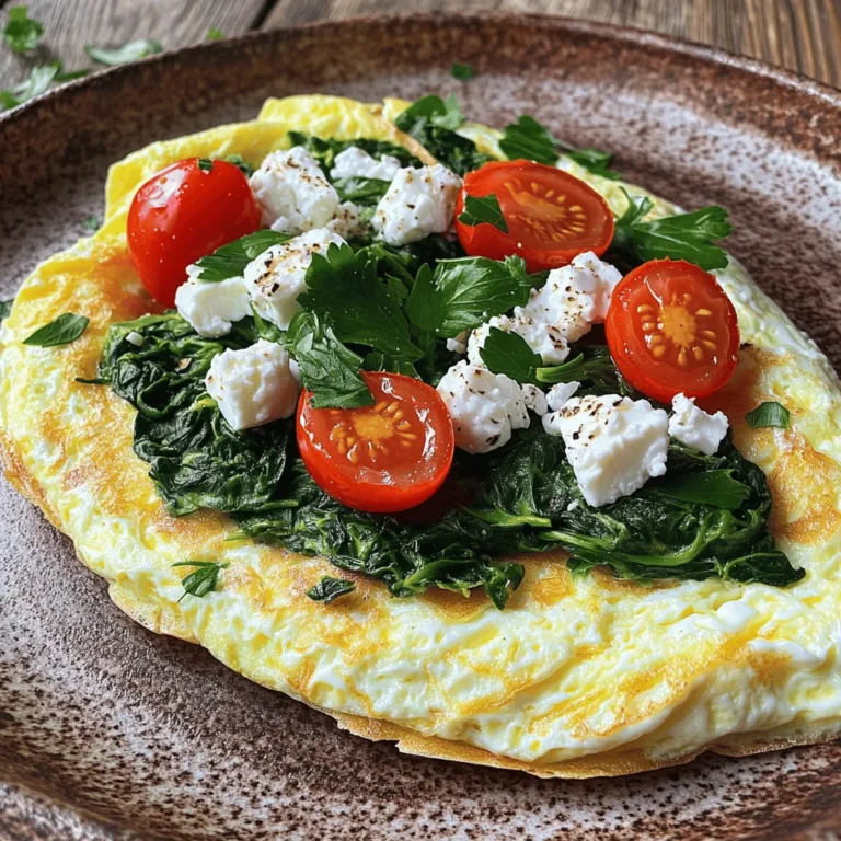 - 4 large egg whites - 1 cup fresh spinach, chopped - 1/4 cup feta cheese, crumbled - 1/4 cup cherry tomatoes, halved - 2 tablespoons onion, finely chopped - 1 tablespoon olive oil - Salt and pepper to taste - Fresh herbs for garnish When I cook a spinach egg white omelette, I love how fresh and bright it tastes. The main ingredients are simple. You need four large egg whites, one cup of chopped spinach, and a quarter cup of crumbled feta cheese. Egg whites are low in calories and high in protein, making them a great choice for health-conscious cooks. I always use fresh spinach for the best flavor. It adds a nice green color and a slight earthiness that pairs well with the eggs. Feta cheese adds a creamy and tangy touch. You can also use other cheeses if you want. For extra flavor, I add some cherry tomatoes, finely chopped onion, and a little olive oil. The tomatoes burst with juice when cooked, adding sweetness to the dish. The onion gives a nice crunch and taste. Don't forget to season with salt and pepper to make all the flavors pop. For garnish, I like fresh herbs like parsley or dill. They add a lovely touch and make the dish look pretty. If you want the full recipe, check out the Spinach & Feta Delight Omelette! - Prepare the ingredients: chop spinach, halve cherry tomatoes, and finely chop onion. - Whisk egg whites until frothy with salt and pepper. Starting with fresh ingredients makes a big difference. I love to use bright green spinach. It adds flavor and nutrition. Cherry tomatoes bring sweetness and color. Chopping these ingredients makes them easy to mix later. Whisking the egg whites is key for fluffiness. As you whisk, add a pinch of salt and pepper. This simple step enhances the flavor. - Heat olive oil in a non-stick skillet over medium heat. - Sauté onions until translucent, then add spinach and cook until wilted. - Pour egg whites into the skillet, lifting edges to allow uncooked portions to flow. Heat your skillet first. Olive oil keeps the omelette from sticking. Once hot, add the onions. Sauté them for a couple of minutes. They should turn soft and clear. Next, toss in the spinach. It wilts quickly, so keep an eye on it. Now, slowly pour in the whisked egg whites. Use a spatula to lift the edges. This will let the uncooked egg flow to the bottom. - Add feta cheese and cherry tomatoes on one half, fold omelette, and cook for an additional minute. - Garnish with fresh herbs and slide onto a plate before serving. When the bottom is set, add feta and cherry tomatoes on one side. Carefully fold the omelette in half. Cook for one more minute, allowing the cheese to melt. For a finishing touch, sprinkle fresh herbs on top. Slide your delicious omelette onto a plate. It’s ready to serve! For the full recipe, check out the instructions above. - Use a non-stick skillet for easy flipping and removal. - Ensure the heat is medium to prevent burning while cooking. When I cook my spinach egg white omelette, I always use a non-stick skillet. This makes flipping it easy and helps it slide out smoothly. If the heat is too high, you risk burning the egg whites. Keeping the heat at medium allows the omelette to cook evenly and stay tender. - Fresh spinach yields the best flavor—avoid using wilted leaves. - Customize with different cheeses or veggies for added flavor. I love using fresh spinach in my omelette. It adds a bright flavor and a lovely color. Wilted spinach can ruin the dish. You can also mix in different cheeses like cheddar or goat cheese. Adding veggies like bell peppers or mushrooms can make your omelette even more exciting! - Serve immediately for best texture, and pair with whole-grain toast or a salad. Serving your omelette right away keeps it fluffy and warm. I like to pair it with whole-grain toast or a fresh salad. This adds texture and makes the meal more filling. For the full recipe, check out the Spinach & Feta Delight Omelette! {{image_2}} You can change the cheese in your omelette. Try using goat cheese for a tangy twist. Mozzarella adds a creamy texture, while cheddar gives a sharp flavor. Each option brings a unique taste to your dish. Want to boost nutrients? Add bell peppers for crunch and color. Mushrooms bring a rich flavor, and zucchini adds a nice bite. These veggies not only taste great but also make your omelette look more appealing. Make your omelette pop with spices! Paprika adds a smoky touch. Garlic powder gives a savory note. Herbs de Provence can elevate the dish with a mix of flavors. Explore these options for a new tasty experience. You can find the detailed recipe in the Full Recipe section. Store leftover omelette in an airtight container in the refrigerator for up to 2 days. This helps keep the omelette fresh and tasty. Make sure it cools down before sealing it. This way, you avoid moisture buildup, which can make it soggy. Reheat in a microwave or skillet until warmed through. If using a microwave, heat in short bursts to prevent overcooking. In a skillet, use low heat and cover it to keep moisture in. This method helps keep the omelette soft. Freezing is not recommended for omelettes, as they may become rubbery upon thawing. The texture changes and the flavors can dull. For the best taste and texture, enjoy it fresh or store leftovers in the fridge. You can use egg substitutes or whole eggs. Adjust the cooking times as needed. Whole eggs will add more flavor and richness. Whisk the egg whites until they are frothy. You can also add a splash of water or milk for extra fluffiness. This helps create air pockets in the omelette. Yes, you can omit the cheese or use plant-based cheese alternatives. This makes your omelette dairy-free while keeping it tasty. The total cooking time is about 10-15 minutes. This includes prep time and cooking time, making it a quick meal. Yes, egg whites are a great source of protein. They are low in calories and fat, making this dish healthy and filling. If you want to boost the protein, consider adding some cooked chicken or turkey. You can find the full recipe above to enjoy this healthy dish. This blog post showed you how to make a delicious spinach egg white omelette. You learned about the main ingredients, along with tips to customize it. I included storage and reheating advice for any leftovers. Cooking these omelettes is fun and easy. You can swap out ingredients for variety. Enjoy this healthy meal that’s quick to make and packed with flavor! Now, it’s time to get cooking!