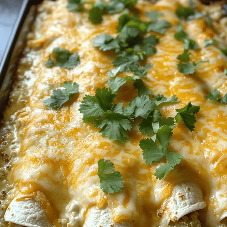 - Cooked chicken - Cooked quinoa - Mozzarella cheese - Cheddar cheese - Olive oil - Onion - Garlic - Cream of mushroom soup - Alfredo sauce - Corn tortillas - Taco seasoning - Salt and pepper - Fresh cilantro These ingredients come together to create a rich and tasty dish. The cooked chicken provides a great protein base. I love using cooked quinoa for added texture and nutrition. The mix of mozzarella and cheddar cheese gives a creamy and cheesy flavor that everyone enjoys. - Alternative proteins: If you prefer, you can use turkey or tofu instead of chicken. Both work well in this dish and keep the flavors rich. - Gluten-free options: For a gluten-free meal, choose corn tortillas that are certified gluten-free. You can also use brown rice instead of quinoa for a different twist. These substitutions allow you to customize the recipe to fit your needs without losing the deliciousness. Enjoy experimenting! 1. Preheat the oven: Start by preheating your oven to 350°F (175°C). This step is key for even cooking. 2. Sauté onion and garlic: In a skillet, add one tablespoon of olive oil. Heat it over medium heat. Once hot, add one small diced onion and two minced garlic cloves. Stir and cook for about 3-4 minutes until soft and fragrant. This mix adds great flavor to your enchiladas. 1. Filling corn tortillas: In a large bowl, combine 2 cups of shredded cooked chicken, 1 cup of cooked quinoa, half of the mozzarella cheese, half of the cheddar cheese, 1 teaspoon of taco seasoning, one can of cream of mushroom soup, and 1 cup of Alfredo sauce. Mix well. Taste and adjust with salt and pepper. 2. Arranging in the baking dish: Lightly grease your baking dish. Take one corn tortilla, spoon about 1/4 cup of the chicken mixture onto it, and roll it up tightly. Place the filled tortilla seam-side down in the dish. Repeat this process until you use all the filling. 1. Covering and baking: Pour any leftover Alfredo sauce over the top of the enchiladas. Then, sprinkle the remaining mozzarella and cheddar cheese on top. Cover the baking dish with aluminum foil. Bake in your preheated oven for about 20 minutes. 2. Final touches without foil: After 20 minutes, remove the foil and bake for an additional 10-15 minutes. You want the cheese to be bubbly and golden. Once done, let it cool for a few minutes before serving. Garnish with fresh cilantro for a nice touch. For the full recipe, refer to the complete instructions above. Enjoy your delicious Chicken and Cheese Enchiladas Alfredo Bake! To avoid soggy tortillas, use fresh corn tortillas. Warm them in a pan for a few seconds. This helps them stay firm when you fill and roll them. If you use cold tortillas, they may tear or get mushy. To ensure even cooking, arrange the enchiladas snugly in the baking dish. This helps them cook at the same rate. Cover the dish with foil for the first part of baking. This traps heat and moisture, cooking the filling well. For serving suggestions, cut the baked enchiladas into squares. This makes it easy for guests to take a piece. Serve with a side of beans or a fresh salad. For garnishing ideas, sprinkle fresh cilantro on top. You can also add a dollop of sour cream or avocado slices. These toppings add color and flavor. They make your dish look even more appetizing. {{image_2}} You can make this dish even better by adding vegetables. Try spinach, bell peppers, or zucchini. They add great taste and color. Just sauté them with the onion and garlic. This way, they soften and blend well into the filling. For a spicy kick, use jalapeños or diced green chilies. Mix them into the chicken filling. You can also sprinkle some chili powder for more heat. Adjust the spice to fit your taste. If you want a richer flavor, try making homemade Alfredo sauce. Use butter, heavy cream, and Parmesan cheese. This sauce has a fresh taste that beats store-bought versions. Just melt the butter, add cream, and whisk in cheese until smooth. Other cream sauces work well too. Try using a white sauce or even a cheese sauce. Both options can enhance the dish's creaminess. Just remember to keep the flavors balanced with the chicken and cheese. For the full recipe, check out the details above. To keep your Chicken and Cheese Enchiladas Alfredo Bake fresh, refrigerate them. Place leftovers in an airtight container. They can stay in the fridge for about 3 to 4 days. If you want to store them longer, freezing is a great option. Wrap the enchiladas tightly in plastic wrap, then place them in a freezer-safe container. This way, they can last for up to 3 months. When you want to eat them again, just take them out of the freezer and let them thaw in the fridge overnight. When it's time to enjoy your leftovers, you have a few good options. The best method is to reheat them in the oven. Preheat your oven to 350°F (175°C). Place the enchiladas in a baking dish and cover them with foil. Bake for about 20 minutes or until heated through. You can also use a microwave for a quick meal. Just place them on a microwave-safe plate and heat for 1-2 minutes. To avoid rubbery cheese, add a splash of milk or extra Alfredo sauce before reheating. This helps keep the cheese creamy and delicious. Enjoy your tasty enchiladas, even after a few days! Can you make it ahead? Yes, you can make Chicken and Cheese Enchiladas Alfredo Bake ahead of time. Assemble the dish, cover it, and store it in the fridge. When you’re ready, just bake it. This saves time on busy days. How do you make enchiladas not fall apart? To keep enchiladas intact, use warm tortillas. Warm tortillas are soft and more flexible. Fill them moderately. Too much filling can cause them to break. Roll them tightly and place them seam-side down in the dish. What to do if the sauce is too thick? If your sauce is too thick, simply add a splash of milk or broth. This will help thin it out. Stir well until you reach the desired consistency. A smoother sauce spreads better over the enchiladas. How to fix burnt cheese on top? If cheese burns, cover the dish with foil. This helps prevent further burning. Bake for a few more minutes until the cheese melts nicely. If it’s already burnt, it’s best to scrape off the top layer for a fresh taste. What to serve with Chicken and Cheese Enchiladas Alfredo Bake? You can serve this dish with a fresh salad or guacamole. A side of rice also pairs well. These options add color and flavor to your meal. Meal pairing suggestions. Try serving with black beans or corn on the side. You could also include tortilla chips for some crunch. These sides complement the creamy enchiladas nicely. This blog post guided you through making Chicken and Cheese Enchiladas Alfredo. We covered the essential ingredients, tasty substitutions, and easy steps for preparing them. I shared tips for cooking and serving, plus how to store leftovers. You can also explore variations and ask common questions. Incorporating these ideas will help you create a delicious meal. Have fun experimenting with flavors and techniques! Your kitchen adventures are just beginning.