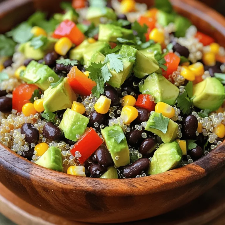 To make this vibrant Black Bean Quinoa Salad, gather the following ingredients: - 1 cup quinoa, rinsed - 2 cups vegetable broth or water - 1 can (15 oz) black beans, drained and rinsed - 1 red bell pepper, diced - 1 cup corn (fresh or frozen) - 1 small red onion, finely chopped - 1 avocado, diced - 1/4 cup fresh cilantro, chopped - Juice of 2 limes - 3 tablespoons olive oil - 1 teaspoon cumin - Salt and black pepper to taste - 1/2 teaspoon cayenne pepper (optional for heat) These ingredients blend together to create a dish full of flavor and nutrients. If you need to change some ingredients, here are some easy swaps: - Quinoa: Use brown rice or bulgur for a different grain. - Black Beans: Chickpeas or kidney beans work well too. - Red Bell Pepper: Try yellow or green peppers for variety. - Corn: You can use peas if corn isn’t available. - Avocado: Substitute with diced mango for a sweet twist. - Lime Juice: Lemon juice is a great alternative. These substitutions keep the salad tasty while fitting your needs. This salad is not only delicious but also healthy. Here’s a rough breakdown per serving: - Calories: Approximately 250 - Protein: 8 grams - Carbohydrates: 40 grams - Dietary Fiber: 10 grams - Fat: 8 grams Black beans and quinoa provide protein and fiber. This dish is great for a light meal or side. Enjoy your fresh and flavorful delight! You can find the Full Recipe for detailed steps. First, rinse 1 cup of quinoa under cold water. This helps remove any bitter taste. Next, combine the quinoa with 2 cups of vegetable broth or water in a medium pot. Bring this mixture to a boil over medium-high heat. Once it boils, lower the heat, cover, and let it simmer for about 15 minutes. After 15 minutes, the quinoa should be fluffy and all the liquid gone. Use a fork to fluff it up and set it aside to cool. In a large mixing bowl, add the following ingredients: - 1 can (15 oz) black beans, drained and rinsed - 1 red bell pepper, diced - 1 cup corn (fresh or frozen) - 1 small red onion, finely chopped - 1 avocado, diced - 1/4 cup fresh cilantro, chopped Stir these ingredients together gently. This mix adds color and flavor to your salad. In a separate small bowl, whisk together: - Juice of 2 limes - 3 tablespoons olive oil - 1 teaspoon cumin - Salt and black pepper to taste - 1/2 teaspoon cayenne pepper (optional for heat) Make sure to mix it well until it is smooth. This dressing adds zest to the salad. Once the quinoa has cooled, add it to the bowl with the bean and vegetable mix. Next, drizzle the dressing over everything. Gently toss until all the ingredients are well combined. Taste the salad and adjust the seasoning. If you want more flavor, add more salt, pepper, or lime juice. Let the salad sit for at least 15 minutes. This resting time helps the flavors blend. You can find the full recipe in the previous section. Enjoy your fresh and flavorful Black Bean Quinoa Salad! To cook quinoa just right, rinse it first. Rinsing removes bitter saponins. Use two cups of liquid for every cup of quinoa. Bring the liquid to a boil, then lower the heat. Cover and simmer for about fifteen minutes. When done, let it cool before mixing it into your salad. Fluff it with a fork to keep it light and airy. To boost flavor, use vegetable broth instead of water. It adds a rich taste. You can also add spices like cumin or cayenne for a kick. Fresh herbs like cilantro brighten the dish. If you want crunch, try adding chopped nuts or seeds. For sweetness, diced mango or pineapple works well. These additions make your salad unique and tasty. Serve the salad cold or at room temperature. It looks great in a clear bowl to show off the colors. You can add extra avocado slices on top for a nice finish. Drizzling extra lime juice just before serving enhances the flavor. Pair the salad with grilled chicken or fish for a full meal. For a light lunch, enjoy it on its own. Check out the full recipe to explore more serving ideas! {{image_2}} You can easily make this salad vegan. All the ingredients are already plant-based. Just make sure your vegetable broth is vegan. You can also add more veggies like zucchini or carrots for extra flavor and nutrients. This salad is naturally gluten-free. Quinoa is a great grain choice. If you want to enhance the texture, add chopped nuts like almonds or walnuts. Just check that your canned black beans don’t contain any gluten. You can change the veggies based on the season. In summer, add fresh tomatoes or cucumbers. In fall, try roasted sweet potatoes or butternut squash. This flexibility keeps the salad fresh and exciting. Use the Full Recipe to get started on these tasty variations! To store leftover Black Bean Quinoa Salad, place it in an airtight container. This keeps the salad fresh and prevents it from drying out. Make sure to cover it well. Store it in the fridge for up to three days. To keep the ingredients fresh, store them separately if possible. For example, keep the avocado out until you serve the salad. This prevents browning and keeps your salad looking vibrant. Always rinse and dry beans before storing to avoid excess moisture. You can freeze the quinoa salad, but it's best to freeze just the quinoa and beans. Mix them together before freezing. When you're ready to eat, thaw them in the fridge overnight. After thawing, add fresh veggies and dressing for the best taste. To make your salad more filling, add more protein. You can mix in grilled chicken or shrimp. Tofu or tempeh also works well for a plant-based option. Adding nuts or seeds boosts protein and healthy fats too. Try topping it with some feta cheese for extra flavor. Yes, you can prepare this salad ahead of time. Make it up to a day in advance. Just store it in the fridge. The flavors will blend well overnight. Keep the avocado separate until you serve it. This way, it stays fresh and green. This salad pairs well with many dishes. Serve it with grilled fish or chicken for a complete meal. It also complements tacos or burritos nicely. For a lighter option, enjoy it with a vegetable soup. The salad adds a nice crunch and flavor contrast. Yes, this salad can get better with time. As it sits, the flavors mingle and deepen. The quinoa absorbs the dressing, making each bite tasty. Just remember to stir well before serving. This helps to bring everything back together. For the full recipe, check this out: [Full Recipe]. This blog post guides you through making a tasty black bean quinoa salad. You learned about the key ingredients and some useful substitutions. I shared step-by-step instructions for preparation, mixing, and combining the salad. You also found tips for cooking quinoa perfectly and ideas for serving. I covered variations to fit different diets and storage information to keep the salad fresh. In closing, enjoy experimenting with this salad. It's healthy, easy, and fits many tastes.