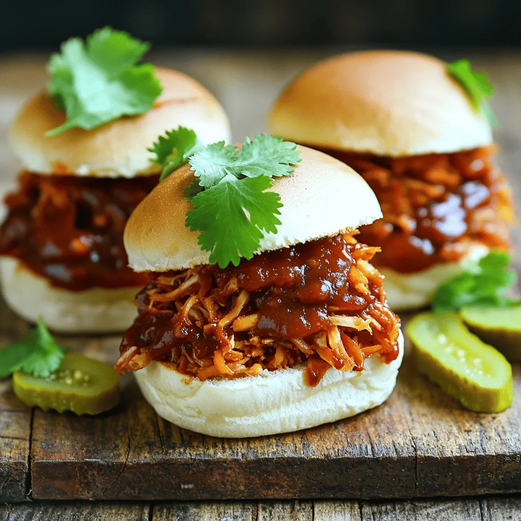- Young green jackfruit (2 cans) - Olive oil (1 tablespoon) - Diced onion (1 small) - Minced garlic (3 cloves) - BBQ sauce (1 cup) - Smoked paprika (1 teaspoon) - Cumin (½ teaspoon) - Salt and pepper - Slider buns (6) - Fresh cilantro for garnish - Pickles (optional) For the best BBQ jackfruit sliders, you need young green jackfruit. This type is firm and has a mild taste. Avoid ripe jackfruit, as it becomes sweet and mushy. You can find canned young green jackfruit in most grocery stores. Look for it packed in water, not syrup. Next, grab some olive oil, diced onion, and minced garlic. These add great flavor to the dish. BBQ sauce is also key. You can use your favorite brand or make your own. Smoked paprika and cumin bring a warm, smoky taste. Add salt and pepper to suit your liking. For the sliders, you will need six mini buns. Soft slider buns work best. They hold the jackfruit well and make for easy eating. Finally, fresh cilantro adds a nice touch of color and flavor. Pickles can give a crunchy contrast, but they are optional. With these ingredients ready, you're set to create delicious BBQ jackfruit sliders. Check out the Full Recipe for detailed steps on bringing it all together! To start, you need to shred the jackfruit. Take the jackfruit out of the can and drain it well. Rinse it under cold water. Then, use your hands or forks to pull it apart into small pieces. You want it to look like pulled pork. Be careful to discard any hard core pieces. These pieces won’t taste good in your sliders. Next, grab a large skillet and heat the olive oil over medium heat. Add the diced onion to the skillet. Sauté the onion for about 5 minutes. You want it to become soft and clear. Then, add the minced garlic and stir it in. Sauté the garlic for one more minute. You don’t want it to burn. Now, add the shredded jackfruit to the skillet. Mix in the smoked paprika, cumin, salt, and pepper. Stir well to coat the jackfruit. Pour in your BBQ sauce and mix everything together. Let the filling simmer for about 15 to 20 minutes. Stir it occasionally. This helps the jackfruit soak up all those tasty flavors. While the jackfruit cooks, preheat your oven to 350°F (175°C). Slice your slider buns in half. Place them on a baking sheet and toast them in the oven for about 5 minutes. You want them slightly crispy. Now, let’s assemble those sliders! Take the bottom half of each bun. Spoon a generous amount of the BBQ jackfruit mixture onto each bun. Top with fresh cilantro leaves and add pickles if you like them. Finally, place the top half of the buns on each slider. Enjoy your BBQ jackfruit sliders! For a full recipe, check the details above. To get the best texture for your BBQ jackfruit sliders, focus on shredding. Use your hands or forks to pull apart the jackfruit until it looks like pulled pork. This step is key. The more you shred, the better the texture. For flavor, choose the right BBQ sauce. I love a smoky sauce with a hint of sweetness. Look for sauces that have natural ingredients. Brands that use less sugar work well too. You can also make your own BBQ sauce to match your taste. When serving your sliders, think about sides. Crispy coleslaw pairs great with the sliders. You can also serve baked sweet potato fries or grilled corn. These sides add color and crunch to your meal. For presentation, arrange the sliders on a large platter. Add fresh cilantro on top for a pop of green. You can also place pickles on the side for a tangy bite. This makes your dish more inviting and fun. For the full recipe, check out the detailed instructions above. {{image_2}} You can switch up the sauce to change the flavor. Try spicy BBQ sauce for a kick. You can also use teriyaki sauce for a sweeter taste. Add some chili powder for heat or smoked chipotle for a smoky flavor. You can change the type of sliders too. Use whole wheat buns for a healthier option. For a fun twist, try using lettuce wraps instead of buns. This keeps it light and fresh. You can even use mini corn tortillas for a unique touch. If you need gluten-free options, use gluten-free slider buns. Many stores sell these now, and they taste great. You can also use lettuce leaves, which work well and add crunch. For vegan-friendly toppings, try avocado slices or fresh jalapeños. You can also add a tangy slaw made from cabbage and carrots. This adds texture and flavor. Another great option is vegan mayo for creaminess. These variations help make BBQ jackfruit sliders fun and suitable for everyone. You can mix and match to fit your tastes and needs. For more details, check the Full Recipe. To store leftovers, first cool the BBQ jackfruit completely. Place it in an airtight container. Store it in the fridge for up to 4 days. If you want to keep it longer, freezing is a great option. For freezing, use freezer-safe bags or containers. Make sure to remove any excess air to avoid freezer burn. You can freeze jackfruit for up to 3 months. When you are ready to eat it, thaw in the fridge overnight. For reheating, you have two main options: microwave or oven. Microwave: Place the jackfruit in a microwave-safe dish. Cover it with a lid or wrap. Heat for about 1-2 minutes, stirring halfway through. Make sure it’s hot all the way through. Oven: Preheat your oven to 350°F (175°C). Place the jackfruit in an oven-safe dish and cover with foil. Heat for about 10-15 minutes, stirring once. This keeps it moist and tasty. Now, you are ready to enjoy those BBQ jackfruit sliders again! For the full recipe, check out the details above. What is jackfruit and why is it used in vegan cooking? Jackfruit is a large tropical fruit. It has a meaty texture when young. This makes it a great meat substitute. You can shred it like pulled pork. Many people enjoy it in vegan dishes. It soaks up flavors from spices and sauces well. This quality makes jackfruit a favorite in plant-based recipes. Can I make these sliders ahead of time? Yes, you can prepare the jackfruit filling in advance. Cook it and let it cool. Store it in the fridge for up to three days. When ready to serve, reheat it on the stove or microwave. Toast the buns fresh to keep them crispy. How do I make homemade BBQ sauce for this recipe? To make BBQ sauce, mix these ingredients: - 1 cup ketchup - 2 tablespoons apple cider vinegar - 2 tablespoons brown sugar - 1 tablespoon Worcestershire sauce - 1 teaspoon smoked paprika - Salt and pepper to taste Stir all ingredients in a saucepan over low heat. Let it simmer for about 10 minutes. Adjust the taste as needed. This sauce adds a unique twist to your BBQ jackfruit sliders. For more details, check the Full Recipe. To wrap up, BBQ jackfruit sliders are a fun and tasty treat. We covered the key ingredients and steps to make them. You learned how to prepare, cook, and assemble your sliders. I shared tips for the best results and ways to enjoy them. You can experiment with variations and keep leftovers fresh. Now, you have everything you need to impress friends and family. Dive in and enjoy your delicious sliders!