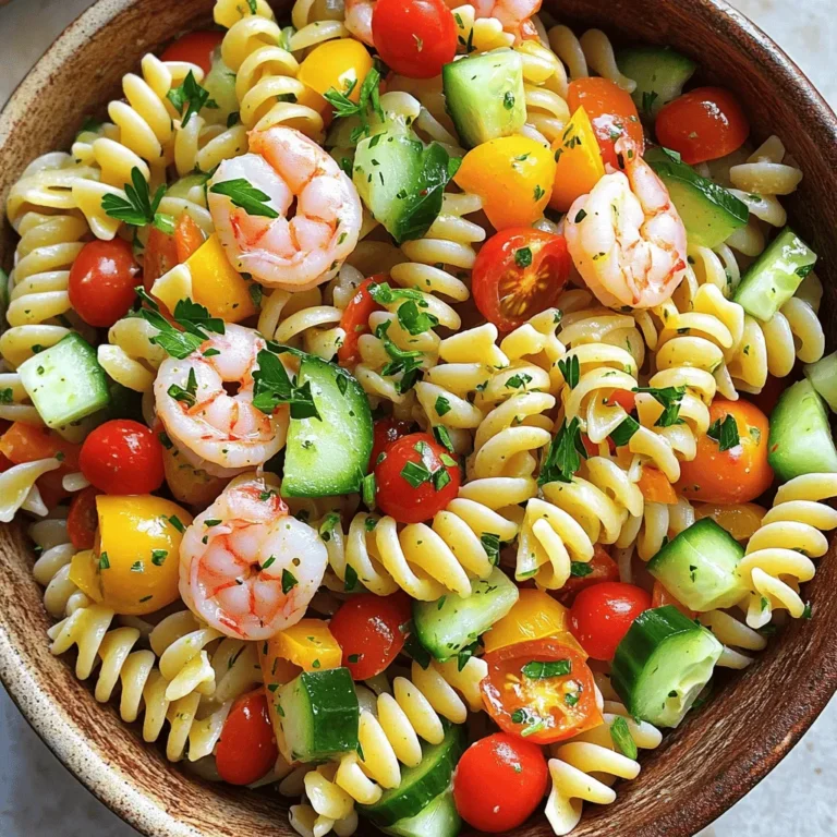To create a delightful shrimp pasta salad, gather these fresh ingredients: - 8 oz rotini pasta - 1 lb shrimp, peeled and deveined - 1 cup cherry tomatoes, halved - 1 cup cucumber, diced - ½ cup bell pepper, diced - ¼ cup red onion, finely chopped - 1 cup Italian dressing - 2 tablespoons freshly squeezed lemon juice - 1 teaspoon garlic powder - Salt and black pepper to taste - Fresh parsley or basil leaves for garnish These ingredients bring vibrant colors and flavors to your dish. The rotini pasta holds the dressing well, while the shrimp adds a nice protein boost. The tomatoes and cucumber provide freshness. Using Italian dressing brings that classic flavor, but feel free to make your own. Fresh lemon juice brightens everything up. For garnish, parsley or basil adds a pop of color and flavor. For the full recipe, make sure to check the instructions. This salad is perfect for a summer meal or a picnic. Enjoy putting it all together! First, bring a large pot of salted water to a boil. Salt helps the pasta taste better. Next, add 8 oz of rotini pasta. Cook it until al dente, which means it should still be firm when you bite it. This usually takes about 8-10 minutes. Once cooked, drain the pasta. Rinse it under cold water to stop the cooking process. This cooling step is key! While the pasta cooks, heat a skillet over medium heat and add a splash of olive oil. When the oil is hot, add 1 lb of shrimp. Cook the shrimp for about 2-3 minutes on each side. They should turn pink and opaque when done. This shows they are fully cooked. Season the shrimp with 1 teaspoon of garlic powder, salt, and black pepper while they cook. Once they look good, transfer the shrimp to a plate to cool. Now, take a large mixing bowl. Combine the cooled rotini pasta, cooked shrimp, 1 cup of halved cherry tomatoes, 1 cup of diced cucumber, ½ cup of diced bell pepper, and ¼ cup of finely chopped red onion. This mix adds color and flavor! Drizzle 1 cup of Italian dressing and 2 tablespoons of freshly squeezed lemon juice over the salad. Toss everything together until it's evenly coated. Make sure every piece is dressed and flavorful. This step-by-step process will help you create a delightful Shrimp Pasta Salad with Italian Dressing. For the full recipe, check the section above. - How to tell when shrimp are cooked: Shrimp turn pink and opaque when they are done. This usually takes about 2-3 minutes per side on medium heat. They should curl slightly but not tightly. Overcooked shrimp can become rubbery, so keep an eye on them. - Recommended seasoning variations: You can switch up the flavor by using different spices. Try Cajun seasoning for a kick, or lemon zest for brightness. A little smoked paprika adds depth, too. Just remember to sprinkle lightly, as shrimp have a mild taste. - Customize dressing options: While Italian dressing works great, you can experiment with other dressings. A balsamic vinaigrette adds sweetness, and a lemon olive oil dressing gives a fresh taste. Mix it up to find what suits your palate best. - Suggested additions for extra crunch: For a nice crunch, add ingredients like sliced radishes, chopped celery, or crushed nuts. These not only enhance texture but also add unique flavors. They can make your salad more exciting and satisfying. - Garnishing techniques: Garnishing makes your dish look appealing. A sprinkle of fresh parsley or basil adds color. You can also use lemon wedges on the side for a fresh touch. This simple step makes your salad more inviting. - Serving suggestions for parties: For gatherings, serve the salad in a large bowl. You can also use individual cups or jars for easy serving. This way, guests can grab their own portion without fuss. It’s fun and adds a personal touch to your presentation. For the full recipe, check out Shrimp Pasta Salad with Italian Zest. {{image_4}} You can change the protein in this salad. Shrimp works well, but chicken and tofu are great too. For chicken, grill or roast it first. Cut it into bite-sized pieces. If you prefer tofu, use firm tofu. Press it to remove water, then cube it and sauté until golden. Both options keep the salad tasty and filling. If you want a vegan option, use chickpeas or lentils. They add protein and fiber. This way, everyone can enjoy a delicious salad! The type of pasta you use can change the salad's texture. While rotini holds dressing well, you can use penne, farfalle, or fusilli. Each shape adds a unique twist. For those needing gluten-free options, use gluten-free pasta made from rice or quinoa. These alternatives taste great and keep the salad light. Incorporate fresh veggies based on the season. In summer, add sweet corn or zucchini. In fall, roasted butternut squash or kale works nicely. Seasonal ingredients not only add flavor but also enhance nutrition. You can adapt the recipe with fresh herbs too. Try basil in summer and thyme in winter. These small changes make a big difference in taste and keep your salad exciting! For the full recipe, check the details provided above. To keep your shrimp pasta salad fresh, store it in an airtight container. This helps seal in flavor and moisture. Make sure to place it in the fridge right after serving. It will stay good for 3 to 4 days. Always check for any signs of spoilage before eating. If you see any changes in color or smell, it's best to discard it. You can freeze shrimp pasta salad, but it may change in texture. The shrimp and veggies can get mushy when thawed. If you want to freeze it, divide the salad into small portions. Use freezer-safe containers or bags. When you’re ready to eat, thaw it in the fridge overnight. Avoid refreezing once it has thawed. Reheating pasta salad is easy, but I recommend being gentle. Use the microwave and heat in short bursts of 30 seconds. Stir in between to ensure even warming. You can also serve it cold, which keeps the flavors bright. If you reheat it, add a splash of fresh dressing or lemon juice to revive the taste. How long can shrimp pasta salad last in the fridge? Shrimp pasta salad can last for 3 to 4 days in the fridge. Make sure to store it in an airtight container. This keeps the salad fresh and tasty. Can I make shrimp pasta salad ahead of time? Yes, you can make shrimp pasta salad ahead of time. It tastes even better after chilling for a few hours. This lets the flavors mix well. Is this recipe suitable for meal prep? Absolutely! This recipe is great for meal prep. It keeps well and is easy to grab for lunch or dinner. What if I don't have Italian dressing? If you lack Italian dressing, you can make a quick mix. Combine olive oil, vinegar, herbs, and a pinch of salt. This will give you a similar taste. Alternatives for fresh ingredients You can swap fresh veggies for frozen ones. Just make sure to thaw and drain them first. You can also use canned shrimp if fresh shrimp is not available. What is the calorie content per serving? This shrimp pasta salad has about 350 calories per serving. This may vary based on the dressing and additional ingredients used. Are there ways to make this dish healthier? Yes! You can use whole grain pasta for more fiber. Adding more fresh veggies boosts nutrients. You can also reduce the amount of dressing to cut calories. This shrimp pasta salad is simple to make and very tasty. You start by cooking the pasta and shrimp, then mix them with fresh veggies. The right dressing and seasonings bring out great flavors. You can even swap shrimp for chicken or tofu if you like. For an easy meal prep or a party dish, this salad works well. Follow the tips for storage and reheating to keep it fresh. Enjoy your cooking and the smiles from everyone who tries it!