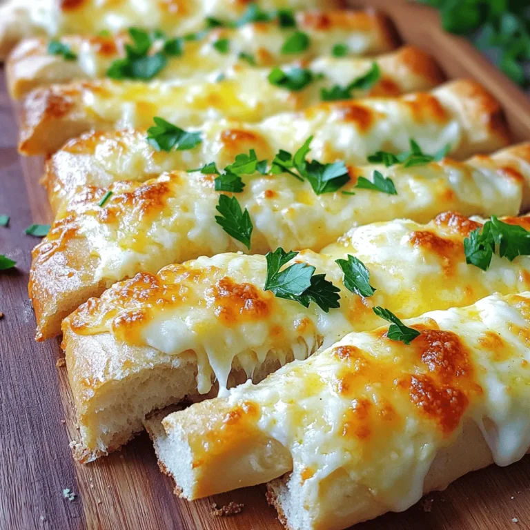 To make Cheesy Garlic Breadsticks, gather these items: - 1 cup warm water (110°F) - 2 teaspoons active dry yeast - 2 tablespoons sugar - 3 cups all-purpose flour - 1 teaspoon salt - 2 tablespoons olive oil - 4 tablespoons unsalted butter, melted - 4 cloves garlic, minced - 1 cup shredded mozzarella cheese - 1/2 cup grated Parmesan cheese - 1 teaspoon dried oregano - Fresh parsley, chopped (for garnish) These ingredients come together to create a tasty treat. The warm water helps the yeast rise, while the cheese gives that gooey, cheesy goodness. Want to up your cheesy garlic breadstick game? Here are a few optional ingredients to think about: - Red pepper flakes for heat - Italian seasoning for a blend of herbs - Fresh basil or rosemary for a fresh twist Adding these can make your breadsticks even more exciting. Experiment with what you like! Don’t have all the ingredients? No worries! Here are some swaps you can use: - Use bread flour instead of all-purpose flour for a chewier texture. - Try garlic powder instead of fresh garlic if you’re in a pinch. - Substitute any cheese you love for mozzarella or Parmesan. Cheddar works great! These substitutions keep the recipe flexible. You can still enjoy cheesy garlic breadsticks your way! For the full recipe, check out the entire guide. To start, gather your ingredients. You will need warm water, yeast, sugar, flour, salt, olive oil, and melted butter. In a bowl, mix the warm water, yeast, and sugar. Let it sit for about five minutes until it becomes frothy. This step wakes up the yeast, helping your dough rise. Next, in a mixing bowl, combine the flour and salt. Add the yeast mixture and olive oil. Mix it until a dough forms. It should not be sticky. Now, knead the dough on a floured surface for about five to seven minutes. This makes it smooth and elastic. Place it in a greased bowl, cover it, and let it rise in a warm spot for one hour, or until it doubles in size. After the dough has risen, it’s time to shape your breadsticks. Punch down the dough to release air. Roll it out into a rectangle on a floured surface. Make sure it is about half an inch thick. Transfer the dough to a parchment-lined baking sheet. In a small bowl, mix the melted butter, minced garlic, and oregano. Brush this mixture over the rolled dough. Next, sprinkle the mozzarella and Parmesan cheese evenly on top. Using a sharp knife or pizza cutter, slice the dough into breadstick shapes. Be careful not to cut all the way through; this keeps them attached at the bottom. Now, preheat your oven to 400°F (200°C). Once heated, bake the breadsticks for about 15 to 20 minutes. You want them golden and bubbly. For the best bake, keep a close eye on your breadsticks. Ovens can vary, so check them a few minutes early. If they look golden brown and smell amazing, they are likely done. Once they come out of the oven, drizzle any leftover garlic butter over the top. Garnish with chopped parsley for a fresh touch. Serve them warm to enjoy the gooey cheese and rich garlic flavor. For a fun twist, try pairing them with marinara sauce for dipping. You can find the Full Recipe to follow these steps easily. To boost the cheesy goodness, use more cheese. Add an extra half cup of mozzarella on top. You can also mix in different cheeses like cheddar or gouda. These will melt well and add flavor. For a fun twist, try adding cheese inside the dough before rolling it out. This secret step takes your breadsticks to a new level. Fluffy breadsticks come from good dough. Always knead the dough well for about 5-7 minutes. This helps develop gluten, which gives bread its rise. Let the dough rise in a warm place. This can be next to a radiator or in a sunny spot. Make sure the dough doubles in size before rolling it out. The longer you let it rise, the fluffier it will be. For a stronger garlic taste, use roasted garlic instead of fresh. Roasting softens the flavor and adds sweetness. You can also mix garlic powder into the dough for more flavor. Another idea is to sprinkle garlic salt on top before baking. This gives a nice finish and boosts the garlic flavor. If you love herbs, add chopped fresh basil or parsley for extra taste. For detailed steps, check the Full Recipe to make these delicious cheesy garlic breadsticks! {{image_2}} You can change the cheese to create new flavors. Try using cheddar for a sharp taste. Gouda adds a smoky flavor that many love. For a tangy twist, use feta cheese. Mixing cheeses can give you a unique and yummy breadstick. Use a blend of mozzarella and provolone for a creamy texture. The options are endless, so feel free to experiment. Adding herbs and spices can boost the flavor of your breadsticks. A little crushed red pepper can give a nice kick. You can also mix in some Italian seasoning for a classic taste. Fresh basil or thyme will make your breadsticks pop with flavor. If you like a stronger taste, try adding rosemary. These simple changes can elevate your breadsticks to a new level. If you need gluten-free breadsticks, you can still enjoy this recipe. Use a gluten-free flour blend that works well for baking. Make sure it has xanthan gum, as it helps give the dough structure. Follow the same steps as in the Full Recipe. Your gluten-free breadsticks will be just as cheesy and delicious. Enjoy the same taste without the gluten! Store your leftover cheesy garlic breadsticks in an airtight container. This keeps them fresh. You can leave them at room temperature for one day. If you want to keep them longer, place them in the fridge. They will stay good for up to four days in the fridge. Make sure to let them cool before sealing. To reheat your breadsticks, use the oven. Preheat it to 350°F (175°C). Place the breadsticks on a baking sheet. Heat them for about 10 minutes. This will make them warm and crispy again. You can also use the microwave. If using the microwave, heat for 20-30 seconds. This method will make them soft, but they won't be crispy. Freezing is a great option for longer storage. Allow the breadsticks to cool completely. Wrap each stick in plastic wrap. Place the wrapped sticks in a freezer bag. They can stay in the freezer for up to three months. To enjoy them later, thaw them overnight in the fridge. Reheat them in the oven for the best taste. For more details, check the Full Recipe. Cheesy garlic breadsticks last about 2 to 3 days when stored properly. Keep them in an airtight container at room temperature. If you want them to last longer, you can freeze them. They stay good for up to 3 months in the freezer. Yes, you can make these breadsticks ahead of time. Prepare the dough and let it rise. Then, shape the breadsticks but do not bake them yet. You can cover them with plastic wrap and place them in the fridge for up to 24 hours. When you're ready, let them sit at room temperature for about 30 minutes, then bake as usual. Serve cheesy garlic breadsticks warm for the best taste. You can place them on a cutting board or a nice platter. Pair them with marinara sauce or an herb dip for extra flavor. I love to sprinkle fresh parsley on top for a colorful touch. If you want to impress, serve them with a side of garlic butter for dipping. For the full recipe, check out the complete instructions above. We explored how to make delicious cheesy garlic breadsticks. You learned about key ingredients, easy steps, and useful tips for the best texture. Don’t forget variations like different cheeses or gluten-free options. Proper storage keeps them fresh longer. Remember to reheat for that tasty crunch. With these insights, you can create breadsticks that impress. Enjoy every bite as you share them with friends and family!