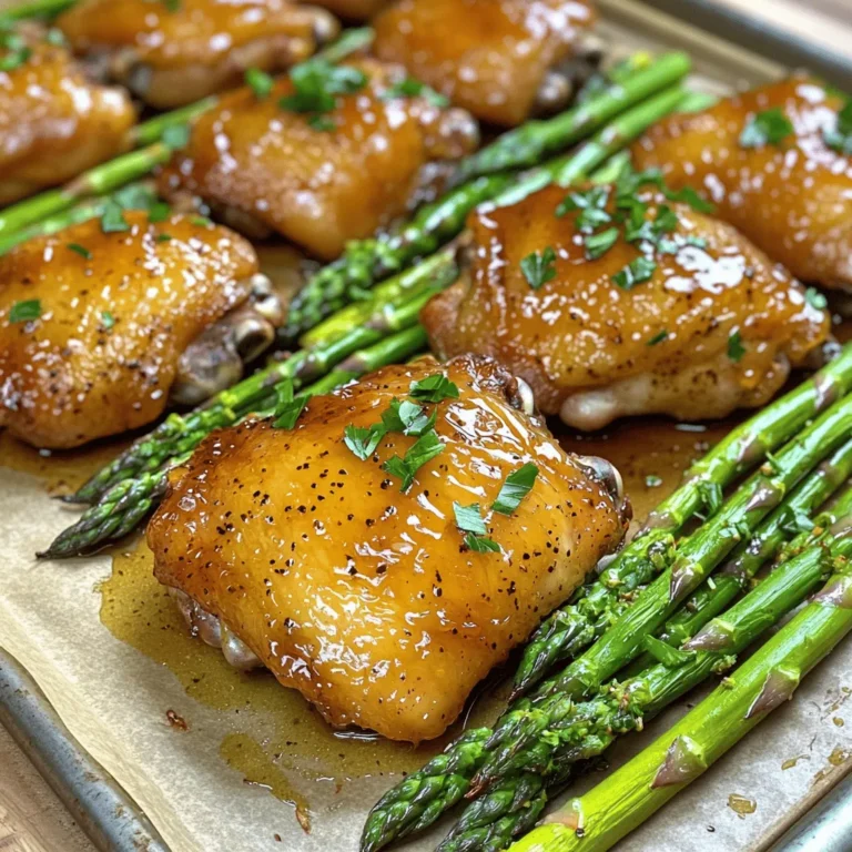 - 4 boneless, skinless chicken thighs - 2 tablespoons truffle honey - 2 tablespoons extra virgin olive oil - 1 tablespoon Dijon mustard - 1 teaspoon garlic powder - 1 pound fresh asparagus, woody ends trimmed - 1 tablespoon freshly squeezed lemon juice - Fresh parsley, chopped (for garnish) - Salt and freshly cracked black pepper, to taste - Alternative honey types like wildflower or clover - Different vegetables such as broccoli or green beans When creating your Truffle Honey Chicken with Asparagus, focus on fresh ingredients. The chicken thighs provide a juicy base. Truffle honey adds a unique, sweet flavor. You can play with different honey types for varied tastes. For vegetables, asparagus shines, but feel free to swap in seasonal options. The balance of flavors will make your dish stand out. To see the complete recipe and cooking steps, check the Full Recipe. - Preheat the oven: Start by turning your oven to 400°F (200°C). This helps the chicken roast well. - Combine marinade ingredients: In a small bowl, mix 2 tablespoons of truffle honey, 2 tablespoons of olive oil, 1 tablespoon of Dijon mustard, and 1 teaspoon of garlic powder. Add salt and pepper to taste. Whisk until smooth. - Coat chicken thighs: Place 4 boneless, skinless chicken thighs in a larger bowl. Pour the marinade over the chicken. Use your hands or a spatula to coat them well. - Recommended marinating time: Let the chicken sit for at least 15 minutes at room temperature. For more flavor, chill it in the fridge for up to 2 hours. - Prepare asparagus: While the chicken marinates, take 1 pound of fresh asparagus. Trim the woody ends and place them in a separate bowl. Add 1 tablespoon of olive oil, 1 tablespoon of lemon juice, and a sprinkle of salt and pepper. Toss to coat. - Arrange on baking sheet: Line a baking sheet with parchment paper. Place the marinated chicken thighs in the center. Spread the asparagus around the chicken. - Baking time and temperature: Roast the dish in the preheated oven for 25-30 minutes. The chicken should reach an internal temperature of 165°F (75°C) and the asparagus should be tender yet crisp. You can find the full recipe [here](#). Marinating chicken is key to great taste. It allows the flavors to blend well. I suggest marinating for at least 15 minutes. For deeper flavor, let it sit for 2 hours in the fridge. Fresh ingredients also make a big difference. Choose bright, crisp asparagus and quality truffle honey. This will elevate the dish. To make sure your chicken is cooked through, check its internal temperature. Aim for 165°F (75°C) to ensure safety. For the asparagus, cook it until tender but still crisp. This keeps the bright color and fresh taste. Do not overload the baking sheet. Give each piece enough space to roast evenly. Garnishing can make your dish stand out. A sprinkle of fresh parsley adds color and freshness. You can also drizzle some pan juices over the chicken. This enhances flavor and looks beautiful. Serve the chicken and asparagus on a large platter. This makes for an inviting presentation. For more ideas, check the full recipe and explore your creativity! {{image_4}} You can easily swap proteins in this dish. Try using shrimp or tofu for a fun twist. Each option brings a new texture and flavor. For veggies, consider seasonal choices like broccoli or bell peppers. They add color and nutrients to your plate. You can mix and match to keep things fresh and exciting. Want to change the taste? Consider adding herbs like thyme or rosemary. They enhance the dish with earthy notes. You can also adjust the sweetness. Add more truffle honey for a sweeter flavor or use less for a more savory bite. A splash of balsamic vinegar can add a nice acidity, balancing the sweetness. Not in the mood for baking? Try grilling the chicken for a smoky flavor. Just preheat your grill and cook until the chicken is done. You can also use an Instant Pot for quick cooking. Simply add the chicken and marinade, set it to high pressure, and cook for about 10 minutes. This method is fast and keeps the chicken juicy. Explore these variations to make Truffle Honey Chicken with Asparagus your own. For the full recipe, check out the details earlier in the article. To keep your Truffle Honey Chicken with Asparagus fresh, use these steps: - Refrigeration: Store leftovers in an airtight container. This keeps the chicken and asparagus moist. Place it in the fridge within two hours of cooking. - Freezing: If you want to freeze it, wrap the chicken and asparagus tightly in plastic wrap. Then, place them in a freezer-safe bag. This way, you can enjoy them later. To enjoy your meal again, follow these reheating tips: - Best methods: Use an oven or microwave to reheat. For the oven, preheat to 350°F (175°C) and heat for about 10-15 minutes. In the microwave, use medium power and heat in short bursts. - Ensuring quality: Make sure the chicken reaches 165°F (75°C) when reheating. This keeps it safe and tasty. Wondering how long your dish lasts? Here’s what you need to know: - How long will it last in the fridge?: It can stay fresh in the fridge for up to 3 days. - Signs of spoilage: Check for changes in color, smell, or texture. If anything seems off, don’t eat it. Always trust your senses! For the full recipe, check out the [Full Recipe] section above. You can enjoy this dish with several tasty sides. Here are some great options: - Rice: A fluffy white or brown rice pairs well with the chicken. - Potatoes: Mashed or roasted potatoes add heartiness. - Salad: A fresh green salad brings a nice crunch. - Bread: Crusty bread is perfect for soaking up the juices. These sides will balance the dish and enhance your meal. If you find the dish too sweet, you can adjust a few ingredients. Here’s how: - Use Less Truffle Honey: Cut the honey to one tablespoon. - Add More Lemon Juice: This will brighten the dish and balance sweetness. - Increase Dijon Mustard: A little extra mustard will add tanginess. Feel free to taste as you go. This way, you can find the perfect balance for your palate. Yes, you can prep this dish in advance. Here’s how to do it: - Marinate the Chicken: You can marinate it up to two hours ahead. - Prepare Asparagus: You can trim and season asparagus ahead of time. - Store in Fridge: Cover and keep the chicken and asparagus in the fridge. When you are ready to cook, just follow the baking steps. It makes dinner easier! Truffle honey gives a unique flavor, but you can substitute it. Here are some ideas: - Regular Honey: Use regular honey for sweetness without the truffle flavor. - Maple Syrup: This adds a different but pleasant sweetness. - Balsamic Glaze: It gives a sweet and tangy profile. Each substitute will change the dish, but it can still be delicious. In this blog post, I shared a delicious recipe for Truffle Honey Chicken with Asparagus. We covered the key ingredients, step-by-step instructions, and useful tips to enhance flavor. I provided options for ingredient swaps and variations for a personal touch. Lastly, I discussed storage and reheating tips to keep your meal fresh. This dish offers great taste and flexibility. Now, you can enjoy this meal any night of the week!