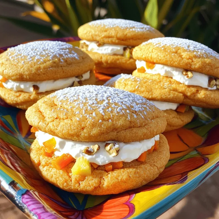 - 2 cups all-purpose flour - 1 teaspoon baking powder - 1 teaspoon baking soda - 1 teaspoon ground cinnamon - 1/2 teaspoon ground ginger - 1/2 teaspoon salt The dry ingredients are key to getting the right structure. The flour gives body, while the baking powder and baking soda help the whoopie pies rise. The spices add warmth and flavor, making the treats truly delicious. - 1 cup granulated sugar - 1 cup packed brown sugar - 1 cup vegetable oil - 4 large eggs These wet ingredients bring moisture and sweetness. The sugars create a rich taste, while the oil keeps the pies soft. Eggs bind everything together for the perfect texture. - 2 cups grated carrots (about 4 medium carrots) - 1/2 cup crushed pineapple, thoroughly drained - 1 teaspoon vanilla extract Grated carrots add natural sweetness and a lovely color. Pineapple gives a hint of tartness and keeps the cakes moist. Vanilla adds a warm, sweet note that enhances the flavor. - 8 oz cream cheese, softened at room temperature - 1/4 cup unsalted butter, softened at room temperature - 2 cups powdered sugar - 1 teaspoon vanilla extract - A pinch of salt The cream cheese filling is rich and tangy. It balances the sweetness of the whoopie pies. Mixing in butter and powdered sugar creates a smooth texture. A pinch of salt enhances the flavors, while vanilla rounds it out. For the complete recipe, check out the Full Recipe. - Preheat your oven to 350°F (175°C). - Line your baking sheets with parchment paper. This helps keep the whoopie pies from sticking. - In a medium bowl, whisk together the flour, baking powder, baking soda, ground cinnamon, ground ginger, and salt. - Make sure everything is well combined. This will give your cookies the right texture. - In a large bowl, mix the granulated sugar, brown sugar, and vegetable oil. Use an electric mixer to blend them until smooth. - Add the eggs one at a time, mixing well after each addition. This makes your batter light and fluffy. - Gradually add the dry mixture to the wet mixture. Mix on low speed until just combined; some lumps are okay. - Fold in the grated carrots and crushed pineapple. Add the vanilla extract for extra flavor. - Use a cookie scoop or tablespoon to drop rounded scoops of batter onto the prepared baking sheets. - Space them about 2 inches apart to allow for spreading during baking. - Bake for 12-15 minutes. The edges should be set, and the tops should spring back when touched. - While the cookies cool, prepare the filling. In a large bowl, beat the softened cream cheese and butter until creamy. - Gradually add the powdered sugar, mixing until the filling is smooth. Add the vanilla extract and a pinch of salt to enhance the flavor. - Once the cookies are fully cool, take one and spread a layer of cream cheese filling on the flat side. - Top it with another cookie, flat side down, to create a sandwich. - Repeat this with the remaining cookies until all the whoopie pies are assembled. For a special touch, dust them with powdered sugar. - For the full recipe, check out the detailed instructions. To make your whoopie pies soft, avoid overmixing the batter. Overmixing makes cookies tough. Mix just until the dry ingredients blend with the wet. A few lumps are fine. To know when cookies are done, look for set edges. Press the top gently. It should spring back. If it leaves a dent, bake a bit longer. For a pretty presentation, dust the whoopie pies with powdered sugar. You can also sprinkle chopped walnuts on top. This adds texture and looks great on a platter. Pair these sweet treats with milk or tea. A glass of cold milk balances the flavors. Tea adds warmth and comfort. You can add chopped nuts or raisins to the batter. This gives extra crunch and flavor. Try walnuts or pecans for a nutty touch. Using different spices can elevate your whoopie pies. Add nutmeg or allspice for a warm twist. A pinch of cloves can also deepen the flavor. For the full recipe, check out the Carrot Cake Whoopie Pies section above. {{image_4}} You can change the cream cheese filling to suit your taste. Try different flavors like lemon or orange. They add a zesty twist to your whoopie pies. If you want something lighter, use whipped cream instead. Whipped cream gives a fluffy texture that pairs well with the carrot cake base. For gluten-free options, use a gluten-free flour blend. This keeps the whoopie pies soft and tasty. If you need a vegan version, swap eggs with applesauce. Use a plant-based cream cheese for the filling. These adjustments make the treats enjoyable for everyone. Adding coconut brings a tropical vibe to your whoopie pies. Shredded coconut adds texture and sweetness. For chocolate lovers, consider adding cocoa powder to the batter. You can also use chocolate chips for extra richness. These combinations make each bite exciting and delicious. For the complete recipe, check out the [Full Recipe]. You can store carrot cake whoopie pies at room temperature. Place them in an airtight container. This keeps them soft and fresh. They stay good for about three days. If you want them to last longer, keep them in the fridge. To freeze whoopie pies, wrap each pie in plastic wrap. Then place them in a freezer bag. This extra layer keeps them fresh for up to three months. Label the bag with the date. When you're ready to eat them, just pull them out and let them thaw at room temperature. Enjoy whoopie pies at room temperature for the best taste. If you like them warm, heat them in the microwave for 10-15 seconds. This makes the cream cheese filling soft and yummy. You can serve them as is or dust with powdered sugar for a fun touch. For a little crunch, add chopped nuts on top! Check the Full Recipe for more fun ideas. To make carrot cake whoopie pies, start by mixing flour, baking powder, and spices. In another bowl, blend sugars, oil, and eggs. Combine both mixtures and fold in grated carrots and pineapple. Drop spoonfuls onto baking sheets and bake until set. While they cool, whip up a cream cheese filling. Assemble by spreading filling between two cookies. Yes, you can prepare the batter in advance. Just cover it and store it in the fridge for up to 24 hours. When ready to bake, let the batter sit at room temperature for a bit. Then, scoop and bake as usual. Whoopie pies last about 3 to 4 days at room temperature. Keep them in an airtight container to stay soft and fresh. You can also refrigerate them to extend their life by a few more days. You can find carrot cake whoopie pies at local bakeries and specialty shops. Some grocery stores may also carry them in their bakery section. If you prefer homemade, follow the full recipe to make your own! To freeze whoopie pies, wrap each one in plastic wrap. Then, place them in a freezer bag or container. They can last up to 3 months in the freezer. To enjoy, let them thaw in the fridge or at room temperature. Absolutely! You can use different fillings like chocolate ganache, vanilla buttercream, or whipped cream. Get creative with flavors to suit your taste. Just ensure the filling complements the carrot cake flavor for the best results. You learned how to make delicious carrot cake whoopie pies. We covered the ingredients, mixing, baking, and assembling steps. Tips and tricks helped you perfect the texture and enhance flavors. You explored variations for fillings and dietary needs. Finally, I provided storage info for your treats. These whoopie pies will impress family or friends. Enjoy baking and sharing these treats!