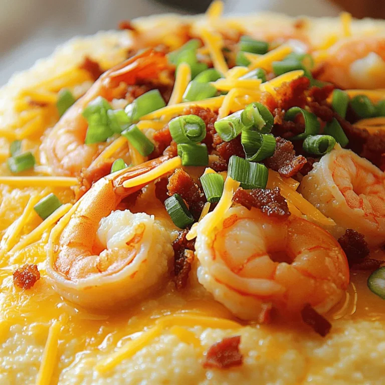 - 1 cup stone-ground grits (preferably) - 4 cups water or low-sodium chicken broth - 1 lb large shrimp, peeled and deveined - 1 cup sharp cheddar cheese, shredded The heart of shrimp and grits lies in its key ingredients. Stone-ground grits provide a rich, creamy base. They have a coarse texture that enhances the dish. You must use high-quality grits for the best flavor. Large shrimp add a nice sweetness and texture. They should be fresh and deveined for easy cooking. Sharp cheddar cheese brings a salty, rich taste that melts beautifully into the grits. This combination creates a comforting dish that warms the soul. - 4 slices turkey bacon, chopped - Sliced green onions, for garnish While the key ingredients are vital, optional ingredients can elevate your dish. Turkey bacon adds a crispy, smoky flavor. You can cook it in the same skillet as the shrimp. This adds depth and richness to your meal. Sliced green onions provide a fresh, crunchy contrast. They also add a pop of color to your plate. Feel free to add these for extra flair! - 1 teaspoon smoked paprika - ½ teaspoon cayenne pepper (adjust according to spice preference) Seasoning is crucial for flavor. Smoked paprika gives a warm, smoky taste. It enhances the shrimp and grits without overwhelming them. Cayenne pepper adds heat. You can adjust the amount based on your spice preference. Together, these seasonings create a balanced flavor that makes shrimp and grits truly delightful. The right seasoning can transform your dish from good to great! For the full recipe, check out the [Full Recipe]. First, you need to boil water or chicken broth. Use a medium saucepan for this. Bring it to a rolling boil over high heat. Once boiling, gradually whisk in 1 cup of stone-ground grits. This helps avoid lumps. After adding the grits, lower the heat to a gentle simmer. Cover the saucepan and cook for about 20-25 minutes. Stir occasionally until the grits become creamy. Once cooked, stir in 1 cup of sharp cheddar cheese. The cheese gives a rich flavor. Season with salt and pepper to taste. Keep the grits warm over low heat. While the grits cook, grab a large skillet. Heat it over medium heat and add 4 slices of chopped turkey bacon. Cook until crispy, turning occasionally. Use a slotted spoon to remove the bacon. Leave the bacon fat in the skillet. In the same skillet, add 1 small finely chopped onion. Sauté for about 4-5 minutes until soft and translucent. Next, stir in 2 minced garlic cloves, 1 teaspoon of smoked paprika, and ½ teaspoon of cayenne pepper. Cook for about a minute. This mix will smell amazing! Now, add 1 pound of peeled and deveined shrimp. Cook for 3-4 minutes, flipping halfway through. When the shrimp turn pink and opaque, they are ready. Season with salt and pepper to taste. Add 2 tablespoons of unsalted butter and stir gently until melted. To serve, spoon a generous helping of cheesy grits onto each plate. This creamy base is comforting and delicious. Top with the shrimp mixture. This allows all the flavors to blend nicely. Finally, sprinkle the crispy bacon over the dish. Garnish with sliced green onions for a pop of color and crunch. Enjoy this savory shrimp and grits delight! For the full recipe, check out the details above. Using stone-ground grits makes a big difference. They have a rich taste and great texture. These grits cook slowly, giving them a creamy finish. For added creaminess, mix in butter or cream. You can adjust the consistency by changing the liquid amount. If you like thicker grits, use less water. For smoother grits, add more liquid. Seasoning is key for great shrimp. I love using smoked paprika and cayenne pepper. These spices add depth and warmth. You can also try garlic powder or lemon zest for a fresh twist. Cook the shrimp just right; about 3-4 minutes is perfect. They should turn pink and opaque. Overcooking makes them tough, so keep an eye on them. Serving shrimp and grits nicely makes a big impact. Use a large white plate to make the colors pop. Start with a big scoop of cheesy grits as your base. Then, layer the shrimp mixture on top. For a final touch, sprinkle crispy turkey bacon over the dish. Add sliced green onions for color and crunch. Drizzling melted butter adds a nice shine too. These small details make your meal feel special. For the complete recipe, check the Full Recipe. {{image_4}} When it comes to shrimp and grits, the options are endless. You can play with flavors and ingredients to make this dish your own. - Adding andouille sausage: This spicy sausage brings a rich flavor. It adds a nice kick to the dish. Just slice it and sauté with the onions. The smoky taste works well with shrimp. - Using different types of cheese: While sharp cheddar is a classic choice, feel free to experiment. Gouda or pepper jack can give a new twist. Each cheese adds its own character to the creamy grits. - Cauliflower grits: If you're looking for a lighter option, try cauliflower grits. Simply steam cauliflower and blend it until smooth. It gives a similar texture with fewer carbs. - Low-sodium bacon options: You can still enjoy that savory flavor without too much salt. Turkey bacon or even tempeh can work well. These options keep the dish tasty while being healthier. - Cajun-style shrimp and grits: Bring the heat with Cajun spices. Use a blend of paprika, onion powder, and cayenne. This gives a vibrant flavor that will awaken your taste buds. - Incorporating international spices: Try adding spices like curry powder or turmeric. These spices offer a new take on shrimp and grits. They bring warmth and a touch of the exotic to your plate. Feel free to mix and match these ideas to create your perfect shrimp and grits. For the full recipe, check out the details in the main article. To keep your shrimp and grits fresh, store them in airtight containers. This method helps prevent moisture loss and keeps flavors intact. Place the leftovers in the fridge within two hours of cooking. They will stay fresh for up to three days. Beyond that, the shrimp may lose quality and texture. When reheating grits, add a splash of water or broth. This helps restore creaminess. Heat them slowly over low heat. Stir often to avoid sticking. For the shrimp, use a skillet on low heat. This method warms them gently, keeping them tender. Avoid microwaving shrimp as it can make them tough. You can freeze shrimp and grits, but it's best to freeze them separately. For grits, let them cool completely and then transfer to freezer-safe bags. They will last up to three months in the freezer. For shrimp, place them in a single layer on a baking sheet to freeze first. Once frozen, transfer to a bag. This prevents clumping. When ready to eat, thaw both in the fridge overnight. Reheat as described above for the best results. Shrimp and grits come from the Lowcountry of the southern U.S. It started as a breakfast dish for working-class folks. In the early days, fishermen ate shrimp with their grits. Grits are made from ground corn, a staple in southern cooking. Over time, this dish evolved into a beloved meal across the region. Today, chefs put their own spins on it, making it popular in fine dining. To amp up the heat, you can add more cayenne pepper. You can also try hot sauce, like Tabasco, for a kick. Consider diced jalapeños or red pepper flakes for a different flavor. If you prefer a smoky element, add chipotle peppers in adobo sauce. Remember to taste as you go, so you find the right level of heat for you. Yes, you can substitute grits with other grains. Polenta is a popular choice and has a similar texture. Quinoa can also work, offering a nutty flavor and extra protein. Another option is farro, which gives a chewy bite. Just adjust the cooking time and liquid according to the grain you choose. Several sides pair nicely with shrimp and grits. A fresh salad can add a crisp contrast. Consider a simple mixed green salad with a light vinaigrette. Roasted vegetables also work well, adding color and nutrition. You might enjoy collard greens or sautéed green beans for a classic southern touch. Try serving cornbread for a comforting side that complements the dish beautifully. In summary, shrimp and grits is a dish that blends flavor and comfort. We explored key ingredients, from stone-ground grits to large shrimp. I shared steps to prepare creamy grits and flavorful shrimp, plus tips to enhance the taste. You can customize variations like healthy options or Cajun styles. Lastly, I provided storage info to keep your leftovers fresh. Enjoy making this dish your own and impressing those at your table!